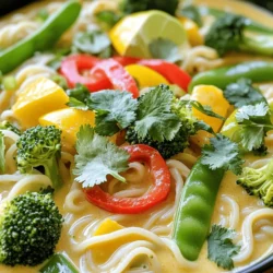 To make creamy coconut curry noodles, you need these simple ingredients: - 200g rice noodles - 1 can (400ml) coconut milk - 2 tablespoons red curry paste - 1 tablespoon soy sauce - 1 tablespoon brown sugar - 1 bell pepper (red or yellow), thinly sliced - 1 cup snow peas, trimmed - 1 cup broccoli florets - 1 tablespoon vegetable oil - Fresh cilantro leaves, for garnish - Lime wedges, for serving Want to jazz up your curry noodles? Here are some optional ingredients you can add: - Sliced green onions for a fresh crunch - Chopped peanuts for a nutty flavor - A dash of fish sauce for depth - Fresh ginger for a hint of spice Each serving of creamy coconut curry noodles packs a tasty punch. Here’s what you get: - Calories: Approximately 400 - Protein: 9g - Carbohydrates: 65g - Fat: 15g - Fiber: 5g This dish is rich in flavor and nutrients, making it a great choice for a satisfying meal. If you want the full recipe, check out the [Full Recipe]. Start by cooking the rice noodles. Follow the package instructions for timing. Once they are soft, drain them in a colander. Rinse the noodles under cold water to stop the cooking. This also helps keep them from sticking. Set these noodles aside for later. Next, grab a large skillet or wok. Pour in the vegetable oil and heat it over medium heat. When the oil shimmers, add the sliced bell pepper. Sauté the peppers for about 3-4 minutes. You want them to be slightly soft and bright. Now, add the red curry paste. Stir it in for about 1 minute. This helps release its wonderful aroma. Slowly add the coconut milk next. Pour in the soy sauce and brown sugar as well. Stir everything together until it blends well. Let the sauce simmer gently for about 2-3 minutes to deepen the flavors. Now it's time to add the veggies! Toss in the snow peas and broccoli florets. Stir-fry these vegetables for 3-4 minutes. They should be tender yet still have a bit of crunch. Gently fold in the cooked rice noodles into the skillet. Toss everything together carefully. Cook for another 2 minutes. This ensures the noodles warm up and soak in the creamy sauce. Once done, remove the skillet from heat. Serve the creamy coconut curry noodles warm. Garnish with fresh cilantro leaves and lime wedges. Enjoy this vibrant dish! For the full recipe, check the details above. To make perfect rice noodles, follow these steps: - Cook the noodles until just tender. - Drain them and rinse under cold water. - This stops the cooking and prevents stickiness. - Toss them lightly with a bit of oil. These steps give you a nice, chewy texture. You want the noodles to soak up the creamy sauce. To boost the flavor, consider these tips: - Add a splash of lime juice for zest. - A pinch of salt can enhance all the flavors. - Try fresh ginger for a spicy kick. - You can also toss in some garlic for depth. These small changes can make a big difference. Each ingredient adds its own unique taste. Garnishing makes your dish look great. Here are some ideas: - Top with fresh cilantro for a pop of color. - Lime wedges add freshness and brightness. - A drizzle of extra coconut milk looks appealing. - Sliced red chili peppers can add a nice touch. These garnishes make the dish inviting and fun to eat. They also add layers of flavor that complement the curry. For the full recipe, check out the earlier section! {{image_4}} You can make creamy coconut curry noodles vegan and gluten-free. To do this, use rice noodles, as they are both gluten-free and delicious. Swap soy sauce for tamari to keep it gluten-free. For a vegan option, make sure your red curry paste does not contain shrimp paste. Coconut milk provides a rich and creamy base. Adding protein makes this dish heartier. Tofu is an excellent plant-based choice. Cut firm tofu into cubes and sauté it until golden. For chicken, use boneless, skinless chicken thighs or breasts. Cook the chicken pieces until they are no longer pink. Shrimp is another great option. Just toss them in during the last few minutes of cooking. They will cook quickly and add a nice touch. Feel free to change up the veggies in your curry noodles. Carrots, spinach, or zucchini work well. You can also add mushrooms for a savory touch. Snow peas and broccoli are great, but don’t be afraid to get creative. Each veggie brings its own flavor and texture. Mix and match to find your favorite combination. For the full recipe, check out the Creamy Coconut Curry Noodles recipe section. When you have extra creamy coconut curry noodles, store them in an airtight container. Let the noodles cool down before sealing them up. This keeps them fresh. Place the container in the fridge. They can last for about three to four days. If you want to keep them longer, consider freezing. To reheat, you can use a microwave or stovetop. If using the microwave, place the noodles in a bowl and cover them with a damp paper towel. Heat in short bursts, stirring in between. This keeps the noodles moist. On the stovetop, add a splash of water in a skillet. Heat over low heat, stirring gently until warm. This method helps maintain the creamy texture. If you want to freeze your noodles, do it before adding the vegetables. Cook the noodles and let them cool. Place them in a freezer-safe bag, removing as much air as possible. They can last up to two months in the freezer. When you’re ready to eat, thaw them overnight in the fridge. Then, cook the veggies fresh for the best flavor. For the full recipe, check out the earlier section. Yes, you can use many types of noodles. You can try egg noodles, soba, or even udon. Each type brings a unique taste and texture to your dish. Just make sure you cook them according to the package instructions. You want them to be tender but not mushy. If you prefer gluten-free options, rice noodles are a great choice. To change the spice level, you can add or reduce red curry paste. If you like it mild, start with less paste. You can also add a little sugar to balance the heat. If you want it spicier, add chili flakes or fresh chili peppers. Always taste as you go. This way, you can find the right heat that suits your palate. Coconut milk is very versatile! You can use it in soups, curries, and desserts. Here are a few ideas: - Coconut Rice: Cook rice in coconut milk for a creamy side dish. - Dairy-Free Ice Cream: Blend coconut milk with fruits and freeze for a tasty treat. - Smoothies: Add it for a rich and creamy base. - Curry: Use it in different curry dishes for a rich flavor. For the full recipe of Creamy Coconut Curry Noodles, check the earlier section! This blog post showed you how to make creamy coconut curry noodles. You learned about essential and optional ingredients to boost flavor. The step-by-step instructions guide you to perfect noodles and sauce. You gained tips for texture and garnishes, along with variations for vegan and gluten-free options. Plus, you discovered storage tips for leftovers. Now you can impress family and friends with this simple, tasty dish. Enjoy your cooking journey and have fun experimenting!