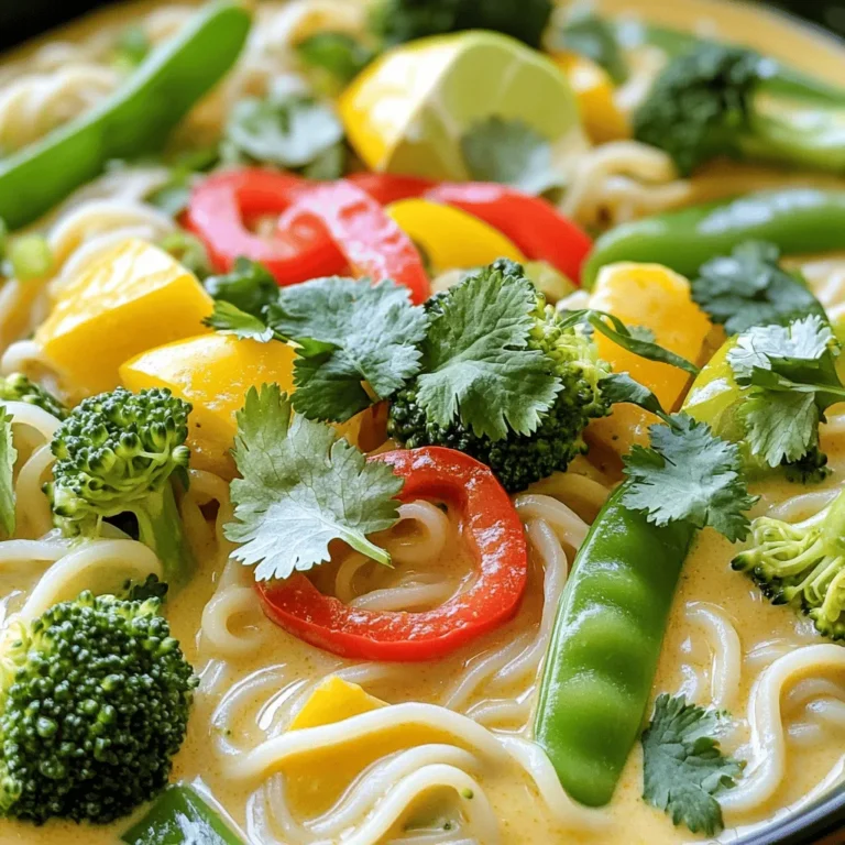 To make creamy coconut curry noodles, you need these simple ingredients: - 200g rice noodles - 1 can (400ml) coconut milk - 2 tablespoons red curry paste - 1 tablespoon soy sauce - 1 tablespoon brown sugar - 1 bell pepper (red or yellow), thinly sliced - 1 cup snow peas, trimmed - 1 cup broccoli florets - 1 tablespoon vegetable oil - Fresh cilantro leaves, for garnish - Lime wedges, for serving Want to jazz up your curry noodles? Here are some optional ingredients you can add: - Sliced green onions for a fresh crunch - Chopped peanuts for a nutty flavor - A dash of fish sauce for depth - Fresh ginger for a hint of spice Each serving of creamy coconut curry noodles packs a tasty punch. Here’s what you get: - Calories: Approximately 400 - Protein: 9g - Carbohydrates: 65g - Fat: 15g - Fiber: 5g This dish is rich in flavor and nutrients, making it a great choice for a satisfying meal. If you want the full recipe, check out the [Full Recipe]. Start by cooking the rice noodles. Follow the package instructions for timing. Once they are soft, drain them in a colander. Rinse the noodles under cold water to stop the cooking. This also helps keep them from sticking. Set these noodles aside for later. Next, grab a large skillet or wok. Pour in the vegetable oil and heat it over medium heat. When the oil shimmers, add the sliced bell pepper. Sauté the peppers for about 3-4 minutes. You want them to be slightly soft and bright. Now, add the red curry paste. Stir it in for about 1 minute. This helps release its wonderful aroma. Slowly add the coconut milk next. Pour in the soy sauce and brown sugar as well. Stir everything together until it blends well. Let the sauce simmer gently for about 2-3 minutes to deepen the flavors. Now it's time to add the veggies! Toss in the snow peas and broccoli florets. Stir-fry these vegetables for 3-4 minutes. They should be tender yet still have a bit of crunch. Gently fold in the cooked rice noodles into the skillet. Toss everything together carefully. Cook for another 2 minutes. This ensures the noodles warm up and soak in the creamy sauce. Once done, remove the skillet from heat. Serve the creamy coconut curry noodles warm. Garnish with fresh cilantro leaves and lime wedges. Enjoy this vibrant dish! For the full recipe, check the details above. To make perfect rice noodles, follow these steps: - Cook the noodles until just tender. - Drain them and rinse under cold water. - This stops the cooking and prevents stickiness. - Toss them lightly with a bit of oil. These steps give you a nice, chewy texture. You want the noodles to soak up the creamy sauce. To boost the flavor, consider these tips: - Add a splash of lime juice for zest. - A pinch of salt can enhance all the flavors. - Try fresh ginger for a spicy kick. - You can also toss in some garlic for depth. These small changes can make a big difference. Each ingredient adds its own unique taste. Garnishing makes your dish look great. Here are some ideas: - Top with fresh cilantro for a pop of color. - Lime wedges add freshness and brightness. - A drizzle of extra coconut milk looks appealing. - Sliced red chili peppers can add a nice touch. These garnishes make the dish inviting and fun to eat. They also add layers of flavor that complement the curry. For the full recipe, check out the earlier section! {{image_4}} You can make creamy coconut curry noodles vegan and gluten-free. To do this, use rice noodles, as they are both gluten-free and delicious. Swap soy sauce for tamari to keep it gluten-free. For a vegan option, make sure your red curry paste does not contain shrimp paste. Coconut milk provides a rich and creamy base. Adding protein makes this dish heartier. Tofu is an excellent plant-based choice. Cut firm tofu into cubes and sauté it until golden. For chicken, use boneless, skinless chicken thighs or breasts. Cook the chicken pieces until they are no longer pink. Shrimp is another great option. Just toss them in during the last few minutes of cooking. They will cook quickly and add a nice touch. Feel free to change up the veggies in your curry noodles. Carrots, spinach, or zucchini work well. You can also add mushrooms for a savory touch. Snow peas and broccoli are great, but don’t be afraid to get creative. Each veggie brings its own flavor and texture. Mix and match to find your favorite combination. For the full recipe, check out the Creamy Coconut Curry Noodles recipe section. When you have extra creamy coconut curry noodles, store them in an airtight container. Let the noodles cool down before sealing them up. This keeps them fresh. Place the container in the fridge. They can last for about three to four days. If you want to keep them longer, consider freezing. To reheat, you can use a microwave or stovetop. If using the microwave, place the noodles in a bowl and cover them with a damp paper towel. Heat in short bursts, stirring in between. This keeps the noodles moist. On the stovetop, add a splash of water in a skillet. Heat over low heat, stirring gently until warm. This method helps maintain the creamy texture. If you want to freeze your noodles, do it before adding the vegetables. Cook the noodles and let them cool. Place them in a freezer-safe bag, removing as much air as possible. They can last up to two months in the freezer. When you’re ready to eat, thaw them overnight in the fridge. Then, cook the veggies fresh for the best flavor. For the full recipe, check out the earlier section. Yes, you can use many types of noodles. You can try egg noodles, soba, or even udon. Each type brings a unique taste and texture to your dish. Just make sure you cook them according to the package instructions. You want them to be tender but not mushy. If you prefer gluten-free options, rice noodles are a great choice. To change the spice level, you can add or reduce red curry paste. If you like it mild, start with less paste. You can also add a little sugar to balance the heat. If you want it spicier, add chili flakes or fresh chili peppers. Always taste as you go. This way, you can find the right heat that suits your palate. Coconut milk is very versatile! You can use it in soups, curries, and desserts. Here are a few ideas: - Coconut Rice: Cook rice in coconut milk for a creamy side dish. - Dairy-Free Ice Cream: Blend coconut milk with fruits and freeze for a tasty treat. - Smoothies: Add it for a rich and creamy base. - Curry: Use it in different curry dishes for a rich flavor. For the full recipe of Creamy Coconut Curry Noodles, check the earlier section! This blog post showed you how to make creamy coconut curry noodles. You learned about essential and optional ingredients to boost flavor. The step-by-step instructions guide you to perfect noodles and sauce. You gained tips for texture and garnishes, along with variations for vegan and gluten-free options. Plus, you discovered storage tips for leftovers. Now you can impress family and friends with this simple, tasty dish. Enjoy your cooking journey and have fun experimenting!