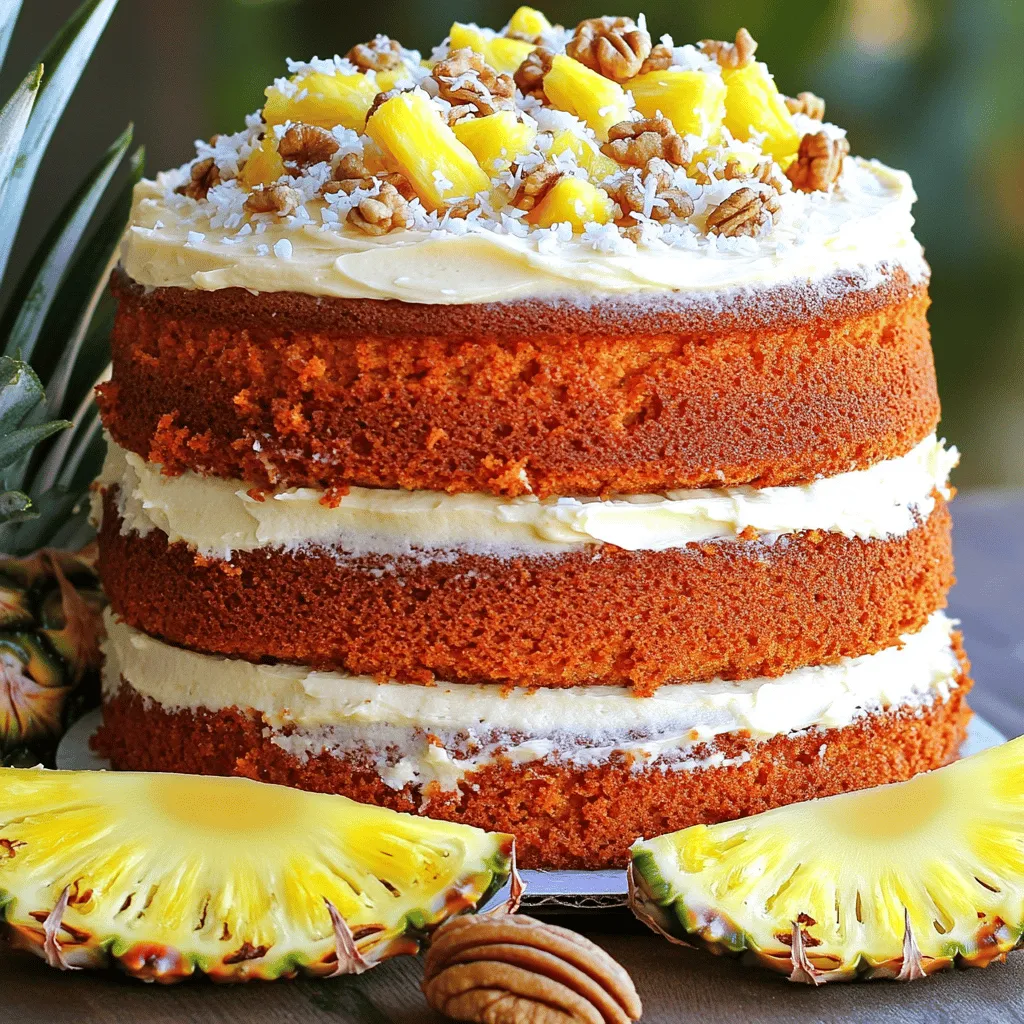 To bake this moist and tasty tropical pineapple carrot cake, gather the following ingredients: - 2 cups all-purpose flour - 1 ½ teaspoons baking powder - 1 teaspoon baking soda - 1 teaspoon ground cinnamon - ½ teaspoon ground nutmeg - ½ teaspoon salt - 1 cup granulated sugar - ½ cup packed brown sugar - 1 cup vegetable oil - 4 large eggs - 2 cups finely grated carrots (approximately 4 medium carrots) - 1 cup crushed pineapple, well-drained - 1 teaspoon vanilla extract - ½ cup chopped walnuts or pecans (optional) - ½ cup shredded coconut (optional) You can add even more flavor to your cake. Here are some optional items: - ½ cup chopped walnuts or pecans - ½ cup shredded coconut These ingredients add crunch and texture. They also enhance the tropical taste. Feel free to adjust these based on your preference. To make this cake, you will need some basic tools: - Two 9-inch round cake pans - Mixing bowls (one medium, one large) - Whisk - Spatula or wooden spoon - Measuring cups and spoons - Toothpick (to test if the cake is done) - Wire rack (for cooling) Having the right tools makes the baking process smooth. You can find many of these items in your kitchen. If you want the full recipe, you can refer to the earlier section. Make sure you have everything ready before you start! First, preheat your oven to 350°F (175°C). This step gets your oven ready for baking. While it warms up, prepare two 9-inch round cake pans. Grease them with butter or oil, then dust them with flour. You can also line the bottoms with parchment paper. This makes it easier to take out the cakes later. In a medium bowl, sift together the dry ingredients. Use 2 cups of all-purpose flour, 1 ½ teaspoons of baking powder, 1 teaspoon of baking soda, 1 teaspoon of ground cinnamon, ½ teaspoon of ground nutmeg, and ½ teaspoon of salt. Mixing these well helps the cake rise evenly. Take a large mixing bowl and add 1 cup of granulated sugar and ½ cup of packed brown sugar. Pour in 1 cup of vegetable oil. Use a whisk to mix these until smooth. This step creates a sweet base for your cake. Now, crack 4 large eggs into the sugar-oil mixture. Add them one by one. Beat well after each egg. This helps to create a fluffy texture. Stir in 1 teaspoon of vanilla extract for added flavor. Gradually add your dry ingredients to the wet mixture. Use a spatula or wooden spoon. Stir gently until just combined. Be careful not to over-mix. This keeps the cake light and airy. Next, fold in the fun stuff! Add 2 cups of finely grated carrots and 1 cup of well-drained crushed pineapple. If you like, you can also add ½ cup of chopped walnuts or pecans, and ½ cup of shredded coconut. Make sure everything is mixed evenly. Now, divide the batter evenly between your prepared cake pans. Smooth the tops with a spatula. Place the pans in the preheated oven. Bake for 30-35 minutes. To check, insert a toothpick into the center. It should come out clean when done. Once baked, let the cakes cool in the pans for about 10 minutes. Use a knife to gently run around the edges. This helps them come out easily. Flip them onto a wire rack to cool completely. Once cool, frost them with your favorite cream cheese frosting. For the full recipe on frosting, check out the Full Recipe. Enjoy your delightful tropical treat! To keep your cake moist, use fresh, well-drained crushed pineapple. This adds sweetness and moisture. Grating carrots finely also helps. The smaller pieces distribute better, ensuring a moist bite in every slice. Mix wet and dry ingredients gently. Over-mixing can lead to a dense cake, which is not what you want. Stir until just combined and then fold in the carrots and pineapple. This keeps the texture light and fluffy. For a smooth frosting, ensure your cream cheese and butter are at room temperature. Beat them until creamy and add powdered sugar slowly. This helps prevent lumps. Use a spatula to spread an even layer on the cake. Top with toasted coconut or nuts for a beautiful touch. For the complete recipe, check the Full Recipe. {{image_4}} You can make this cake gluten-free by using gluten-free flour. Many brands offer a one-to-one substitute for all-purpose flour. This option keeps the taste and texture similar to the original. Be sure to check that your baking powder is also gluten-free. To create a vegan cake, swap the eggs for flax eggs or applesauce. Use 1 tablespoon of ground flaxseed mixed with 2.5 tablespoons of water for each egg. Replace the vegetable oil with a plant-based oil, like coconut oil. Check that your sugar is vegan-friendly, as some brands use bone char in their processing. You can adjust the flavors in many ways. Try adding spices like ginger or cardamom for a warm kick. For extra texture, fold in raisins or dried cranberries. If you love citrus, add some orange or lemon zest. You can even mix in chocolate chips for a sweet twist! Always remember to balance the flavors so each bite is delightful. Check the [Full Recipe] for the basics before experimenting. To keep your Tropical Pineapple Carrot Cake fresh, wrap it well. Use plastic wrap or foil to cover the cake completely. Store it in an airtight container. This prevents the cake from drying out and losing flavor. You can freeze this cake for later enjoyment. First, let the cake cool completely. Then, cut it into slices or keep it whole. Wrap each slice or the whole cake in plastic wrap, then place it in a freezer bag. Remove as much air as possible before sealing. It stays good for up to three months in the freezer. When stored at room temperature, the cake will stay fresh for up to three days. If you keep it in the fridge, it can last up to a week. However, for the best taste and texture, enjoy it within the first few days after baking. This way, you experience the full flavor of the cake. For the complete recipe, refer to the Full Recipe section. To boost the flavor, add spices. Try using more cinnamon or nutmeg. You can also mix in vanilla extract or almond extract for a nutty taste. Fresh grated ginger adds a nice zing. Consider using brown sugar instead of granulated sugar for a deeper sweetness. Yes, you can use fresh pineapple. Just make sure to chop it finely. Remove excess juice to avoid a soggy cake. Fresh pineapple gives a bright flavor that many love. It adds a great texture and a tropical vibe to the cake. There are many options for nuts and fruits. Chopped walnuts or pecans add crunch. You can also use macadamia nuts for a tropical touch. For fruits, try adding raisins or coconut for more flavor. Dried fruits like mango or apricots can give a sweet twist. This cake has sugar, so it may not be ideal for diabetics. You can reduce sugar and use sugar substitutes. Always consult a doctor or dietitian. They can help tailor the recipe to fit dietary needs. Enjoying small portions can also make it more manageable. This cake pairs well with fresh fruit. Think of sliced pineapple or strawberries on the side. A scoop of vanilla ice cream can complement the flavors nicely. You can also serve it with whipped cream for extra creaminess. Don’t forget a cup of tea or coffee to round out the meal. For the full recipe, check the section above. This blog post covered everything you need for the perfect Tropical Pineapple Carrot Cake. We discussed key ingredients, helpful tips, and different ways to enjoy or adapt the cake. I shared ways to ensure a moist texture and professional frosting techniques. Remember, you can make this recipe gluten-free or vegan. With proper storage, your cake will stay fresh for days. Enjoy baking and savoring this delightful dessert!