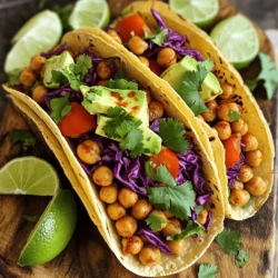 To make spicy chickpea tacos, gather these main items: - 2 cans (15 oz each) chickpeas, drained and rinsed - 2 tablespoons extra virgin olive oil - 1 tablespoon chili powder - 1 teaspoon ground cumin - 1 teaspoon smoked paprika - ½ teaspoon cayenne pepper (adjust based on your spice tolerance) - 1 teaspoon garlic powder - Salt and freshly ground black pepper to taste - 8 small corn or flour tortillas These ingredients create a flavorful base. The chickpeas give protein, while spices add a tasty kick. For a fresh touch, grab these garnishing items: - 1 ripe avocado, sliced - 1 cup shredded purple cabbage - 1 cup diced fresh tomatoes - ¼ cup fresh cilantro, chopped finely - 2 tablespoons fresh lime juice These toppings help balance the heat. The avocado adds creaminess, and the lime juice brightens every bite. You can swap some ingredients to fit your taste. Use olive oil or any cooking oil you like. If you want more heat, add extra cayenne or jalapeños. For a different flavor, try smoked paprika or leave it out. If you can't find purple cabbage, green cabbage works too. You can even use lettuce for a lighter option. Feel free to mix and match based on what you have at home! For the complete step-by-step process, check the Full Recipe. Start by draining and rinsing the chickpeas. Use two cans of chickpeas. Place them in a large mixing bowl. Add olive oil, chili powder, ground cumin, smoked paprika, cayenne pepper, garlic powder, and salt and pepper. Toss the chickpeas well. Make sure they are fully coated with the spices. Heat a non-stick skillet over medium-high heat. Add the seasoned chickpeas to the skillet. Cook them for about 8 to 10 minutes. Stir the chickpeas often. This helps them become crispy and heated through. The spices will fill your kitchen with a great smell. While the chickpeas are cooking, grab another skillet. Set it over medium heat. Place the tortillas in the skillet for about 30 seconds on each side. They should be warm and flexible, but not too crispy. This step makes them easier to fold. Take a warm tortilla and lay it flat on a plate. Spoon a good amount of the spicy chickpeas into the center. Then, add fresh shredded purple cabbage, diced tomatoes, and avocado slices on top. Each layer adds flavor and texture. Drizzle fresh lime juice over the assembled tacos. Sprinkle chopped cilantro on top for extra flavor. This step brightens the dish. Serve the tacos right away to enjoy their warmth and taste. Repeat these steps for the remaining tortillas and ingredients. For the full recipe, check the detailed instructions above. To boost flavor, always use fresh spices. Old spices lose their punch. I love adding lime juice to brighten the dish. Fresh cilantro adds a nice herb taste. Consider mixing in some diced jalapeños for extra heat. You can also try adding a touch of honey or maple syrup for sweetness. For crispy chickpeas, dry them well after rinsing. Pat them down with a towel. Hot oil helps them crisp up nicely. Stir them often while cooking to avoid burning. If you want extra crunch, bake them at 400°F for 15 minutes after frying. Serve your tacos on a colorful plate for a pop of color. Stack the tacos neatly and sprinkle cilantro on top. Place lime wedges alongside for easy squeezing. You can also arrange toppings in small bowls for a fun taco bar. This lets everyone customize their tacos just how they like! {{image_4}} You can change the spice level in your tacos. If you like mild, skip the cayenne pepper. For medium heat, use half a teaspoon. If you want it hot, add more cayenne or a dash of hot sauce. You can also try using different spices. Chipotle powder gives a smoky flavor, while paprika adds color without too much heat. Toppings can make your tacos special. Instead of cabbage, use lettuce for a crunch. Black beans add protein and flavor. Fresh jalapeños or pickled onions can spice things up. For sides, rice and beans pair well. You can also serve corn on the cob or a fresh salad. These choices keep your meal fresh and fun. This recipe is already vegan, which is great! For gluten-free options, use corn tortillas. Make sure to check labels on all ingredients. Some spices may contain gluten. You can also add avocado or a nut-based cheese for a creamy feel. These swaps keep your diet in check while enjoying tasty tacos. For the Full Recipe, check back to the beginning of this article. To keep your leftover tacos fresh, separate the fillings and tortillas. Place the chickpea mixture in an airtight container. Store the tortillas in a zip-top bag. This keeps them from getting soggy. Your chickpeas will stay tasty for up to three days in the fridge. To reheat the chickpea filling, warm it in a pan over medium heat. Stir the mixture until it's hot. For the tortillas, heat them in a dry skillet for about 30 seconds on each side. This keeps them soft and pliable. You can also microwave the tortillas for a few seconds, but they may not be as good. To save time, you can prepare the chickpea filling in advance. Cook it and let it cool. Store it in the fridge for up to three days. You can also chop your veggies early. Keep them in separate containers. When you're ready to eat, just warm the chickpeas and assemble your tacos. For a quick meal, this makes it simple and easy. Don't forget to check the full recipe for more details! Yes, you can use dried chickpeas. First, soak them overnight. Then, cook them until soft. This process takes more time but adds great flavor. I love serving spicy chickpea tacos with: - Mexican rice - Black beans - Grilled corn - A fresh green salad These sides add color and taste to your meal. To boost the heat, add more cayenne pepper. You can also try: - Sliced jalapeños - Hot sauce - Fresh chili peppers These options will give your tacos an extra kick. Yes, this recipe is gluten-free. Just use corn tortillas instead of flour tortillas. Always check the labels to be safe. You can prepare the chickpeas ahead of time. Store them in the fridge for up to three days. When ready to serve, just warm them up and assemble the tacos. For the best taste, make them fresh on the day you plan to eat. For the full recipe, follow the steps provided in the main article. Spicy chickpea tacos are simple to make and full of flavor. We covered key ingredients, like main chickpeas and tasty garnishes. You learned step-by-step instructions, from cooking to serving. I shared tips for better flavor and crispy texture. Variations offer options for all tastes, including vegan and gluten-free choices. Now you can make these delicious tacos, customize them, and enjoy leftovers easily. I hope you try this recipe and share it with friends!