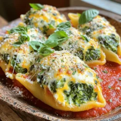 - 20 jumbo pasta shells - 2 cups fresh spinach, finely chopped - 1 cup ricotta cheese - 1 cup shredded mozzarella cheese, divided - ½ cup grated Parmesan cheese - 1 large egg - 2 cups marinara sauce, divided - 1 teaspoon garlic powder - 1 teaspoon onion powder - Salt and pepper to taste - Fresh basil leaves, for garnish Fresh spinach adds a vibrant color and flavor to the dish. It’s best to use it raw to keep its bright taste. Ricotta cheese gives the filling a creamy texture. I like to add a mix of mozzarella and Parmesan for depth in flavor. Use a large egg to bind the filling together. Choose a good-quality marinara sauce for the best taste. If you want to swap the spinach, try kale or Swiss chard for a similar texture. Cream cheese can replace ricotta for a richer filling. If you’re out of mozzarella, use provolone or gouda instead. For a dairy-free option, try tofu instead of cheese and a vegan sauce. If you're gluten-free, use gluten-free jumbo shells or any similar shape. Check the Full Recipe for more details on cooking and assembly. 1. Preheat the Oven: Start by heating your oven to 375°F (190°C). This helps cook the dish evenly. 2. Cook the Pasta Shells: Boil salted water in a large pot. Add the jumbo shells and cook until they are al dente. When done, drain and cool them on a clean towel. 3. Prepare the Filling: In a bowl, mix chopped spinach, ricotta, half of the mozzarella, Parmesan, egg, garlic powder, onion powder, salt, and pepper. Stir until smooth and creamy. 4. Stuff the Shells: Take a cooled shell and fill it with the spinach mixture. Use a spoon or a piping bag to make this easier. 5. Assemble the Dish: Spread 1 cup of marinara sauce on the bottom of a greased baking dish. Place the stuffed shells in the dish. Pour the rest of the marinara over the shells. Top with the remaining mozzarella cheese. 6. Bake: Cover the dish with foil to keep moisture in. Bake for 25 minutes. After that, remove the foil and bake for another 10-15 minutes until the cheese is melted and bubbly. 7. Garnish and Serve: After baking, let it rest for 5 minutes. Garnish with fresh basil leaves for a nice touch. Serve on a large platter with extra Parmesan and a side of garlic bread or salad for a complete meal. For the full recipe, check out the detailed instructions above. Enjoy your Cheesy Spinach Stuffed Shells! To get the best stuffed shells, follow these tips: - Cook shells carefully: Boil the jumbo shells until just tender. Don't overcook them. - Cool shells: Let them cool on a towel. This helps them hold their shape. - Fill generously: Use a spoon or piping bag to fill each shell well. Aim for a good amount of filling but avoid overstuffing. To make these shells even better, try these ideas: - Fresh herbs: Add chopped basil or parsley to the filling for a fresh kick. - Spice it up: Mix in red pepper flakes for a hint of heat. - Layering: When you assemble, add some marinara sauce in between layers of shells. This adds moisture and taste. Be aware of these common pitfalls: - Skipping the seasoning: Always taste your filling before stuffing. Adjust salt and pepper as needed. - Not greasing the dish: A greased baking dish helps shells come out easily. - Overbaking: Keep an eye on the shells. Remove them once the cheese is bubbly and golden. These tips can help you create perfect Cheesy Spinach Stuffed Shells every time. For the full recipe, refer to the earlier sections. Enjoy your cooking! {{image_4}} You can switch up the cheese in your stuffed shells. Try using feta for a tangy twist. Goat cheese adds creaminess and a unique flavor. You can also mix in smoked gouda for a rich taste. Experimenting with different cheeses can change the whole dish. Want to boost nutrition? Add proteins like cooked chicken or ground turkey. Simply mix them into the filling. You can also toss in veggies like mushrooms or peppers. These add color and crunch. This makes the dish hearty and satisfying. While marinara is classic, feel free to try other sauces. Alfredo sauce gives a creamy, rich flavor. A pesto sauce can add a fresh, herby note. You can even use a spicy arrabbiata for a kick. Each sauce brings a new taste to your stuffed shells. For the complete recipe, check out the Full Recipe. To keep your cheesy spinach stuffed shells fresh, place them in an airtight container. Make sure they cool down first. Store the container in your fridge for up to three days. If you want to keep them longer, freezing is a great option. For freezing, let the stuffed shells cool completely. Arrange them in a single layer on a baking sheet, and freeze them for about an hour. Once frozen, move the shells to a freezer-safe bag. Label the bag with the date and use them within three months for the best taste. When you are ready to enjoy your frozen stuffed shells, remove them from the freezer. Let them thaw in the fridge overnight. To reheat, place them in an oven-safe dish. Preheat your oven to 350°F (175°C) and cover the dish with foil. Bake for about 20-25 minutes, or until heated through. For extra cheesy goodness, remove the foil and bake for an additional 5 minutes. Enjoy! Yes, you can make these stuffed shells ahead of time. Prepare the shells and filling, then stuff them. Place the stuffed shells in the baking dish and cover them. You can store them in the fridge for up to 24 hours. When you are ready to bake, add a few extra minutes to the cooking time. This makes dinner easy on busy days. If you can't find jumbo shells, you have options. You can use manicotti pasta or even large conchiglie (shell-shaped pasta). Both hold filling well and taste great. Just make sure to adjust the cooking time based on the pasta type. Enjoy mixing it up with different shapes! To make Cheesy Spinach Stuffed Shells gluten-free, choose gluten-free pasta. Many brands offer gluten-free jumbo shells or manicotti. Follow the cooking instructions on the package, as gluten-free pasta may cook differently. This way, everyone can enjoy this tasty dish without worry. For the full recipe, check the detailed instructions. We covered how to make Cheesy Spinach Stuffed Shells, from ingredients to storage. Key aspects include ingredient notes, cooking steps, and tips for success. Feel free to explore variations with different cheeses or sauces. You can also learn how to store and reheat leftovers. Remember, this dish is versatile and easy to customize. Follow these steps, and you will impress everyone with your tasty meal. Enjoy your cooking and have fun experimenting!