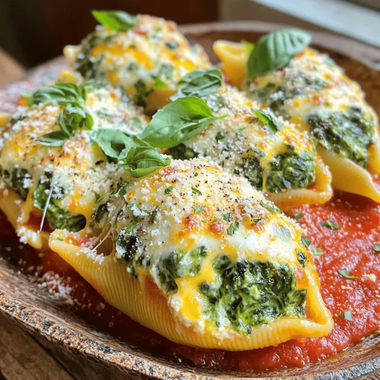 - 20 jumbo pasta shells - 2 cups fresh spinach, finely chopped - 1 cup ricotta cheese - 1 cup shredded mozzarella cheese, divided - ½ cup grated Parmesan cheese - 1 large egg - 2 cups marinara sauce, divided - 1 teaspoon garlic powder - 1 teaspoon onion powder - Salt and pepper to taste - Fresh basil leaves, for garnish Fresh spinach adds a vibrant color and flavor to the dish. It’s best to use it raw to keep its bright taste. Ricotta cheese gives the filling a creamy texture. I like to add a mix of mozzarella and Parmesan for depth in flavor. Use a large egg to bind the filling together. Choose a good-quality marinara sauce for the best taste. If you want to swap the spinach, try kale or Swiss chard for a similar texture. Cream cheese can replace ricotta for a richer filling. If you’re out of mozzarella, use provolone or gouda instead. For a dairy-free option, try tofu instead of cheese and a vegan sauce. If you're gluten-free, use gluten-free jumbo shells or any similar shape. Check the Full Recipe for more details on cooking and assembly. 1. Preheat the Oven: Start by heating your oven to 375°F (190°C). This helps cook the dish evenly. 2. Cook the Pasta Shells: Boil salted water in a large pot. Add the jumbo shells and cook until they are al dente. When done, drain and cool them on a clean towel. 3. Prepare the Filling: In a bowl, mix chopped spinach, ricotta, half of the mozzarella, Parmesan, egg, garlic powder, onion powder, salt, and pepper. Stir until smooth and creamy. 4. Stuff the Shells: Take a cooled shell and fill it with the spinach mixture. Use a spoon or a piping bag to make this easier. 5. Assemble the Dish: Spread 1 cup of marinara sauce on the bottom of a greased baking dish. Place the stuffed shells in the dish. Pour the rest of the marinara over the shells. Top with the remaining mozzarella cheese. 6. Bake: Cover the dish with foil to keep moisture in. Bake for 25 minutes. After that, remove the foil and bake for another 10-15 minutes until the cheese is melted and bubbly. 7. Garnish and Serve: After baking, let it rest for 5 minutes. Garnish with fresh basil leaves for a nice touch. Serve on a large platter with extra Parmesan and a side of garlic bread or salad for a complete meal. For the full recipe, check out the detailed instructions above. Enjoy your Cheesy Spinach Stuffed Shells! To get the best stuffed shells, follow these tips: - Cook shells carefully: Boil the jumbo shells until just tender. Don't overcook them. - Cool shells: Let them cool on a towel. This helps them hold their shape. - Fill generously: Use a spoon or piping bag to fill each shell well. Aim for a good amount of filling but avoid overstuffing. To make these shells even better, try these ideas: - Fresh herbs: Add chopped basil or parsley to the filling for a fresh kick. - Spice it up: Mix in red pepper flakes for a hint of heat. - Layering: When you assemble, add some marinara sauce in between layers of shells. This adds moisture and taste. Be aware of these common pitfalls: - Skipping the seasoning: Always taste your filling before stuffing. Adjust salt and pepper as needed. - Not greasing the dish: A greased baking dish helps shells come out easily. - Overbaking: Keep an eye on the shells. Remove them once the cheese is bubbly and golden. These tips can help you create perfect Cheesy Spinach Stuffed Shells every time. For the full recipe, refer to the earlier sections. Enjoy your cooking! {{image_4}} You can switch up the cheese in your stuffed shells. Try using feta for a tangy twist. Goat cheese adds creaminess and a unique flavor. You can also mix in smoked gouda for a rich taste. Experimenting with different cheeses can change the whole dish. Want to boost nutrition? Add proteins like cooked chicken or ground turkey. Simply mix them into the filling. You can also toss in veggies like mushrooms or peppers. These add color and crunch. This makes the dish hearty and satisfying. While marinara is classic, feel free to try other sauces. Alfredo sauce gives a creamy, rich flavor. A pesto sauce can add a fresh, herby note. You can even use a spicy arrabbiata for a kick. Each sauce brings a new taste to your stuffed shells. For the complete recipe, check out the Full Recipe. To keep your cheesy spinach stuffed shells fresh, place them in an airtight container. Make sure they cool down first. Store the container in your fridge for up to three days. If you want to keep them longer, freezing is a great option. For freezing, let the stuffed shells cool completely. Arrange them in a single layer on a baking sheet, and freeze them for about an hour. Once frozen, move the shells to a freezer-safe bag. Label the bag with the date and use them within three months for the best taste. When you are ready to enjoy your frozen stuffed shells, remove them from the freezer. Let them thaw in the fridge overnight. To reheat, place them in an oven-safe dish. Preheat your oven to 350°F (175°C) and cover the dish with foil. Bake for about 20-25 minutes, or until heated through. For extra cheesy goodness, remove the foil and bake for an additional 5 minutes. Enjoy! Yes, you can make these stuffed shells ahead of time. Prepare the shells and filling, then stuff them. Place the stuffed shells in the baking dish and cover them. You can store them in the fridge for up to 24 hours. When you are ready to bake, add a few extra minutes to the cooking time. This makes dinner easy on busy days. If you can't find jumbo shells, you have options. You can use manicotti pasta or even large conchiglie (shell-shaped pasta). Both hold filling well and taste great. Just make sure to adjust the cooking time based on the pasta type. Enjoy mixing it up with different shapes! To make Cheesy Spinach Stuffed Shells gluten-free, choose gluten-free pasta. Many brands offer gluten-free jumbo shells or manicotti. Follow the cooking instructions on the package, as gluten-free pasta may cook differently. This way, everyone can enjoy this tasty dish without worry. For the full recipe, check the detailed instructions. We covered how to make Cheesy Spinach Stuffed Shells, from ingredients to storage. Key aspects include ingredient notes, cooking steps, and tips for success. Feel free to explore variations with different cheeses or sauces. You can also learn how to store and reheat leftovers. Remember, this dish is versatile and easy to customize. Follow these steps, and you will impress everyone with your tasty meal. Enjoy your cooking and have fun experimenting!