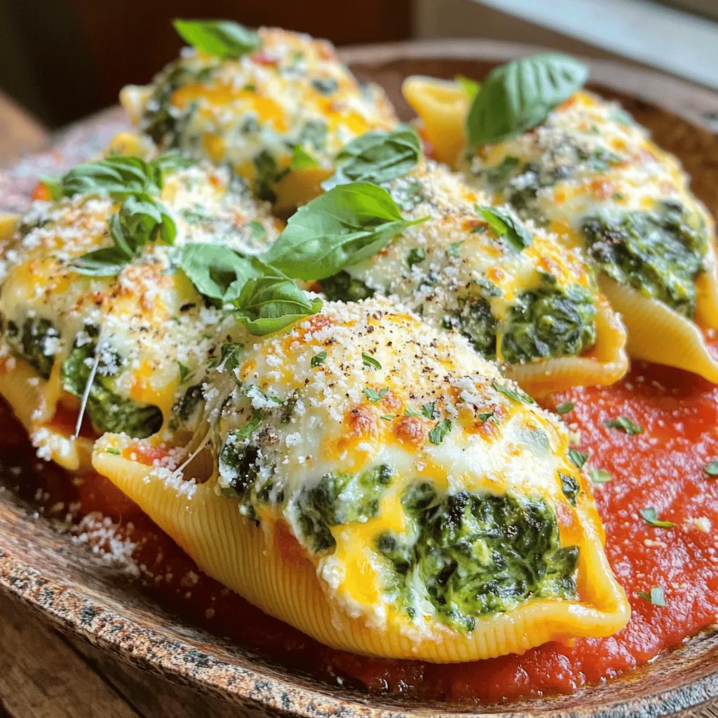 - 20 jumbo pasta shells - 2 cups fresh spinach, finely chopped - 1 cup ricotta cheese - 1 cup shredded mozzarella cheese, divided - ½ cup grated Parmesan cheese - 1 large egg - 2 cups marinara sauce, divided - 1 teaspoon garlic powder - 1 teaspoon onion powder - Salt and pepper to taste - Fresh basil leaves, for garnish Fresh spinach adds a vibrant color and flavor to the dish. It’s best to use it raw to keep its bright taste. Ricotta cheese gives the filling a creamy texture. I like to add a mix of mozzarella and Parmesan for depth in flavor. Use a large egg to bind the filling together. Choose a good-quality marinara sauce for the best taste. If you want to swap the spinach, try kale or Swiss chard for a similar texture. Cream cheese can replace ricotta for a richer filling. If you’re out of mozzarella, use provolone or gouda instead. For a dairy-free option, try tofu instead of cheese and a vegan sauce. If you're gluten-free, use gluten-free jumbo shells or any similar shape. Check the Full Recipe for more details on cooking and assembly. 1. Preheat the Oven: Start by heating your oven to 375°F (190°C). This helps cook the dish evenly. 2. Cook the Pasta Shells: Boil salted water in a large pot. Add the jumbo shells and cook until they are al dente. When done, drain and cool them on a clean towel. 3. Prepare the Filling: In a bowl, mix chopped spinach, ricotta, half of the mozzarella, Parmesan, egg, garlic powder, onion powder, salt, and pepper. Stir until smooth and creamy. 4. Stuff the Shells: Take a cooled shell and fill it with the spinach mixture. Use a spoon or a piping bag to make this easier. 5. Assemble the Dish: Spread 1 cup of marinara sauce on the bottom of a greased baking dish. Place the stuffed shells in the dish. Pour the rest of the marinara over the shells. Top with the remaining mozzarella cheese. 6. Bake: Cover the dish with foil to keep moisture in. Bake for 25 minutes. After that, remove the foil and bake for another 10-15 minutes until the cheese is melted and bubbly. 7. Garnish and Serve: After baking, let it rest for 5 minutes. Garnish with fresh basil leaves for a nice touch. Serve on a large platter with extra Parmesan and a side of garlic bread or salad for a complete meal. For the full recipe, check out the detailed instructions above. Enjoy your Cheesy Spinach Stuffed Shells! To get the best stuffed shells, follow these tips: - Cook shells carefully: Boil the jumbo shells until just tender. Don't overcook them. - Cool shells: Let them cool on a towel. This helps them hold their shape. - Fill generously: Use a spoon or piping bag to fill each shell well. Aim for a good amount of filling but avoid overstuffing. To make these shells even better, try these ideas: - Fresh herbs: Add chopped basil or parsley to the filling for a fresh kick. - Spice it up: Mix in red pepper flakes for a hint of heat. - Layering: When you assemble, add some marinara sauce in between layers of shells. This adds moisture and taste. Be aware of these common pitfalls: - Skipping the seasoning: Always taste your filling before stuffing. Adjust salt and pepper as needed. - Not greasing the dish: A greased baking dish helps shells come out easily. - Overbaking: Keep an eye on the shells. Remove them once the cheese is bubbly and golden. These tips can help you create perfect Cheesy Spinach Stuffed Shells every time. For the full recipe, refer to the earlier sections. Enjoy your cooking! {{image_4}} You can switch up the cheese in your stuffed shells. Try using feta for a tangy twist. Goat cheese adds creaminess and a unique flavor. You can also mix in smoked gouda for a rich taste. Experimenting with different cheeses can change the whole dish. Want to boost nutrition? Add proteins like cooked chicken or ground turkey. Simply mix them into the filling. You can also toss in veggies like mushrooms or peppers. These add color and crunch. This makes the dish hearty and satisfying. While marinara is classic, feel free to try other sauces. Alfredo sauce gives a creamy, rich flavor. A pesto sauce can add a fresh, herby note. You can even use a spicy arrabbiata for a kick. Each sauce brings a new taste to your stuffed shells. For the complete recipe, check out the Full Recipe. To keep your cheesy spinach stuffed shells fresh, place them in an airtight container. Make sure they cool down first. Store the container in your fridge for up to three days. If you want to keep them longer, freezing is a great option. For freezing, let the stuffed shells cool completely. Arrange them in a single layer on a baking sheet, and freeze them for about an hour. Once frozen, move the shells to a freezer-safe bag. Label the bag with the date and use them within three months for the best taste. When you are ready to enjoy your frozen stuffed shells, remove them from the freezer. Let them thaw in the fridge overnight. To reheat, place them in an oven-safe dish. Preheat your oven to 350°F (175°C) and cover the dish with foil. Bake for about 20-25 minutes, or until heated through. For extra cheesy goodness, remove the foil and bake for an additional 5 minutes. Enjoy! Yes, you can make these stuffed shells ahead of time. Prepare the shells and filling, then stuff them. Place the stuffed shells in the baking dish and cover them. You can store them in the fridge for up to 24 hours. When you are ready to bake, add a few extra minutes to the cooking time. This makes dinner easy on busy days. If you can't find jumbo shells, you have options. You can use manicotti pasta or even large conchiglie (shell-shaped pasta). Both hold filling well and taste great. Just make sure to adjust the cooking time based on the pasta type. Enjoy mixing it up with different shapes! To make Cheesy Spinach Stuffed Shells gluten-free, choose gluten-free pasta. Many brands offer gluten-free jumbo shells or manicotti. Follow the cooking instructions on the package, as gluten-free pasta may cook differently. This way, everyone can enjoy this tasty dish without worry. For the full recipe, check the detailed instructions. We covered how to make Cheesy Spinach Stuffed Shells, from ingredients to storage. Key aspects include ingredient notes, cooking steps, and tips for success. Feel free to explore variations with different cheeses or sauces. You can also learn how to store and reheat leftovers. Remember, this dish is versatile and easy to customize. Follow these steps, and you will impress everyone with your tasty meal. Enjoy your cooking and have fun experimenting!