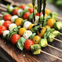 To make the best Caprese salad skewers, you need fresh, quality ingredients. Here’s what you’ll need: - 1 pint cherry tomatoes, halved - 8 ounces fresh mozzarella balls (bocconcini) - Fresh basil leaves (approximately 20 leaves) - Salt and pepper, to taste - 1 ripe avocado, diced - 1 tablespoon balsamic glaze - Wooden skewers These ingredients create a bright and fresh flavor. The cherry tomatoes add sweetness. The mozzarella gives a rich, creamy taste. Fresh basil brings a lovely aroma. The avocado adds creaminess, making each bite delightful. Basil pesto is key for adding a burst of flavor. Here are the must-have ingredients for a simple and tasty pesto: - 1/2 cup fresh basil leaves - 1/4 cup pine nuts, lightly toasted - 1/4 cup extra virgin olive oil - 1 clove garlic, minced - Juice of half a lemon - Pinch of salt (to taste) When you blend these ingredients, they create a smooth and vibrant sauce. The basil offers a fresh taste, while the pine nuts add a nutty crunch. Garlic adds a kick, and lemon juice brightens the flavors. You can customize your skewers with extra ingredients. Here are some ideas: - Cherry peppers for a spicy kick - A sprinkle of Italian herbs for added depth - Different cheeses like feta or goat cheese for variety - Extra drizzle of olive oil for richness These optional ingredients can enhance your skewers. Feel free to mix and match. This way, you can create a flavor profile that suits your taste. For the full recipe, check out the details above. To make the basil pesto, gather your ingredients. Use a food processor for the best results. Add half a cup of fresh basil leaves, a quarter cup of toasted pine nuts, one minced garlic clove, and the juice of half a lemon. Blend these until they mix well. Next, slowly drizzle in a quarter cup of extra virgin olive oil. Keep blending until you have a smooth and creamy pesto. Taste it, and add a pinch of salt if needed. This pesto will bring great flavor to your skewers. Now, it's time to build your skewers. Grab your wooden skewers and start with a halved cherry tomato. Next, add a fresh mozzarella ball, followed by a basil leaf. For a twist, toss on a piece of diced avocado. Keep repeating this order until you run out of ingredients. Make sure to leave space at both ends of the skewer. This makes it easy to pick up and eat. The colorful layers look beautiful and inviting! Once you have all your skewers assembled, sprinkle them lightly with salt and pepper. This simple step boosts the flavor of the fresh ingredients. After seasoning, grab your balsamic glaze. Use a spoon to drizzle it over the skewers. This glaze adds a sweet and tangy kick that pairs perfectly with the mozzarella and tomatoes. Finally, arrange the skewers on a serving platter and drizzle the basil pesto over the top. This adds a lovely aroma and ties all the flavors together. You can also serve extra pesto on the side for dipping. For the full recipe, check out the details above! To make your Caprese salad skewers stand out, think about how you serve them. You can place the skewers upright in a jar filled with uncooked rice or beans. This keeps them secure and looks lovely. You can also lay them out neatly on a platter. Consider adding some fresh basil leaves around for color. A drizzle of balsamic glaze on the platter adds a nice touch. When you build your skewers, start with a cherry tomato half. Follow it with a mozzarella ball. Then, add a fresh basil leaf and a piece of diced avocado. Repeat this until all ingredients are used. Make sure to leave space at the ends of the skewers. This makes them easier to hold and eat. Keep the order consistent for a uniform look. Sprinkle salt and pepper on your assembled skewers. This simple step boosts the taste of all the fresh ingredients. You can also experiment with herbs like oregano or thyme. If you want a spicy kick, try adding a pinch of red pepper flakes. Remember, a drizzle of balsamic glaze not only adds flavor but also brings sweetness and tang. For even more flavor, serve with the homemade basil pesto from the Full Recipe. {{image_4}} You can change up the ingredients in your Caprese salad skewers. Try using grape tomatoes instead of cherry tomatoes for a sweeter bite. If you want a twist, add cubes of cucumber or bell pepper. You can also swap mozzarella with feta cheese for a tangy flavor. Another tasty option is to add prosciutto for a savory touch. Feel free to mix and match as you like! Making this recipe vegan is easy! Just replace mozzarella with vegan cheese or use marinated tofu cubes. For gluten-free options, use gluten-free skewers or simply serve the ingredients on a plate without skewers. You can still enjoy all the great flavors while meeting your dietary needs. Get fun with how you serve your skewers! Arrange them on a large platter, or place them in a mason jar filled with rice for a cute display. You can serve them with extra basil pesto on the side for dipping. Another idea is to create a mini salad by mixing the ingredients in a bowl. These variations will wow your guests and make the dish even more enjoyable. For the full recipe, check out the details above. You can store your assembled Caprese salad skewers in the fridge. Place them in an airtight container. This keeps them fresh and tasty. Make sure to eat them within two days for the best flavor. If you use a paper towel, it can help absorb any moisture. This keeps the tomatoes and basil from getting soggy. To store basil pesto, pour it into a jar. Leave some space at the top. Cover the pesto with a thin layer of olive oil. This helps keep it fresh. Seal the jar and store it in the fridge. It will last for about a week. You can also freeze pesto for up to three months. Ice cube trays work well for portioning. If you have leftover skewers, serve them cold. They taste great chilled! If you prefer warm skewers, gently heat them in a pan. Do not cook them too long. You only want to warm them, not cook the fresh ingredients. For an added touch, you can drizzle some extra balsamic glaze over the top before serving. Enjoy your leftovers without losing flavor! To make Caprese Salad Skewers, gather cherry tomatoes, mozzarella balls, fresh basil, and avocado. Use wooden skewers for assembly. Start by threading a cherry tomato half onto a skewer. Next, add a mozzarella ball, a basil leaf, and a piece of avocado. Repeat this until the skewer is full. Season with salt and pepper. Finally, drizzle balsamic glaze and basil pesto on top. This will give your skewers a tasty finish. Yes, you can prepare Caprese Salad Skewers ahead of time. Assemble the skewers and store them in the fridge for up to two hours. Keep them covered to stay fresh. For the best taste, add the balsamic glaze and pesto just before serving. This keeps the flavors bright and fresh. If you need a substitute for mozzarella cheese, try using feta cheese or goat cheese. Both add a nice tangy flavor. You can also use vegan cheese if you're looking for a dairy-free option. These cheeses will still work well with the other fresh ingredients. In this post, we explored Caprese salad skewers and basil pesto. We covered fresh ingredients, step-by-step instructions, and useful tips. I shared ways to customize your skewers and offered storage advice. As you prepare these dishes, remember to experiment. Flavor combinations make each bite exciting. Enjoy the fun of cooking and sharing these vibrant recipes with others.