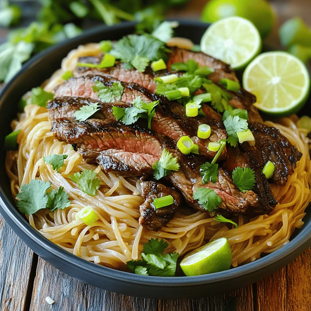- 8 oz wide rice noodles - 1 lb flank steak, thinly sliced against the grain - 4 tablespoons unsalted butter - 6 cloves garlic, minced - 2 green onions, chopped - 2 tablespoons soy sauce - 1 tablespoon oyster sauce - 1 tablespoon sesame oil - 1 teaspoon red pepper flakes (adjust to taste) - Salt and pepper to taste - Fresh cilantro, for garnishing - Lime wedges, for serving Gather these ingredients before you start cooking. Fresh, high-quality items make a big difference. I always choose flank steak for its great flavor and tenderness. The wide rice noodles pair well with the rich garlic butter sauce. Using fresh garlic adds a burst of taste. Green onions bring a nice crunch and color. The soy sauce and oyster sauce add depth, while sesame oil gives a hint of nuttiness. You can adjust the red pepper flakes for heat based on your taste. Don't forget the garnishes! Fresh cilantro and lime wedges brighten the dish. The lime juice balances the rich flavors, making every bite delicious. Check out the Full Recipe for more details on making this quick and flavorful meal. Boiling the Noodles Start by boiling a large pot of water. When it reaches a rolling boil, add 8 oz of wide rice noodles. Cook them until they are al dente, as shown on the package. This should take about 5-7 minutes. Rinsing and Setting Aside Once cooked, drain the noodles and rinse them under cold water. This stops the cooking process and keeps them from sticking together. Set the noodles aside for later. Heating the Skillet Grab a large skillet and heat 1 tablespoon of unsalted butter over medium-high heat. Seasoning and Cooking While the butter melts, season 1 lb of thinly sliced flank steak with salt and pepper. Once the butter is hot and bubbling, lay the steak slices in the skillet. Cook them for 2-3 minutes on each side. You want a nice, golden brown crust. After cooking, remove the steak and set it aside. Melting the Butter In the same skillet, add the remaining 3 tablespoons of butter. Let it melt fully. Sautéing the Garlic Next, toss in 6 cloves of minced garlic and a teaspoon of red pepper flakes. Sauté for about 1 minute, stirring often. The garlic should be golden and smell amazing. Don't let it burn, or it will taste bitter. Tossing the Noodles Add the reserved noodles back into the skillet. Toss them in the garlic butter sauce until they are well coated. Adding Sauces Pour in 2 tablespoons of soy sauce, 1 tablespoon of oyster sauce, and 1 tablespoon of sesame oil. Mix everything until the noodles absorb all the flavors. Incorporating Steak and Green Onions Return the seared flank steak to the skillet along with 2 chopped green onions. Gently mix everything together over medium heat for about 2-3 minutes. Adjusting Seasoning Taste the dish and adjust the seasoning with more salt and pepper if needed. Presentation Tips Transfer the garlic butter steak noodles to bowls or colorful platters. The bright green of the onions and cilantro will really stand out. Serving Suggestions Garnish with fresh cilantro and serve with lime wedges on the side. The lime adds a refreshing kick! For the full recipe, check out the details provided above. Enjoy your meal! Choosing the Right Cut For tender bites, I always pick flank steak. It is thin and cooks quickly. You can also use sirloin or ribeye if you want. These cuts are juicy and full of flavor. Best Cooking Techniques Searing the steak is key. Heat your skillet well before adding the meat. This helps form a nice crust. Cook each side for just 2-3 minutes. This keeps the meat juicy and tender. Preventing Sticking After boiling, rinse the noodles under cold water. This stops them from cooking further. It also helps to keep them from sticking together. If they stick, add a little oil. Achieving Perfect Texture Follow the package instructions for cooking time. Aim for al dente, which means firm to the bite. This gives the noodles a nice texture to soak up the sauce. Alternative Seasonings Want to mix it up? Try adding hoisin sauce for a sweet twist. You can also use lime juice for a fresh zing. Experiment with different herbs like basil or mint. Garnishing Ideas Garnish with fresh cilantro and chopped green onions. This adds color and brightness. A squeeze of lime on top gives it a refreshing kick. You can also sprinkle sesame seeds for crunch. {{image_4}} You can switch up the protein in garlic butter steak noodles for variety. - Chicken or Shrimp Alternatives: Use chicken breast or shrimp instead of steak. Chicken cooks quickly and absorbs flavors well. Shrimp adds a sweet, ocean taste to your dish. - Vegetarian Substitutes: For a vegetarian option, try tofu or tempeh. Both soak up the garlic butter sauce nicely. Slice them thin and sauté until golden for great texture. Changing the sauce can give your dish a new twist. - Spicy Garlic Butter Modification: Add more red pepper flakes for extra heat. You can also mix in sriracha or chili oil for a spicy kick. - Soy-Free Options: If you need a soy-free sauce, try coconut aminos. This sauce is a great substitute for soy sauce and is slightly sweeter. You have options when it comes to noodles. - Rice vs. Wheat Noodles: Wide rice noodles work well in this dish. However, you can use wheat noodles if you prefer. They add a nice chewiness to your meal. - Gluten-Free Options: For a gluten-free choice, stick with rice noodles or use zucchini noodles. Zucchini noodles are light and absorb flavors well, making them a fun alternative. For the full recipe, check out the [Full Recipe]. Refrigeration Guidelines You can store garlic butter steak noodles in the fridge. Place them in an airtight container. They will stay fresh for about 3 to 4 days. To keep the flavors intact, try to chill them quickly. Freezing the Dish If you want to freeze the leftovers, use a freezer-safe container. This dish can last up to 2 months in the freezer. When you want to eat it, thaw it in the fridge overnight before reheating. Best Methods for Reheating The best way to reheat garlic butter steak noodles is on the stove. Add a splash of water or broth to help steam the noodles and keep them moist. Heat over medium until warm. You can also use a microwave, but stir every 30 seconds for even heating. Maintaining Flavor and Texture To keep the flavor bright and the texture nice, avoid overheating. If using a microwave, cover the dish to trap moisture. Stir well and check the temperature. The goal is to enjoy every bite just like when it was fresh. It takes about 30 minutes to make garlic butter steak noodles. You can prep the ingredients in 15 minutes. Cooking the dish takes another 15 minutes. This quick meal fits well into a busy schedule. Yes, you can use different noodles. Rice noodles work great, but you can try egg noodles or udon. Just adjust the cooking time to match the noodle type. This keeps the meal tasty and fun. Garlic butter steak noodles pair well with many sides. You can serve them with a fresh salad or steamed veggies. Crispy spring rolls or dumplings also make great companions. These sides balance the rich flavors of the dish. Yes, this recipe is perfect for meal prep. You can cook a batch and store it in the fridge. Just keep the noodles and sauce separate until serving. This helps prevent soggy noodles and keeps the dish fresh. To change the spice level, adjust the red pepper flakes. Add a little for mild heat or more for a spicier kick. You can also add fresh chili or hot sauce for extra flavor. Tailor it to your taste! You learned how to make garlic butter steak noodles, a delicious and simple dish. We covered all the key steps, from cooking the noodles to searing the steak. I also shared tips for juicy steak and noodle perfection. You can switch up proteins and sauces to suit your taste. Don’t forget storage tips for leftovers and reheating methods. This meal is not only easy to make but also great for meal prep. Enjoy creating your version of this dish and impress your friends and family!