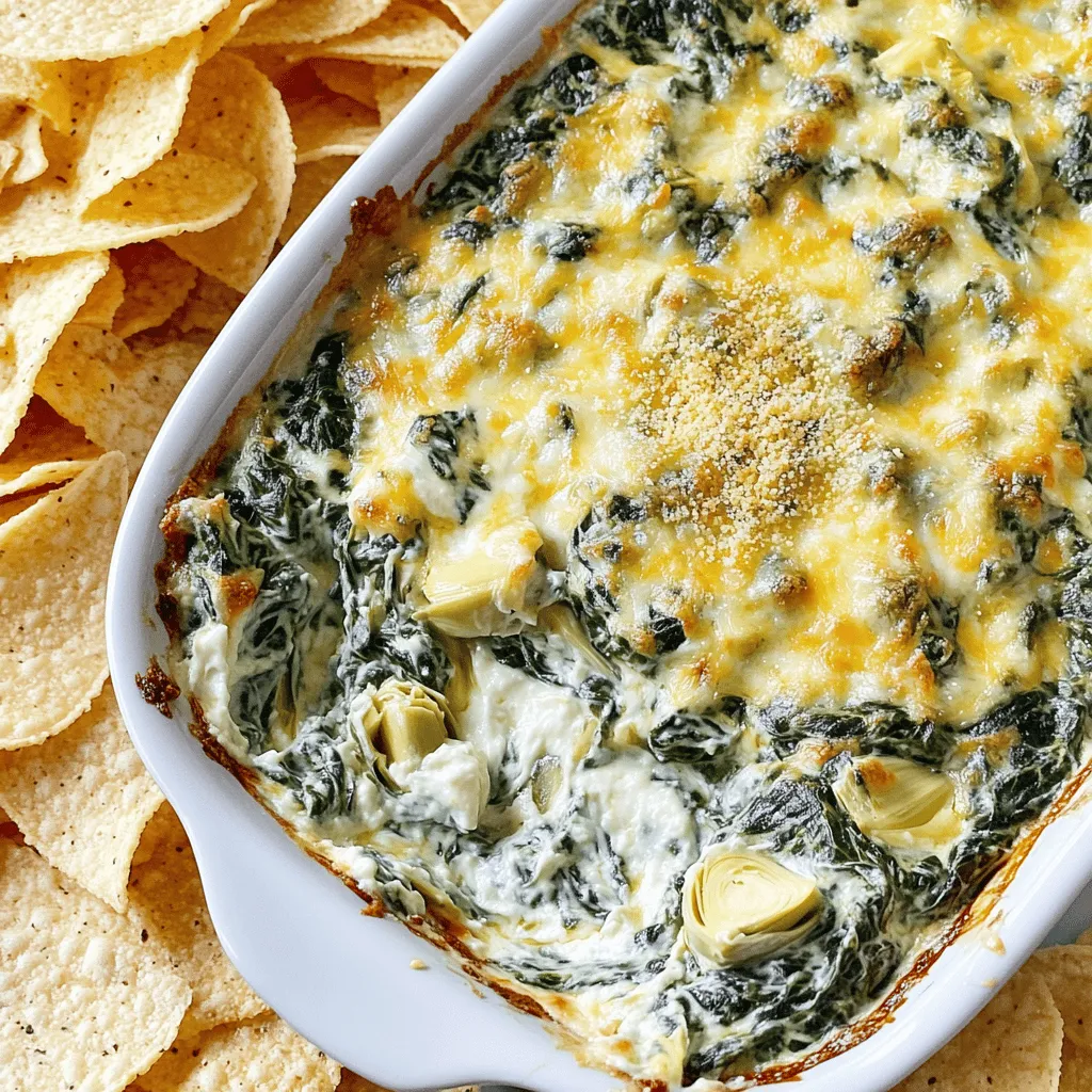To make this tasty dip, you need: - 1 cup fresh spinach, finely chopped - 1 cup canned artichoke hearts, drained and roughly chopped - 1 cup cream cheese, at room temperature - 1/2 cup sour cream - 1/2 cup mayonnaise - 1 cup grated Parmesan cheese, divided - 1/2 cup shredded mozzarella cheese - 2 cloves garlic, finely minced - 1/2 teaspoon onion powder - Salt and freshly ground black pepper to taste - Olive oil for greasing These ingredients blend together to create a creamy and flavorful dip. Each one plays a key role in the taste and texture. The spinach adds a nice green touch, while the artichokes give a unique flavor. You can get creative with your dip! Here are some optional ingredients: - Fresh herbs like parsley or basil for added flavor - Chopped sun-dried tomatoes for a touch of sweetness - A dash of hot sauce for some heat - A squeeze of lemon juice for brightness Feel free to mix and match these options. They can make your dip special and fun! To prepare this dip, gather these kitchen tools: - A mixing bowl - A hand mixer or fork - A baking dish (around 8x8 inches) - A spatula for mixing - A knife and cutting board for chopping Having these tools ready will help you make the dip smoothly. You’ll enjoy every step of the cooking process! For the full recipe, check out the details provided earlier. 1. Preheat your oven to 350°F (175°C). 2. Grease an 8x8-inch baking dish with a little olive oil. 3. In a large bowl, mix the cream cheese, sour cream, and mayonnaise. Use a fork or mixer to make it smooth. 4. Next, add the chopped spinach and artichoke hearts. Fold them in gently. 5. Stir in the minced garlic, half of the Parmesan cheese, and all the mozzarella. 6. Add onion powder, salt, and pepper to taste. Mix well until everything is combined. 1. Transfer the dip mixture into the greased baking dish. Spread it evenly. 2. Place the dish in your preheated oven. Bake for 25-30 minutes. 3. Watch for the dip to become hot and bubbly. The top should turn golden brown. - Use room temperature cream cheese for easy mixing. - Fold ingredients gently to keep the dip fluffy. - Bake until bubbly for a creamy and smooth texture. - Let it cool for 5 minutes before serving to avoid burns. For the complete recipe, refer to the [Full Recipe]. To enhance creaminess, use full-fat cream cheese. Room temperature cream cheese blends easier. Mix it well with sour cream and mayonnaise until smooth. Adding more cheese, like cream or ricotta, also boosts richness. For great flavor, I love using garlic, onion powder, and fresh herbs. Try adding crushed red pepper for a kick. You can also mix in lemon juice for a fresh taste. Adjust salt and pepper to your liking, too. Serve this dip warm for the best taste. Use crispy tortilla chips or toasted baguette slices for dipping. You can also pair it with fresh veggies like carrots and bell peppers. For a nice touch, drizzle with olive oil and sprinkle more Parmesan cheese on top. Enjoy your dip as a fun snack or at parties! Check out the Full Recipe for more details. {{image_4}} You can switch up the flavors of your creamy spinach artichoke dip by using different cheeses. Try adding some gouda or cheddar for extra depth. Creamy brie can also add a rich twist. If you want a stronger flavor, use blue cheese. Mixing cheeses can give your dip a unique touch. Just remember to keep the total amount of cheese around two cups. If you love heat, spice up your dip. Add diced jalapeños or red pepper flakes for a kick. You can also mix in some hot sauce or sriracha to bring the heat. For a smoky flavor, try adding chipotle peppers in adobo sauce. Adjust the amount to your taste. This spicy twist will make your dip stand out at any gathering. You can make a healthier version of this dip without losing flavor. Use Greek yogurt instead of sour cream or mayonnaise. This swap will cut calories and add protein. You can also use low-fat cream cheese for a lighter choice. For a veggie boost, add chopped bell peppers or mushrooms. These changes make a tasty dip that fits your diet. Check out the Full Recipe for more ideas! To keep your dip fresh, let it cool first. Then, place it in an airtight container. Store it in the fridge. It will last for about 3 to 4 days. Make sure to label the container with the date. When you want to eat your leftover dip, preheat your oven to 350°F (175°C). Transfer the dip to an oven-safe dish. Heat it for about 15 to 20 minutes. You want it to be hot and bubbly. Stir halfway through to warm it evenly. If you prefer, you can also microwave it. Use a microwave-safe bowl and heat it in 30-second bursts, stirring in between. You can freeze this dip for later use. Place it in a freezer-safe container. It will last up to 2 months. When ready to use, thaw it in the fridge overnight. Reheat it in the oven as mentioned above. However, freezing may change the texture slightly. To help with this, add a bit of extra cream cheese when reheating. For the full recipe, check out the details provided earlier. Yes, you can prepare this dip ahead of time. Mix all the ingredients and place them in a baking dish. Cover it with plastic wrap and store it in the fridge. You can bake it later. Just remember to bake it straight from the fridge. This gives you a warm, tasty treat when you need it. You have many options for serving. Here are some great ideas: - Tortilla chips - Sliced baguette - Pita chips - Fresh veggies like carrots and celery - Crackers These choices add crunch and flavor. You can mix and match to suit your taste. The dip is ready when it is hot and bubbly. Look for a golden brown top. It usually takes about 25-30 minutes in the oven. You can check it by inserting a knife in the center. If it comes out warm, your dip is done! This blog post covered everything you need to make creamy spinach artichoke dip. We discussed key ingredients, how to add your own twist, and the tools needed. I shared tips for the best texture and flavor. You learned about tasty variations and how to store leftovers. Now, you have all the tools to enjoy this dip. It’s perfect for parties or a cozy night in. Happy cooking!