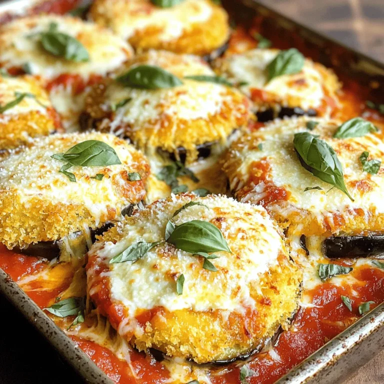 - 2 medium eggplants, sliced into 1/2-inch rounds - 1 teaspoon salt - 2 cups marinara sauce (homemade or high-quality store-bought) - 1 cup ricotta cheese - 2 cups shredded mozzarella cheese - 1 cup grated Parmesan cheese - 1 tablespoon dried oregano - 2 tablespoons fresh basil, chopped (plus additional for garnish) - 1/2 teaspoon freshly ground black pepper - 1/4 teaspoon red pepper flakes (optional) - 1/4 cup all-purpose flour - 1/4 cup extra-virgin olive oil You need to use fresh, good-quality ingredients. The eggplant is key for flavor. Choose firm eggplants with shiny skin. This ensures they are fresh and tasty. Salt helps to remove bitterness from the eggplant. It also enhances flavor in the dish. The marinara sauce can be homemade or store-bought. If you make it at home, use ripe tomatoes for the best taste. Ricotta cheese adds creaminess, while mozzarella melts beautifully. Parmesan cheese brings a nutty flavor that completes the dish. You can customize this recipe to fit your taste. Feel free to swap cheeses or add fresh herbs. Different cheeses can change the taste and texture. Using fresh herbs like thyme or parsley can also enhance flavor. If you want a spicy kick, add red pepper flakes. The olive oil is essential for frying the eggplant. It helps create a crispy texture that contrasts nicely with the creamy layers. Check out the Full Recipe for step-by-step instructions on how to bring all these ingredients together! - Preheat the oven to 375°F (190°C). - Prepare eggplant slices by salting and rinsing. Start by preheating your oven. This will help the dish cook evenly. Next, take your eggplants and slice them into rounds. Place them on a towel and sprinkle with salt. Let them sit for 30 minutes. This step helps remove extra moisture and bitterness. After 30 minutes, rinse the eggplant slices under cold water. Pat them dry with paper towels. - Frying the eggplant slices. - Layering ingredients in the baking dish. Now it's time to fry the eggplant. In a shallow dish, mix flour with some black pepper. Dip each eggplant slice in the flour. Heat olive oil in a skillet over medium heat. Fry the slices in batches for 3-4 minutes on each side. They should be golden brown. Once done, place them on paper towels to drain the oil. Next, let's layer the ingredients in a baking dish. Start with a thin layer of marinara sauce on the bottom. Place half of the fried eggplant slices on top. Spoon half of the ricotta cheese mixture over the eggplant. Then, add a third of the mozzarella and half of the Parmesan cheese. Pour more marinara sauce on top. Repeat these layers until all ingredients are used. - Covering and baking. - Final browning and resting period. Cover the baking dish loosely with aluminum foil. This keeps the cheese from burning. Place it in the oven and bake for 25 minutes. After that, remove the foil. Bake for another 15-20 minutes. The cheese should be bubbling and golden brown. Once finished, let your Eggplant Parmesan Bake rest for about 10 minutes. This gives the layers time to set. Slice and serve with fresh basil on top for a tasty touch. You will love the layers of flavor in every bite! How to choose eggplants When picking eggplants, look for firm ones. The skin should be shiny and smooth. Avoid any with brown spots or soft areas. A good eggplant feels heavy for its size. This means it's fresh and full of moisture. Ensuring even cooking To cook eggplant evenly, slice it into uniform pieces. Aim for 1/2-inch rounds. This size helps them cook at the same rate. Salting the slices before cooking also helps. Salt draws out moisture and bitterness, making them taste better. Layering techniques for better flavor Layer your eggplant carefully. Start with marinara sauce on the bottom. Then add a layer of eggplant. Follow with ricotta, mozzarella, and Parmesan. Repeat this process until you run out of ingredients. Finish with a good layer of cheese on top for a nice crust. Optional ingredients for enhanced taste You can add different cheeses for extra flavor. Try using provolone or gouda. Fresh herbs like thyme or parsley can make a big difference too. A sprinkle of red pepper flakes adds a nice kick, if you like spice. Ideal side dishes to pair with Eggplant Parmesan Bake Serve your Eggplant Parmesan Bake with a fresh side salad. A simple green salad with lemon juice works well. Garlic bread or crusty bread also pairs nicely. You can even add roasted vegetables for more color. Wine pairings for a complete meal For a great wine choice, go with a light red. A Chianti or Pinot Noir complements the dish perfectly. If you prefer white wine, a Chardonnay can also work well. The wine enhances the meal, making it more enjoyable. {{image_4}} You can make your Eggplant Parmesan Bake a bit healthier. Here are some easy swaps: - Low-fat cheese options: Use part-skim mozzarella or ricotta. They cut fat but keep taste. - Vegan alternatives: Try cashew cheese or almond ricotta. They add creaminess without dairy. You can mix up the flavors in your dish. Here are some ideas: - Adding different spices: Sprinkle in some Italian seasoning or garlic powder. These spices boost the taste. - Incorporating other vegetables: Consider adding zucchini or bell peppers. They add color and nutrients. How you serve your Eggplant Parmesan can change the vibe. Here are some options: - Individual servings vs. family-style: For a fun dinner, serve in single dishes. For gatherings, present in one big dish. - Presentation ideas for special occasions: Top with fresh basil or a drizzle of balsamic glaze. This adds a gourmet touch. Feel free to explore the Full Recipe to create your perfect version! To keep your Eggplant Parmesan Bake fresh, use airtight containers. Glass or plastic containers work well. Make sure they seal tightly. Store the leftovers in the fridge. They stay good for about 3 to 5 days. You can reheat the bake in the oven or microwave. The oven gives the best texture. Preheat the oven to 350°F (175°C). Cover the dish with foil to keep it moist. Heat for about 20 minutes. If using a microwave, heat in short bursts. Check every minute to avoid drying it out. You can freeze Eggplant Parmesan Bake for later. Cut it into portions. Wrap each piece tightly in plastic wrap, then foil. This helps prevent freezer burn. The bake can last for up to 3 months in the freezer. To thaw, place it in the fridge overnight. Reheat as described above. Enjoy the delicious flavors again! The total time to make Eggplant Parmesan Bake is about 1 hour and 15 minutes. This includes 30 minutes for prep and 45 minutes for cooking. Yes, you can prepare this dish ahead of time. You can layer all the ingredients, then cover and store it in the fridge for up to 24 hours. Just bake it when you're ready. If you want a dairy-free option, use tofu blended with a bit of lemon juice. For lower calories, you can use cottage cheese. Both options work well in the recipe. Serve the Eggplant Parmesan Bake right from the dish for a cozy feel. You can also plate individual servings for a fancier look. A side salad and crusty bread pair wonderfully. Eggplant Parmesan can be a healthy choice. It has fiber from the eggplant and protein from the cheese. However, keep an eye on the cheese amounts if you're watching calories. Eggplant Parmesan Bake is a delicious dish you can easily make at home. We covered essential ingredients, step-by-step directions, and helpful tips. You learned about variations for taste and healthy substitutions too. Storing leftovers and reheating methods ensure you enjoy this meal longer. Now, you can impress friends and family with your cooking skills. Dive into this recipe and make it your own. Happy cooking!