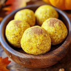 To make Pumpkin Spice Energy Balls, you will need the following: - 1 cup rolled oats - 1/2 cup almond butter (or peanut butter, your choice) - 1/2 cup pumpkin puree - 1/4 cup honey or maple syrup (both work wonderfully) - 1 teaspoon vanilla extract - 1 teaspoon pumpkin spice blend (or a mix of cinnamon, nutmeg, and ginger) - 1/4 teaspoon salt - 1/4 cup chopped nuts (choose walnuts or pecans for crunch) - 1/4 cup mini chocolate chips (optional, for a sweet touch) - Rolled oats: They provide the base and add fiber for energy. - Almond butter: This adds creaminess and healthy fats. Peanut butter is a great swap if you prefer. - Pumpkin puree: It gives moisture, flavor, and a boost of vitamins. - Honey or maple syrup: Both sweeten the mixture and help bind everything together. - Vanilla extract: It enhances the flavor profile with a warm, sweet note. - Pumpkin spice blend: This mix offers that classic fall flavor. You can make your own with cinnamon, nutmeg, and ginger. - Salt: A pinch of salt balances the sweetness. - Chopped nuts: They add crunch and extra nutrients. - Mini chocolate chips: These are optional but add a delightful sweetness. Feel free to customize your energy balls! Here are some easy swaps: - Nut Butter: If you have nut allergies, try sunflower seed butter. - Sweeteners: Agave syrup or date syrup can replace honey or maple syrup. - Pumpkin Puree: If out of pumpkin, use applesauce for a different flavor. - Oats: Quick oats or gluten-free oats work too. - Chocolate Chips: Use dried fruits like raisins or cranberries for a chewier texture. These ingredients are simple and offer a lot of flexibility. You can make these energy balls your own with just a few changes! For the full recipe, check out the detailed instructions above. Making Pumpkin Spice Energy Balls is easy and fun. Let’s dive into the process! 1. Combine Base Ingredients: Start by adding the rolled oats, almond butter, pumpkin puree, honey, and vanilla extract to a large mixing bowl. Mix these well until everything sticks together. If it feels too dry, add a bit more almond butter. - Tip: Use a sturdy spoon or spatula for mixing. This helps combine the ingredients better. 2. Incorporate Spices: Next, sprinkle the pumpkin spice blend and salt into the mixture. Stir well so every bite has that warm, cozy flavor. - Common Mistake: Forgetting the salt can make your energy balls taste bland. Always include it! 3. Add Crunch and Sweetness: Gently fold in the chopped nuts and mini chocolate chips if you're using them. This adds texture and a bit of sweetness. - Tip: Try to evenly distribute the nuts and chips. This ensures every energy ball has a nice crunch. 4. Shape the Balls: With damp hands, scoop out portions of the mix. Roll them into small balls, about 1 inch wide. - Common Mistake: If your hands are too dry, the mixture will stick. Use a bit of water or oil to help. 5. Arrange for Chilling: Line a baking sheet with parchment paper. Place the energy balls on the sheet, giving them space so they don't stick together. - Tip: A baking sheet makes transferring the balls easier later. 6. Chill to Firm Up: Put the baking sheet in the fridge for at least 30 minutes. This helps the energy balls hold their shape. - Common Mistake: Skipping this step makes them too soft to handle later. 7. Store Properly: After chilling, move the energy balls to an airtight container. They stay fresh in the fridge for up to a week. - Tip: You can also wrap them in wax paper for easy snacking! For the complete recipe, refer to the [Full Recipe]. Enjoy this simple and healthy snack! Mixing your ingredients well makes a big difference in taste and texture. Start with the wet ingredients first. Combine almond butter, pumpkin puree, honey, and vanilla in a large bowl. Use a sturdy spoon to mix until creamy. Then, add the oats, spices, and salt. Stir until everything blends nicely. For crunch, fold in chopped nuts gently. I like using walnuts or pecans. They add great texture. If you want a touch of sweetness, mini chocolate chips work well too. Just be careful not to over-mix. You want to keep the nuts whole for that satisfying bite. Try adding different spices to switch up the flavor. Cinnamon is a classic choice. You can also add a pinch of nutmeg or a dash of ginger for warmth. If you have chia seeds or flaxseeds, toss in a tablespoon for extra nutrition. Feel free to swap almond butter for peanut butter if you prefer. Both options give a rich taste. You can also use maple syrup instead of honey for a different sweetness. These small changes let you make the recipe your own. For a fun twist, consider adding dried fruits like cranberries or raisins. They pair wonderfully with pumpkin spice. Each ingredient adds its unique flavor, so don’t hesitate to experiment. Check out the Full Recipe for more ideas on how to create your perfect snack! {{image_4}} When I make pumpkin spice energy balls, I love to switch things up. You can create many flavors to keep things fun. Here are some great ideas to try. - Nut-Free Alternatives: If you need a nut-free treat, swap almond butter for sunflower seed butter. This keeps the energy balls creamy while being safe for schools or nut-free zones. You can also use pumpkin seeds instead of nuts for a nice crunch. - Seasonal Variations and Add-Ins: You can add different flavors based on the seasons. In fall, try adding dried cranberries or chopped apples. In winter, a pinch of peppermint extract can give a festive twist. If you want a chocolatey version, mix in cocoa powder or use dark chocolate chips instead of mini chocolate chips. Feel free to get creative! Each change can give your energy balls a new taste that excites your palate. How should you store pumpkin spice energy balls? You can store them in the fridge or freezer. - Refrigerator: Keep your energy balls in an airtight container. They stay fresh for about one week. This makes it easy to grab a quick snack. - Freezer: If you want to keep them longer, place them in the freezer. They can last for up to three months. Just make sure to wrap them well. Use freezer-safe bags or containers. What tips help keep them fresh? Avoid storing them in direct sunlight or warm places. Store them in a cool, dark spot. This helps maintain their flavor and texture. If you notice any changes in smell or texture, it's best to throw them out. Always trust your senses when it comes to food safety. For the full recipe, check out the section above. What are the nutritional benefits of energy balls? Pumpkin spice energy balls pack a punch of nutrients. They provide fiber from oats and pumpkin. Almond butter adds healthy fats and protein. Honey or maple syrup gives you a quick energy boost. Plus, the spices offer antioxidants. Overall, they are a great snack for energy and nutrition. Can I make these energy balls vegan? Yes, you can easily make these energy balls vegan. Just replace honey with maple syrup. Almond butter is already vegan, but you can also use peanut butter. All the other ingredients are plant-based too. This way, you get a tasty vegan snack without losing flavor. How do I make them kid-friendly? Making pumpkin spice energy balls kid-friendly is simple. You can leave out the chocolate chips for a healthier treat. If your kids love sweets, add mini chocolate chips. You can also let them help mix the ingredients. This makes them excited to eat their snacks! For the full recipe, check out the earlier section. You now have a complete guide to making pumpkin spice energy balls. We covered ingredients, cooking steps, and tips to boost flavor. You learned how to store them for freshness and discovered tasty variations, too. Use the substitutions and tricks to make this snack your own. I hope you feel inspired to try new flavors and share these yummy treats with family and friends. Enjoy your energy balls and happy cooking!