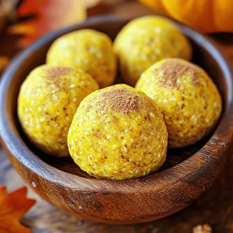 To make Pumpkin Spice Energy Balls, you will need the following: - 1 cup rolled oats - 1/2 cup almond butter (or peanut butter, your choice) - 1/2 cup pumpkin puree - 1/4 cup honey or maple syrup (both work wonderfully) - 1 teaspoon vanilla extract - 1 teaspoon pumpkin spice blend (or a mix of cinnamon, nutmeg, and ginger) - 1/4 teaspoon salt - 1/4 cup chopped nuts (choose walnuts or pecans for crunch) - 1/4 cup mini chocolate chips (optional, for a sweet touch) - Rolled oats: They provide the base and add fiber for energy. - Almond butter: This adds creaminess and healthy fats. Peanut butter is a great swap if you prefer. - Pumpkin puree: It gives moisture, flavor, and a boost of vitamins. - Honey or maple syrup: Both sweeten the mixture and help bind everything together. - Vanilla extract: It enhances the flavor profile with a warm, sweet note. - Pumpkin spice blend: This mix offers that classic fall flavor. You can make your own with cinnamon, nutmeg, and ginger. - Salt: A pinch of salt balances the sweetness. - Chopped nuts: They add crunch and extra nutrients. - Mini chocolate chips: These are optional but add a delightful sweetness. Feel free to customize your energy balls! Here are some easy swaps: - Nut Butter: If you have nut allergies, try sunflower seed butter. - Sweeteners: Agave syrup or date syrup can replace honey or maple syrup. - Pumpkin Puree: If out of pumpkin, use applesauce for a different flavor. - Oats: Quick oats or gluten-free oats work too. - Chocolate Chips: Use dried fruits like raisins or cranberries for a chewier texture. These ingredients are simple and offer a lot of flexibility. You can make these energy balls your own with just a few changes! For the full recipe, check out the detailed instructions above. Making Pumpkin Spice Energy Balls is easy and fun. Let’s dive into the process! 1. Combine Base Ingredients: Start by adding the rolled oats, almond butter, pumpkin puree, honey, and vanilla extract to a large mixing bowl. Mix these well until everything sticks together. If it feels too dry, add a bit more almond butter. - Tip: Use a sturdy spoon or spatula for mixing. This helps combine the ingredients better. 2. Incorporate Spices: Next, sprinkle the pumpkin spice blend and salt into the mixture. Stir well so every bite has that warm, cozy flavor. - Common Mistake: Forgetting the salt can make your energy balls taste bland. Always include it! 3. Add Crunch and Sweetness: Gently fold in the chopped nuts and mini chocolate chips if you're using them. This adds texture and a bit of sweetness. - Tip: Try to evenly distribute the nuts and chips. This ensures every energy ball has a nice crunch. 4. Shape the Balls: With damp hands, scoop out portions of the mix. Roll them into small balls, about 1 inch wide. - Common Mistake: If your hands are too dry, the mixture will stick. Use a bit of water or oil to help. 5. Arrange for Chilling: Line a baking sheet with parchment paper. Place the energy balls on the sheet, giving them space so they don't stick together. - Tip: A baking sheet makes transferring the balls easier later. 6. Chill to Firm Up: Put the baking sheet in the fridge for at least 30 minutes. This helps the energy balls hold their shape. - Common Mistake: Skipping this step makes them too soft to handle later. 7. Store Properly: After chilling, move the energy balls to an airtight container. They stay fresh in the fridge for up to a week. - Tip: You can also wrap them in wax paper for easy snacking! For the complete recipe, refer to the [Full Recipe]. Enjoy this simple and healthy snack! Mixing your ingredients well makes a big difference in taste and texture. Start with the wet ingredients first. Combine almond butter, pumpkin puree, honey, and vanilla in a large bowl. Use a sturdy spoon to mix until creamy. Then, add the oats, spices, and salt. Stir until everything blends nicely. For crunch, fold in chopped nuts gently. I like using walnuts or pecans. They add great texture. If you want a touch of sweetness, mini chocolate chips work well too. Just be careful not to over-mix. You want to keep the nuts whole for that satisfying bite. Try adding different spices to switch up the flavor. Cinnamon is a classic choice. You can also add a pinch of nutmeg or a dash of ginger for warmth. If you have chia seeds or flaxseeds, toss in a tablespoon for extra nutrition. Feel free to swap almond butter for peanut butter if you prefer. Both options give a rich taste. You can also use maple syrup instead of honey for a different sweetness. These small changes let you make the recipe your own. For a fun twist, consider adding dried fruits like cranberries or raisins. They pair wonderfully with pumpkin spice. Each ingredient adds its unique flavor, so don’t hesitate to experiment. Check out the Full Recipe for more ideas on how to create your perfect snack! {{image_4}} When I make pumpkin spice energy balls, I love to switch things up. You can create many flavors to keep things fun. Here are some great ideas to try. - Nut-Free Alternatives: If you need a nut-free treat, swap almond butter for sunflower seed butter. This keeps the energy balls creamy while being safe for schools or nut-free zones. You can also use pumpkin seeds instead of nuts for a nice crunch. - Seasonal Variations and Add-Ins: You can add different flavors based on the seasons. In fall, try adding dried cranberries or chopped apples. In winter, a pinch of peppermint extract can give a festive twist. If you want a chocolatey version, mix in cocoa powder or use dark chocolate chips instead of mini chocolate chips. Feel free to get creative! Each change can give your energy balls a new taste that excites your palate. How should you store pumpkin spice energy balls? You can store them in the fridge or freezer. - Refrigerator: Keep your energy balls in an airtight container. They stay fresh for about one week. This makes it easy to grab a quick snack. - Freezer: If you want to keep them longer, place them in the freezer. They can last for up to three months. Just make sure to wrap them well. Use freezer-safe bags or containers. What tips help keep them fresh? Avoid storing them in direct sunlight or warm places. Store them in a cool, dark spot. This helps maintain their flavor and texture. If you notice any changes in smell or texture, it's best to throw them out. Always trust your senses when it comes to food safety. For the full recipe, check out the section above. What are the nutritional benefits of energy balls? Pumpkin spice energy balls pack a punch of nutrients. They provide fiber from oats and pumpkin. Almond butter adds healthy fats and protein. Honey or maple syrup gives you a quick energy boost. Plus, the spices offer antioxidants. Overall, they are a great snack for energy and nutrition. Can I make these energy balls vegan? Yes, you can easily make these energy balls vegan. Just replace honey with maple syrup. Almond butter is already vegan, but you can also use peanut butter. All the other ingredients are plant-based too. This way, you get a tasty vegan snack without losing flavor. How do I make them kid-friendly? Making pumpkin spice energy balls kid-friendly is simple. You can leave out the chocolate chips for a healthier treat. If your kids love sweets, add mini chocolate chips. You can also let them help mix the ingredients. This makes them excited to eat their snacks! For the full recipe, check out the earlier section. You now have a complete guide to making pumpkin spice energy balls. We covered ingredients, cooking steps, and tips to boost flavor. You learned how to store them for freshness and discovered tasty variations, too. Use the substitutions and tricks to make this snack your own. I hope you feel inspired to try new flavors and share these yummy treats with family and friends. Enjoy your energy balls and happy cooking!