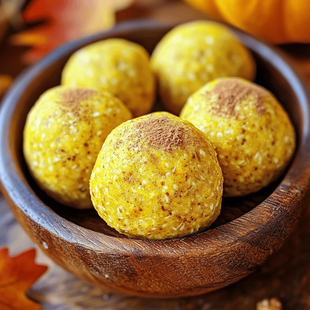 To make Pumpkin Spice Energy Balls, you will need the following: - 1 cup rolled oats - 1/2 cup almond butter (or peanut butter, your choice) - 1/2 cup pumpkin puree - 1/4 cup honey or maple syrup (both work wonderfully) - 1 teaspoon vanilla extract - 1 teaspoon pumpkin spice blend (or a mix of cinnamon, nutmeg, and ginger) - 1/4 teaspoon salt - 1/4 cup chopped nuts (choose walnuts or pecans for crunch) - 1/4 cup mini chocolate chips (optional, for a sweet touch) - Rolled oats: They provide the base and add fiber for energy. - Almond butter: This adds creaminess and healthy fats. Peanut butter is a great swap if you prefer. - Pumpkin puree: It gives moisture, flavor, and a boost of vitamins. - Honey or maple syrup: Both sweeten the mixture and help bind everything together. - Vanilla extract: It enhances the flavor profile with a warm, sweet note. - Pumpkin spice blend: This mix offers that classic fall flavor. You can make your own with cinnamon, nutmeg, and ginger. - Salt: A pinch of salt balances the sweetness. - Chopped nuts: They add crunch and extra nutrients. - Mini chocolate chips: These are optional but add a delightful sweetness. Feel free to customize your energy balls! Here are some easy swaps: - Nut Butter: If you have nut allergies, try sunflower seed butter. - Sweeteners: Agave syrup or date syrup can replace honey or maple syrup. - Pumpkin Puree: If out of pumpkin, use applesauce for a different flavor. - Oats: Quick oats or gluten-free oats work too. - Chocolate Chips: Use dried fruits like raisins or cranberries for a chewier texture. These ingredients are simple and offer a lot of flexibility. You can make these energy balls your own with just a few changes! For the full recipe, check out the detailed instructions above. Making Pumpkin Spice Energy Balls is easy and fun. Let’s dive into the process! 1. Combine Base Ingredients: Start by adding the rolled oats, almond butter, pumpkin puree, honey, and vanilla extract to a large mixing bowl. Mix these well until everything sticks together. If it feels too dry, add a bit more almond butter. - Tip: Use a sturdy spoon or spatula for mixing. This helps combine the ingredients better. 2. Incorporate Spices: Next, sprinkle the pumpkin spice blend and salt into the mixture. Stir well so every bite has that warm, cozy flavor. - Common Mistake: Forgetting the salt can make your energy balls taste bland. Always include it! 3. Add Crunch and Sweetness: Gently fold in the chopped nuts and mini chocolate chips if you're using them. This adds texture and a bit of sweetness. - Tip: Try to evenly distribute the nuts and chips. This ensures every energy ball has a nice crunch. 4. Shape the Balls: With damp hands, scoop out portions of the mix. Roll them into small balls, about 1 inch wide. - Common Mistake: If your hands are too dry, the mixture will stick. Use a bit of water or oil to help. 5. Arrange for Chilling: Line a baking sheet with parchment paper. Place the energy balls on the sheet, giving them space so they don't stick together. - Tip: A baking sheet makes transferring the balls easier later. 6. Chill to Firm Up: Put the baking sheet in the fridge for at least 30 minutes. This helps the energy balls hold their shape. - Common Mistake: Skipping this step makes them too soft to handle later. 7. Store Properly: After chilling, move the energy balls to an airtight container. They stay fresh in the fridge for up to a week. - Tip: You can also wrap them in wax paper for easy snacking! For the complete recipe, refer to the [Full Recipe]. Enjoy this simple and healthy snack! Mixing your ingredients well makes a big difference in taste and texture. Start with the wet ingredients first. Combine almond butter, pumpkin puree, honey, and vanilla in a large bowl. Use a sturdy spoon to mix until creamy. Then, add the oats, spices, and salt. Stir until everything blends nicely. For crunch, fold in chopped nuts gently. I like using walnuts or pecans. They add great texture. If you want a touch of sweetness, mini chocolate chips work well too. Just be careful not to over-mix. You want to keep the nuts whole for that satisfying bite. Try adding different spices to switch up the flavor. Cinnamon is a classic choice. You can also add a pinch of nutmeg or a dash of ginger for warmth. If you have chia seeds or flaxseeds, toss in a tablespoon for extra nutrition. Feel free to swap almond butter for peanut butter if you prefer. Both options give a rich taste. You can also use maple syrup instead of honey for a different sweetness. These small changes let you make the recipe your own. For a fun twist, consider adding dried fruits like cranberries or raisins. They pair wonderfully with pumpkin spice. Each ingredient adds its unique flavor, so don’t hesitate to experiment. Check out the Full Recipe for more ideas on how to create your perfect snack! {{image_4}} When I make pumpkin spice energy balls, I love to switch things up. You can create many flavors to keep things fun. Here are some great ideas to try. - Nut-Free Alternatives: If you need a nut-free treat, swap almond butter for sunflower seed butter. This keeps the energy balls creamy while being safe for schools or nut-free zones. You can also use pumpkin seeds instead of nuts for a nice crunch. - Seasonal Variations and Add-Ins: You can add different flavors based on the seasons. In fall, try adding dried cranberries or chopped apples. In winter, a pinch of peppermint extract can give a festive twist. If you want a chocolatey version, mix in cocoa powder or use dark chocolate chips instead of mini chocolate chips. Feel free to get creative! Each change can give your energy balls a new taste that excites your palate. How should you store pumpkin spice energy balls? You can store them in the fridge or freezer. - Refrigerator: Keep your energy balls in an airtight container. They stay fresh for about one week. This makes it easy to grab a quick snack. - Freezer: If you want to keep them longer, place them in the freezer. They can last for up to three months. Just make sure to wrap them well. Use freezer-safe bags or containers. What tips help keep them fresh? Avoid storing them in direct sunlight or warm places. Store them in a cool, dark spot. This helps maintain their flavor and texture. If you notice any changes in smell or texture, it's best to throw them out. Always trust your senses when it comes to food safety. For the full recipe, check out the section above. What are the nutritional benefits of energy balls? Pumpkin spice energy balls pack a punch of nutrients. They provide fiber from oats and pumpkin. Almond butter adds healthy fats and protein. Honey or maple syrup gives you a quick energy boost. Plus, the spices offer antioxidants. Overall, they are a great snack for energy and nutrition. Can I make these energy balls vegan? Yes, you can easily make these energy balls vegan. Just replace honey with maple syrup. Almond butter is already vegan, but you can also use peanut butter. All the other ingredients are plant-based too. This way, you get a tasty vegan snack without losing flavor. How do I make them kid-friendly? Making pumpkin spice energy balls kid-friendly is simple. You can leave out the chocolate chips for a healthier treat. If your kids love sweets, add mini chocolate chips. You can also let them help mix the ingredients. This makes them excited to eat their snacks! For the full recipe, check out the earlier section. You now have a complete guide to making pumpkin spice energy balls. We covered ingredients, cooking steps, and tips to boost flavor. You learned how to store them for freshness and discovered tasty variations, too. Use the substitutions and tricks to make this snack your own. I hope you feel inspired to try new flavors and share these yummy treats with family and friends. Enjoy your energy balls and happy cooking!