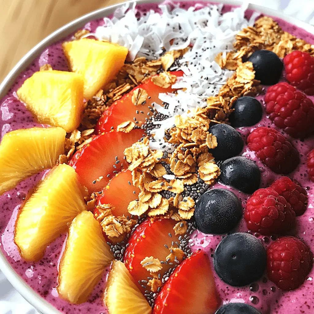 - Mixed Berries: Types and Benefits I love using mixed berries like strawberries, blueberries, and raspberries. They offer a burst of flavor and color. Each type brings unique health benefits. Strawberries are high in vitamin C. Blueberries are great for brain health. Raspberries are rich in fiber. Together, they make your smoothie bowl tasty and healthy. - Ripe Banana: Importance of Freezing A ripe banana adds creaminess to the bowl. Freezing it makes the smoothie thick and smooth. When you blend a frozen banana, it helps create a nice texture. If you use a fresh banana, the smoothie may be too runny. So, always freeze your banana ahead of time for the best results. - Almond Milk: Alternative Milk Options Almond milk is my go-to for this recipe. It has a light taste that lets the berries shine. You can also try oat milk or coconut milk if you prefer. Each milk adds a different flavor. Choose your favorite to make this bowl your own. - Optional Add-ins: Honey, Chia Seeds, and Vanilla Extract I love adding honey for sweetness. It also pairs well with the berries. Chia seeds add texture and extra nutrition. They are full of fiber and omega-3s. Vanilla extract gives a warm flavor that makes the bowl taste even better. These are all optional, but they can elevate your smoothie bowl. For the full recipe, check out the Berrylicious Smoothie Bowl 🥥 section. - Step 1: Add Ingredients to Blender Start by placing your mixed berries, frozen banana, almond milk, chia seeds, honey or maple syrup (if you want), and vanilla extract into a high-powered blender. This mix gives the bowl its rich flavor. - Step 2: Blending to Desired Consistency Blend on high speed until it is smooth and creamy. If the mix is too thick, add a bit more almond milk. You want it thick enough to hold your toppings. - Step 3: Pouring into Bowl Once blended, pour the mixture into a bowl. Use a spatula to smooth the top evenly. This creates a great base for your toppings. - Step 4: Arranging Toppings Now, it’s time for fun! Arrange fresh fruit slices like banana and strawberry on top. Add crunchy granola for texture, sprinkle shredded coconut for flavor, and toss on a few extra chia seeds for nutrition. Enjoy your berry smoothie bowl right away! For the full recipe, check out the complete instructions above. To make your berry smoothie bowl just right, focus on texture. Start by adjusting the thickness. If it’s too thick, add more almond milk. If it’s too thin, blend in more frozen banana or berries. You want it thick enough to hold toppings but smooth enough to enjoy. Next, consider using frozen versus fresh ingredients. Frozen fruit gives your smoothie a creamier feel. It also keeps your bowl cool and refreshing. Fresh fruit works too, but your smoothie may be thinner. Blending techniques matter. Use a high-powered blender for best results. Start at low speed, then gradually increase to high. This helps break down the fruit evenly. Stop blending once it’s smooth and creamy. Now, let’s make your bowl look amazing. Arrange your toppings in fun patterns. Try creating a rainbow effect with the fresh fruit slices. Place granola in little piles for a crunchy surprise. Garnishing adds flair. Sprinkle shredded coconut on top for a tropical vibe. A final sprinkle of chia seeds gives texture and nutrition. Remember, we eat with our eyes first! {{image_4}} You can switch the mixed berries to suit your taste. Seasonal berries can add great flavor. For example, try blackberries in summer or cranberries in fall. These fruits bring new tastes and benefits to your bowl. Berry combinations can also create fun flavors. Mix strawberries with blueberries for a classic combo. Or, blend raspberries with blackberries for a tangy twist. Each mix adds unique nutrients and colors to your bowl. You can create themed smoothie bowls for a fun twist. A tropical twist works great with pineapple and coconut. Just add chopped pineapple and shredded coconut to your base. This adds a sweet and creamy flavor that feels like a beach vacation. For a green smoothie bowl, add spinach or kale. This option boosts nutrition without losing taste. Blend these greens with your berries for a beautiful green color. Top it with banana slices or nuts for crunch. Explore these variations to keep your berry smoothie bowl exciting. Check the Full Recipe for more details on creating your base. To keep your berry smoothie bowl fresh, use an airtight container. Glass or plastic containers work well. Make sure to seal it tightly. You can store it in the fridge for up to two days. After that, it may lose its taste and texture. If you have extra smoothie, freezing it is a great option. Pour the smoothie into a freezer-safe container or ice cube tray. Leave some space at the top since it will expand as it freezes. It can last in the freezer for about a month. To enjoy your frozen smoothie bowl, take it out and let it sit for a bit. You can also blend it again for a smoother texture. Add a splash of almond milk if needed. This way, you get a delicious treat ready to eat! You can find all the steps in the [Full Recipe]. To make a dairy-free version, use plant-based milk. Almond milk works great, but you can also try oat or coconut milk. These options keep your bowl creamy and rich. Just follow the same recipe, swapping regular milk for your chosen plant-based milk. Yes, you can use frozen berries! They blend well and give your smoothie bowl a nice chill. Frozen berries often taste just as good as fresh. They also help create a thicker texture. Just keep in mind that you may need a bit more liquid when blending. For healthy toppings, think fresh fruit slices like bananas, strawberries, or kiwis. You can also add crunchy granola or nut butter for extra flavor. Chia seeds and shredded coconut boost nutrition too. Mix and match your favorites for a colorful bowl. To add protein, consider using Greek yogurt or a scoop of protein powder. You can also mix in nut butter or seeds, like hemp or pumpkin seeds. These help keep you full and satisfied. Choose what fits your taste and diet best. To adjust sweetness, add a bit of honey or maple syrup. Start with a small amount, then taste and add more if needed. You can also use ripe bananas as a natural sweetener. They help balance flavors while keeping it healthy. For the full recipe, check the detailed instructions above. You now have the full guide to making a delicious berry smoothie bowl. We explored key ingredients, step-by-step prep, and tips for perfect texture and presentation. Remember, you can customize your bowl with different berries and toppings. By trying various flavors, you can keep your smoothies exciting. Storage tips ensure you can enjoy leftovers, too. Making a berry smoothie bowl is easy and fun. Enjoy experimenting with ingredients and find your perfect mix!