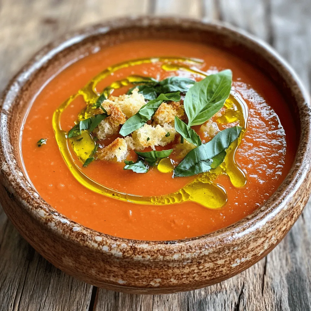 Gathering the right ingredients is key to making a great creamy tomato basil soup. Here’s what you need: - 4 cups ripe tomatoes, chopped - 1 medium onion, finely chopped - 3 cloves garlic, minced - 2 cups vegetable broth - 1 cup fresh basil leaves, tightly packed - 1 cup heavy cream (or coconut cream for a vegan option) - 2 tablespoons olive oil - 1 teaspoon granulated sugar - Salt and freshly ground black pepper to taste - Crispy croutons and additional fresh basil for garnish Each ingredient plays an important role in building flavor. The ripe tomatoes give the soup its rich base. The onion and garlic add depth and aroma. Fresh basil brings in a bright note, making the soup taste fresh and vibrant. Using heavy cream adds that creamy texture, but coconut cream is a great choice for a vegan option. Olive oil helps in sautéing the onions and garlic, enhancing the overall flavor. Granulated sugar balances the acidity of the tomatoes, making the soup taste round and rich. Finally, don’t forget to season with salt and pepper to elevate all the flavors. For a delightful finish, top each bowl with crispy croutons and more fresh basil. This adds a nice crunch and an extra burst of flavor. With these ingredients ready, you are all set to create a comforting bowl of creamy tomato basil soup. For the full recipe, make sure to check out the complete guide! First, heat 2 tablespoons of olive oil in a large pot over medium heat. This oil adds flavor and helps cook the onions well. Once the oil is hot, add 1 medium onion, finely chopped. Sauté the onion for about 5 minutes. You want it to turn soft and translucent. Next, stir in 3 cloves of minced garlic. Cook this for just 1 minute. The aroma will be wonderful, but make sure it does not burn. Now, add 4 cups of chopped ripe tomatoes and 1 teaspoon of granulated sugar to the pot. The sugar helps balance the acidity of the tomatoes. Cook this mixture for about 10 to 12 minutes. Stir occasionally until the tomatoes soften and release their juices. Then, pour in 2 cups of vegetable broth. Bring the mixture to a boil. Once boiling, reduce the heat and let it simmer for 15 minutes. This allows all the flavors to blend nicely. After simmering, remove the pot from the heat. Stir in 1 cup of fresh basil leaves. This adds a fresh taste to the soup. Using an immersion blender, blend the soup until it is silky-smooth. If you prefer, you can use a countertop blender, but be careful with the hot soup. Once blended, return it to low heat. Stir in 1 cup of heavy cream. For a vegan option, you can use coconut cream instead. Warm it gently, but do not let it boil. Finally, season the soup with salt and freshly ground black pepper to taste. Serve hot, garnished with crispy croutons and more fresh basil. For the full recipe, check out the details above! To achieve the right consistency for your creamy tomato basil soup, focus on blending. I recommend using an immersion blender. This tool helps you control the texture. Blend until smooth, but if you like some chunks, stop earlier. If the soup feels too thick, just add a bit more broth. Adjusting seasoning is key to a balanced flavor. Start with salt and pepper. Taste as you go. If it needs more depth, add a pinch of sugar. This brings out the tomato's sweetness. Fresh basil adds a bright flavor. Stir it in and taste again to find what you love. For the best accompaniments, serve with crispy croutons. They add a nice crunch that contrasts with the creamy soup. A slice of crusty bread works well too. You can also pair it with a fresh salad for a complete meal. Garnishing can elevate your dish. Use fresh basil leaves for a pop of color. A drizzle of extra virgin olive oil adds richness. Try adding a sprinkle of grated cheese for extra flavor. These simple touches make your soup look as good as it tastes. You can find the full recipe for creamy tomato basil soup to help guide your cooking. {{image_4}} You can make a vegan version of creamy tomato basil soup by using coconut cream. It gives the soup a rich, creamy texture. Just swap the heavy cream for one cup of coconut cream in the Full Recipe. The flavor will still shine through, and you won't miss the dairy. To enhance the flavor of your soup, try adding spices like smoked paprika or red pepper flakes. A pinch of nutmeg can also bring warmth and depth. You might want to add a splash of balsamic vinegar for a tangy kick. Fresh herbs like oregano or thyme can give your soup a fresh twist too. If you're looking for a lighter soup, use low-fat cream or omit it altogether. You can replace the cream with more vegetable broth. This still keeps the soup flavorful while cutting down on fat. Adjust your seasonings to maintain a tasty balance. Enjoy your creamy tomato basil soup while staying mindful of your diet! Store leftover creamy tomato basil soup in an airtight container. Place it in the fridge within two hours of cooking. This keeps the soup fresh for about three to four days. When ready to eat, reheat it on the stove or in the microwave. Stir often to avoid sticking. If the soup thickens, add a splash of broth or water. You can freeze creamy tomato basil soup for longer storage. Let the soup cool completely before transferring it to a freezer-safe container. Leave some space at the top, as the soup will expand. It can last up to three months in the freezer. To reheat, thaw it overnight in the fridge. Then, gently heat it on the stove, stirring until warm. If it seems too thick, add a bit of broth or water to reach your desired consistency. For the full recipe, check the Creamy Tomato Basil Bliss Soup section. How to make creamy tomato basil soup without cream? You can use coconut cream as a great substitute. It gives a rich flavor without dairy. Just add it at the end of cooking like you would with heavy cream. Can I use canned tomatoes instead of fresh? Yes, canned tomatoes work well. They save time and still add lots of flavor. Use whole or diced tomatoes. Just adjust your cooking time to ensure they heat through. How long does creamy tomato basil soup last in the fridge? This soup lasts about 3 to 5 days in the fridge. Store it in an airtight container to keep it fresh. What are the nutritional benefits of tomato basil soup? Tomato basil soup is low in calories and full of vitamins. Tomatoes give you vitamin C and antioxidants. Basil adds flavor and has anti-inflammatory benefits. Is this soup suitable for gluten-free diets? Yes, this soup is gluten-free. Just check the vegetable broth to ensure it is gluten-free too. Where to find the best creamy tomato basil soup? Many local cafes and bistros make great creamy tomato basil soup. Look for restaurants that focus on fresh ingredients. You can also check online reviews for recommendations in your area. In this post, we covered how to make creamy tomato basil soup. We listed the key ingredients, provided step-by-step instructions, and shared tips for perfecting your recipe. You can also find variations, storage tips, and answers to common questions. Enjoy your homemade soup! It's delicious and easy to make. Feel free to experiment with flavors and share your results. This comforting dish is great for any time of year, and each bowl is filled with warmth and flavor.