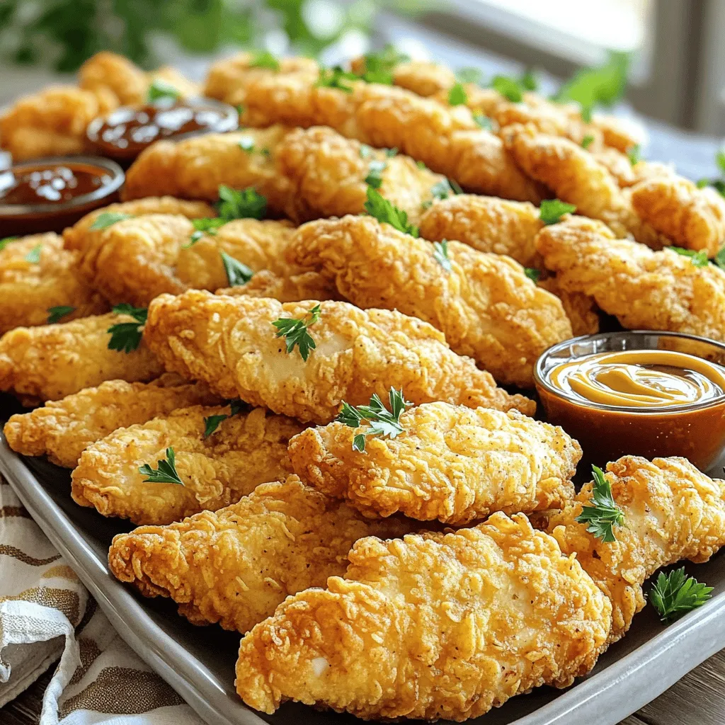 - 2 pounds chicken tenderloins - 1 cup all-purpose flour - 1 cup panko breadcrumbs - ½ cup buttermilk Chicken tenderloins are the star here. They’re juicy and cook quickly. All-purpose flour gives a good base layer for the crunch. Panko breadcrumbs provide extra crunch, making each bite satisfying. Buttermilk keeps the chicken moist and adds flavor. - 1 teaspoon garlic powder - 1 teaspoon onion powder - 1 teaspoon smoked paprika - ½ teaspoon cayenne pepper These seasonings bring the chicken to life. Garlic and onion powder add a savory kick. Smoked paprika gives a hint of smokiness. Adjust the cayenne pepper to your liking for a bit of heat. - Vegetable oil - Fresh parsley (for garnish) Vegetable oil is necessary for frying. It helps create that crispy outer layer. Fresh parsley gives a pop of color and freshness. You can sprinkle it on top before serving for a nice look. For the full recipe, check the main article. - Rinse the chicken tenderloins under cold water. - Dry them with paper towels. - Season the chicken with salt and pepper. First, rinsing the chicken helps remove any bacteria. After rinsing, drying the chicken is key. Moisture can make it hard to get a crispy coat. The salt and pepper add flavor right to the meat. - Prepare flour mixture with all-purpose flour, garlic powder, onion powder, smoked paprika, cayenne pepper, salt, and pepper. - Mix eggs and buttermilk in another bowl. - Arrange panko breadcrumbs in a third bowl. Having a breading station makes the process easy. The flour mixture adds a base layer of flavor. The egg and buttermilk mix helps the breadcrumbs stick. Panko breadcrumbs give that extra crunch everyone loves. - Coat each tender with the flour mixture, shaking off excess. - Dip the chicken in the egg mixture, letting extra drip off. - Press each tender into the panko breadcrumbs. Make sure each chicken piece is well-coated. This ensures a nice, even crunch. Pressing the chicken into the breadcrumbs helps them stick better. - Heat vegetable oil in a large skillet to about ½ inch deep. - Fry the chicken in batches, avoiding overcrowding. - Cook for 4-5 minutes per side until golden brown. Check that the internal temperature reaches 165°F (75°C). Heating the oil properly is crucial. Too cold oil will make the chicken greasy. Frying in batches keeps the temperature steady. This way, you get perfect, crispy tenders every time. - Carefully remove the chicken from the skillet and place on paper towels. - Garnish with chopped parsley if desired. Letting the chicken drain helps keep it crispy. The parsley adds a nice touch and a pop of color. For more ideas, check out the Full Recipe for more tips and serving suggestions! To get that perfect crunch, follow these tips: - Temperature Control: Heat your oil to the right temperature. Use medium-high heat. If the oil is too cool, the chicken will soak up oil. If it’s too hot, the outside will burn before the inside cooks. - Avoid Overcrowding the Pan: Cook the chicken in small batches. If you crowd the pan, the temperature drops. This leads to soggy tenders instead of crispy ones. Dipping sauces can elevate your chicken tenders to the next level. Here are my favorite options: - Honey Mustard: Sweet and tangy, this sauce pairs well with crispy chicken. - Ranch Dressing: Creamy ranch is a classic choice. It adds a cool contrast to the hot tenders. - Barbecue Sauce: Smoky and sweet, barbecue sauce adds a bold flavor. Make your crispy chicken tenders look as good as they taste: - Platter Arrangement: Arrange the tenders on a large platter. This makes them the star of your meal. - Use of Fresh Herbs: Fresh parsley adds color and vibrancy. Sprinkle it on top for a beautiful finish. For the full recipe, check out the [Full Recipe]. {{image_4}} Want a kick? Adjust the spice level by adding more cayenne pepper. Start with one teaspoon. If you like it hotter, add more until it’s perfect for you. You can also mix in your favorite hot sauce into the egg mixture. This extra step gives a nice flavor boost. Try sriracha or Frank's RedHot for a tangy twist. If you prefer baking, I have a simple method. Preheat your oven to 425°F (220°C). After breading your chicken, place them on a baking sheet lined with parchment paper. Spray the tenders lightly with cooking oil to help them crisp up. Bake for 20-25 minutes. Flip them halfway through for even cooking. Check that they reach an internal temperature of 165°F (75°C) for safety. For those needing gluten-free choices, you can easily switch ingredients. Use gluten-free breadcrumbs like crushed rice or cornflakes. For the flour, substitute with almond flour or a gluten-free blend. These options keep the dish tasty and crisp. Always check labels to ensure they meet your diet needs. This way, everyone can enjoy crispy chicken tenders. For the full recipe, don’t forget to check the main section! How do you store leftovers? After enjoying your crispy chicken tenders, let them cool down. Place them in an airtight container. This helps keep them fresh. You can also wrap them tightly with plastic wrap. What is the shelf life in the fridge? Properly stored chicken tenders last about 3 to 4 days in the fridge. Make sure to check for any signs of spoilage before eating. How do you freeze chicken tenders? To freeze, first let the cooked chicken tenders cool completely. Place them in a single layer on a baking sheet. Freeze them for about 1 hour. Once frozen, transfer them to a freezer-safe bag. This helps prevent them from sticking together. What are the reheating tips? To reheat, bake the tenders in a preheated oven at 400°F (200°C) for about 15-20 minutes. This keeps them crispy. You can also use an air fryer for about 10 minutes at 375°F (190°C) for a quick and crispy result. Why should you store without sauces? Sauces can make the chicken soggy. Store the tenders plain and add sauces when you are ready to eat. What are some tips for maintaining texture? To keep the tenders crispy, avoid stacking them. Place parchment paper between layers if needed. Reheat them in a way that allows air circulation, like the oven or air fryer. Yes, you can make crispy chicken tenders ahead of time. To prepare in advance, follow these steps: - Cook the Chicken: Fry the chicken tenders as per the full recipe. - Cool Completely: Let them cool on a wire rack. This keeps them crispy. - Store: Place the cooled tenders in an airtight container. Refrigerate for up to 3 days. - Reheat: When ready to eat, reheat them in the oven at 375°F (190°C) for about 10-15 minutes. This helps restore their crispiness. If you don't have buttermilk, there are easy options for buttermilk alternatives: - Milk and Vinegar: Use ½ cup of milk with 1 teaspoon of vinegar. Let it sit for 5 minutes. - Milk and Yogurt: Mix ½ cup of yogurt with ¼ cup of milk to thin it out. - Milk and Sour Cream: Blend ½ cup of sour cream with ¼ cup of milk. These substitutes work well and keep your chicken tender and moist. Fry the chicken tenders for about 4-5 minutes on each side. This gives them a golden brown color and a crispy texture. Always check the chicken after frying to ensure it is cooked through. Chicken tenders should reach an internal temperature of 165°F (75°C). This ensures they are safe to eat. Use a meat thermometer for the best results. Checking the temperature avoids any risk of undercooking. This post covered the essential ingredients for crispy chicken tenders, including chicken, flour, and noteworthy spices. You learned the step-by-step process to prep, bread, and fry, ensuring the perfect crunch. I shared tips for serving and storing, plus variations that cater to different diets. In the end, you can create a tasty dish that delights everyone. With practice, your chicken tenders will shine at any meal. Enjoy cooking!