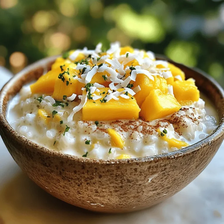 - 1 cup jasmine rice - 2 cans (13.5 oz each) full-fat coconut milk - 3 cups water I love using jasmine rice for this pudding. Its fragrant aroma adds a lovely touch. Full-fat coconut milk gives a rich, creamy texture. The rice absorbs the milk, making it so comforting. You need three cups of water to cook the rice just right. - 1/2 cup granulated sugar - 1 teaspoon pure vanilla extract - 1/2 teaspoon ground cinnamon For sweetness, I use half a cup of granulated sugar. You can adjust this based on your taste. A teaspoon of pure vanilla extract adds depth. I also love adding a half teaspoon of ground cinnamon for warmth. These flavorings make the pudding truly special. - Fresh mango slices - Toasted coconut flakes Toppings can elevate your dish. Fresh mango slices bring a bright, fruity flavor. Toasted coconut flakes add a nice crunch. These toppings make your pudding pop! For the full recipe, check out the Coconut Dream Rice Pudding. You will enjoy making this treat! Start by combining 1 cup of jasmine rice, 3 cups of water, and 1/4 teaspoon of fine sea salt in a medium saucepan. Bring this mixture to a boil over medium-high heat. Stir it often to stop the rice from sticking. Once it boils, reduce the heat to low. Cover the saucepan with a tight lid and let it simmer for 15 to 20 minutes. Check the rice from time to time. You want it tender and for all the water to be absorbed. After the rice is cooked, pour in 2 cans of full-fat coconut milk. Add in 1/2 cup of granulated sugar, 1 teaspoon of pure vanilla extract, and 1/2 teaspoon of ground cinnamon. Stir gently to mix all the ingredients well. Turn the heat back to medium. Cook the mixture while stirring often. This helps prevent sticking at the bottom. Continue cooking for about 10 to 15 minutes until the pudding thickens to your liking. Once your pudding is thick, remove the saucepan from the heat. Let it cool a bit; it will thicken more as it cools. You can serve the pudding warm or chilled. For a lovely touch, top it with fresh mango slices and toasted coconut flakes. Presentation Tips: For a fancy look, serve the rice pudding in small bowls or ramekins. Drizzle a little extra coconut milk on top, and add a mint leaf for color. For the full recipe, check out the Coconut Dream Rice Pudding! To get that creamy, dreamy texture, stirring is key. I always stir the rice as it cooks. This stops the rice from sticking to the bottom. Stir it gently but often. If you want a thicker pudding, cook it a bit longer. For a creamier feel, take it off the heat sooner. You can add fun flavors to your pudding! Try a pinch of nutmeg or cardamom for warmth. Almond or coconut extracts can bring out that tropical vibe. You can also toss in fruits while cooking. Bananas, pineapple, or even berries work great. They add sweetness and a pop of color. Serve the pudding warm for a cozy treat. It’s also nice chilled, especially on hot days. For gatherings, think of fun presentation ideas. Use cute bowls or glasses. Top each one with fresh mango and toasted coconut. A mint leaf adds a bright touch. This makes your dish stand out and taste even better! {{image_4}} You can make this coconut milk rice pudding fit many diets. For a vegan option, swap the granulated sugar for alternatives like maple syrup or agave nectar. These sweeteners add a nice flavor and keep the pudding plant-based. If gluten is a concern, you can rest easy. This pudding is naturally gluten-free. Just ensure that any added ingredients, like toppings, are also gluten-free. This way, everyone can enjoy this creamy treat without worry. To change up the flavor, try different types of rice. Arborio rice, often used in risotto, makes a creamier pudding. The starch in arborio rice gives your pudding a rich texture. You can also infuse the pudding with flavors. Adding citrus zest, like lemon or lime, brightens the dish. Spices like nutmeg or cardamom can add warmth and depth. Experiment with what you like best to find your perfect combination. Coconut pudding has many international versions. For a Thai-style variation, add pandan leaves while cooking for a unique flavor. You can also use coconut cream to make it extra rich. Fusion ideas are fun too. Try adding chocolate for a dessert inspired by both Asian and Western flavors. You can even use matcha for a green tea twist. Each variation can give this dish a new life, so feel free to get creative! For the full recipe, check out the Coconut Dream Rice Pudding. It’s a great starting point for all these variations. To keep your coconut milk rice pudding fresh, store it in the fridge. Use an airtight container. This helps maintain its creamy texture and flavor. Allow the pudding to cool before sealing it in. This step prevents moisture buildup inside the container. Your pudding lasts about 4 to 5 days in the fridge. If you want to keep it longer, you can freeze it. To freeze, use freezer-safe containers. Leave some space at the top, as the pudding expands when frozen. It can last for up to 2 months in the freezer. Reheat your pudding gently to keep it smooth. Use a saucepan over low heat. Stir it often to prevent sticking. You can also add a splash of coconut milk to refresh it. This step brings back its creamy goodness. If you prefer, you can use the microwave. Heat in short bursts, stirring in between. Enjoy your comforting treat warm or chilled! What can I substitute for jasmine rice in this recipe? You can use Arborio rice or even short-grain rice. These types will give a creamy texture. Jasmine rice has a lovely aroma and stickiness, but other options also work well. How do I know when the rice pudding is done? The rice pudding is done when it thickens to your liking. It should have a rich, creamy feel. Stir it occasionally and keep an eye on the thickness as it cooks. Can I use light coconut milk instead of full-fat? Yes, you can use light coconut milk. However, it may not be as creamy. Full-fat coconut milk gives the pudding a rich taste and texture. Alternatives for granulated sugar You can use honey, maple syrup, or coconut sugar. Each sweetener changes the flavor slightly. Adjust the amount based on your taste. Is coconut milk rice pudding served warm or cold? You can serve it warm or cold. Many people enjoy it warm for a comforting treat. Others prefer it chilled, especially on a hot day. Can I make this ahead of time? Absolutely! You can make the pudding a day in advance. Just store it in the fridge. Stir well before serving for the best texture. You can find the full recipe at the beginning of the article. This article shared how to make a delicious coconut rice pudding with simple steps. You learned about key ingredients, cooking techniques, and flavor ideas. We also explored storage tips to keep it fresh. Remember, you can customize this dish to fit your taste. Enjoy serving it warm or cold, topped with fruits or nuts. Now it's your turn to create this tasty treat. Dive in and have fun making your own coconut rice pudding!
