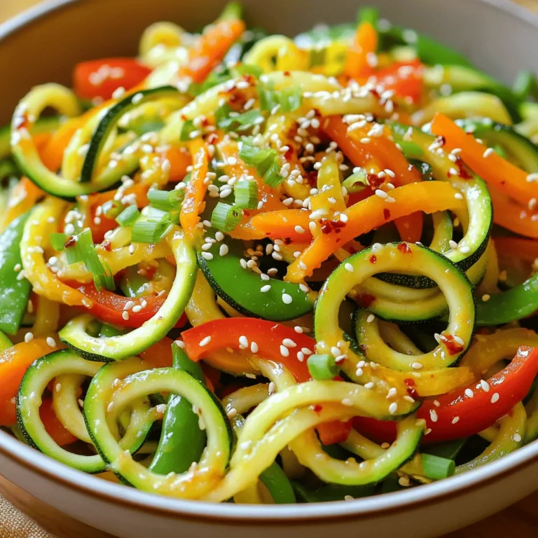 When I whip up a zucchini noodle stir-fry, I love using fresh and colorful ingredients. They not only add flavor but also make the dish look amazing. Here’s what you need: - 2 medium zucchinis, spiralized into noodles - 1 cup bell peppers, sliced into thin strips - 1 cup carrots, cut into matchstick pieces - 1 cup snap peas, trimmed - 1 tablespoon fresh ginger, finely minced - 2 cloves garlic, minced - 2 tablespoons soy sauce or Tamari - 1 tablespoon sesame oil - 1 teaspoon chili paste - 2 green onions, chopped - 1 tablespoon sesame seeds - Salt and freshly cracked black pepper to taste Each ingredient plays a role. The zucchinis are your noodles, giving the dish a light base. Bell peppers add sweetness and crunch, while carrots bring a nice texture. Snap peas are a tasty bonus for freshness. The garlic and ginger give a warm kick, while soy sauce or Tamari adds umami flavor. Sesame oil brings depth, and chili paste gives it a bit of heat. Green onions and sesame seeds finish it all off with a pop of flavor and crunch. This combination creates a bright and tasty meal. For the full recipe, check out the Zesty Zucchini Noodle Stir-Fry. You can mix and match the veggies based on what you have. Get creative and enjoy! Start by spiralizing two medium zucchinis into noodle forms. You can use a spiralizer or a simple vegetable peeler to create long strands. Once you have your zoodles, place them in a large bowl and set them aside. This keeps them ready for cooking later. Next, heat a tablespoon of sesame oil in a non-stick skillet or wok over medium-high heat. Let it shimmer for a moment. Add two cloves of minced garlic and one tablespoon of finely minced ginger. Sauté them for about 30 seconds. You want them fragrant and lightly golden. Now, it’s time to add color! Toss in one cup of sliced bell peppers, one cup of julienned carrots, and one cup of trimmed snap peas. Stir-fry these veggies for about 3 to 5 minutes. You want them to stay vibrant and tender-crisp. This step adds a nice crunch to your dish. Gently add your prepared zucchini noodles to the pan. Pour in two tablespoons of soy sauce and one teaspoon of chili paste. Using tongs or a spatula, toss everything together. Make sure the noodles are evenly coated with the sauce for great flavor. Continue to stir-fry the mixture for another 2 to 3 minutes. This warms the zoodles while keeping their crunch. Check for taste and add salt and freshly cracked black pepper as needed. Once done, transfer the stir-fry to a serving dish. Garnish it with chopped green onions and sesame seeds. For a pop of flavor, consider adding a sprinkle of crushed red pepper flakes. Serve warm and enjoy this simple and flavorful meal! To make a great stir-fry, you need high heat. Heat your skillet until the oil shimmers. This helps cook the veggies fast and keeps them crisp. If your noodles get soggy, try cooking them separately. Add them at the end to keep their texture. Want to boost flavor? Add spices like garlic powder or crushed red pepper. You can also try sauces like teriyaki or hoisin. They add a nice kick! Fresh herbs, like basil or cilantro, brighten the dish. Just sprinkle them on top before serving for extra freshness. Serve your stir-fry on a wide, flat dish. This lets the colors shine. For garnish, add extra sesame seeds or green onions. You can also place lime wedges on the side for a zesty touch. Get creative and make it fun! For the full recipe, check out the Zesty Zucchini Noodle Stir-Fry. {{image_4}} You can easily add protein to your zucchini noodle stir-fry. Tofu, chicken, or shrimp work best. For tofu, press and cut it into cubes. Sauté it first until golden. If you choose chicken, cut it into thin strips. Cook it until it’s no longer pink. Shrimp cooks quickly, so add it after the veggies. Just stir-fry until they turn pink and curl up. Many people seek gluten-free options. Tamari is a great substitute for regular soy sauce. You can also swap out vegetables based on what you have. Broccoli, mushrooms, or spinach all taste good in this dish. Feel free to be creative with your veggie choices! Changing the sauce can add new flavors. Try hoisin sauce for a sweet kick. For a spicy touch, use sriracha or a sweet chili sauce. Adjust spice levels by adding more or less chili paste. You can also mix sauces to create something unique. Explore different combinations to find your favorite! For the full recipe, check out the Zesty Zucchini Noodle Stir-Fry 🥢. To keep your zucchini noodle stir-fry fresh, store it in the fridge. Use an airtight container to prevent air from getting in. This helps keep the flavors strong and the noodles firm. I recommend using glass containers if you have them. They are safe and easy to clean. When you reheat your stir-fry, aim to keep the noodles from getting mushy. Heat it gently in a skillet over low heat. Stir often to warm it evenly. You can also use a microwave. Just heat it in short bursts and stir in between. This keeps the noodles intact and tasty. Yes, you can freeze zucchini noodles! However, it’s best to freeze the stir-fry without the noodles. Zucchini can become watery after freezing. To freeze, place the cooled stir-fry in a freezer bag. Be sure to squeeze out the air before sealing. This way, your meal stays fresh for up to three months. When ready to eat, thaw it in the fridge overnight, then warm it up. Enjoy your delicious meal again! Zucchini noodles are low in calories but high in nutrients. They offer fiber, vitamins A and C, and potassium. Compared to traditional pasta, zucchini noodles have fewer carbs and calories. This makes them a great choice for those watching their weight or managing blood sugar. If you don’t have a spiralizer, you can use a vegetable peeler. Simply peel the zucchini into long strips. You can also use a box grater for wider noodles. Just be sure to cut them thin for even cooking. Yes, you can easily make this dish vegan. Swap the soy sauce for a gluten-free version like Tamari. You can also use coconut aminos if you want a different flavor. For added protein, consider using tofu or tempeh. Cooked zucchini noodles last for about 3 to 5 days in the fridge. Store them in an airtight container to keep them fresh. If you want to extend their life, you can freeze them, but expect a change in texture. Zucchini noodle stir-fry pairs well with many dishes. Consider serving it with grilled chicken or shrimp for added protein. You can also enjoy it with a light salad or a side of steamed broccoli for a complete meal. This blog post showed how to make a tasty zucchini noodle stir-fry. We covered the ingredients, steps to cook, and tips for the best flavor. Remember to cook your veggies until they’re bright and crisp. You can add protein or different sauces to mix things up. Storing leftovers is simple, and reheating keeps your dish just right. Enjoy experimenting with this fun recipe. It’s a healthy option that’s easy to enjoy!