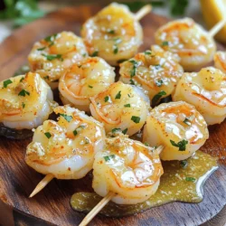 To make garlic butter shrimp skewers, gather these key items: - 1 pound large shrimp, peeled and deveined - 4 tablespoons unsalted butter - 4 cloves garlic, finely minced - 1 tablespoon fresh lemon juice - 1 teaspoon smoked paprika - ½ teaspoon red pepper flakes (optional for a spicy kick) - Sea salt and freshly cracked black pepper, to taste - 2 tablespoons fresh parsley, finely chopped - Wooden or metal skewers (if using wooden, soak in water for 30 minutes) You can enhance your skewers with these extras: - Fresh herbs like cilantro or dill for added flavor - A splash of white wine for a richer taste - Zucchini or bell peppers for colorful veggies on the skewers If you need to adjust the recipe, here are some easy conversions: - 1 tablespoon = 3 teaspoons - 1 pound = 16 ounces - 4 tablespoons = ½ cup These tips help ensure that your garlic butter shrimp skewers turn out just right. Using the right amounts makes a big difference in taste. Don't forget, for the complete recipe, check out the full recipe link. Start by melting the butter in a small saucepan over medium heat. Watch the butter closely. When it is fully melted, add minced garlic, smoked paprika, and red pepper flakes if you want some spice. Stir the mix for 1-2 minutes until the garlic smells good and turns a light golden. Take it off the heat and mix in lemon juice and half of the parsley. This garlic butter will add great flavor to the shrimp. In a mixing bowl, put the peeled and deveined shrimp. Pour half of the garlic butter over the shrimp. Add sea salt and freshly cracked black pepper for taste. Toss the shrimp gently to coat them well. Let them sit for 15-20 minutes. This helps the shrimp soak in all those lovely flavors. While the shrimp marinate, heat your grill or grill pan to medium-high. Take the marinated shrimp and carefully thread them onto the skewers. Aim for 4-5 shrimp per skewer. Make sure they are snug but not too tight. This allows even cooking. Once ready, place the skewers on the grill. Cook for about 2-3 minutes on each side. Look for the shrimp to turn pink and opaque. While they grill, use the rest of the garlic butter to brush over the shrimp. This adds more flavor and keeps them moist. For the full recipe, click here. To grill shrimp just right, start with a hot grill. Preheat it to medium-high heat. This helps the shrimp cook fast and evenly. Avoid overcooking; shrimp should be pink and opaque. Aim for about 2-3 minutes on each side. Use a brush to apply any leftover garlic butter while grilling. This adds extra flavor. You can also try using a grill basket for easier handling. It keeps the shrimp from falling through the grill grates. Fresh shrimp make a big difference. Look for shrimp that are firm and smell mild, not fishy. Large shrimp work best for skewers. They hold up well on the grill and look great on the plate. If you buy frozen shrimp, thaw them under cold water before cooking. This keeps them juicy. Always peel and devein them for the best taste and texture. Want to give your garlic butter shrimp a twist? Add a splash of white wine when making the garlic butter. It gives a nice depth. You can also mix in fresh herbs like thyme or basil for extra flavor. For heat lovers, increase the red pepper flakes or add a dash of hot sauce. Serve with lemon wedges for a bright finish. Try pairing with sides like rice or grilled veggies for a full meal. For the full recipe, check out the [Full Recipe]. {{image_4}} You can switch up the shrimp for other proteins. Chicken, scallops, or fish work great. Just keep the same garlic butter mix. If using chicken, cut it into bite-sized pieces. You will want to grill it longer than shrimp. For scallops, use large ones, and adjust grilling time to 2-3 minutes per side. Fish fillets like salmon or tilapia can also shine with this garlic butter. Want a kick? Add more red pepper flakes to the garlic butter. I suggest using one teaspoon if you love heat. You can also add hot sauce to the shrimp marinade. Another option is to mix in some chopped jalapeños when you sauté the garlic. This brings bold flavors that will excite your taste buds. You can easily make this dish vegetarian. Use firm tofu or portobello mushrooms. For tofu, press and cube it first, then marinate in the garlic butter mix. If you pick portobello mushrooms, cut them into thick slices. Grill them for about 4-5 minutes on each side. Adding bell peppers, zucchini, or cherry tomatoes can also add color and flavor. For the full recipe, check out the Garlic Butter Shrimp Skewers. To keep leftover garlic butter shrimp skewers fresh, place them in an airtight container. Make sure to let them cool completely before sealing. Store them in the fridge for up to three days. If you want to enjoy them later, use a container that keeps moisture away. You can freeze the skewers if you want to save them longer. First, let the skewers cool down. Then, wrap each skewer tightly in plastic wrap. Place the wrapped skewers in a freezer-safe bag. They will stay fresh for up to three months. When you’re ready to eat, just thaw them overnight in the fridge. Reheating shrimp skewers is easy. You can use an oven or a skillet. For the oven, preheat it to 350°F (175°C). Place the skewers on a baking sheet and cover with foil. Heat for about 10 minutes. If using a skillet, heat it over medium heat. Add a bit of butter and cook the skewers for 2-3 minutes. This keeps the shrimp juicy and tasty. For the full recipe, check out the Garlic Butter Shrimp Skewers section. You can tell shrimp are cooked when they turn pink. They also curl into a "C" shape. Cook them for about 2-3 minutes on each side. Overcooked shrimp become tough and rubbery, so watch them closely. Yes, you can use frozen shrimp. Just make sure to thaw them first. Place them in cold water for quick thawing. Once thawed, peel and devein them if needed. This makes the shrimp ready for the garlic butter. Great sides include grilled vegetables, rice, or a fresh salad. You can also serve them with garlic bread or pasta. These pair well and make your meal more filling. If you want to keep it light, a simple cucumber salad works well too. For the full recipe, check out the Garlic Butter Shrimp Skewers section above. In this post, we covered how to make delicious garlic butter shrimp skewers. You learned about the key ingredients, including optional ones, and measurement tips. I walked you through step-by-step instructions on preparing, marinating, and grilling your shrimp. We shared valuable cooking tips and flavor ideas to enhance your dish. Plus, we explored variations and storage methods for leftovers. Make these skewers tonight for a tasty meal that impresses! Enjoy the flavors, don’t forget to customize them, and share with friends!