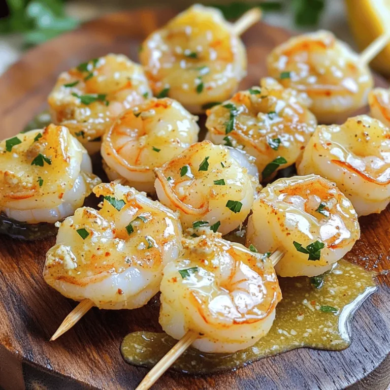 To make garlic butter shrimp skewers, gather these key items: - 1 pound large shrimp, peeled and deveined - 4 tablespoons unsalted butter - 4 cloves garlic, finely minced - 1 tablespoon fresh lemon juice - 1 teaspoon smoked paprika - ½ teaspoon red pepper flakes (optional for a spicy kick) - Sea salt and freshly cracked black pepper, to taste - 2 tablespoons fresh parsley, finely chopped - Wooden or metal skewers (if using wooden, soak in water for 30 minutes) You can enhance your skewers with these extras: - Fresh herbs like cilantro or dill for added flavor - A splash of white wine for a richer taste - Zucchini or bell peppers for colorful veggies on the skewers If you need to adjust the recipe, here are some easy conversions: - 1 tablespoon = 3 teaspoons - 1 pound = 16 ounces - 4 tablespoons = ½ cup These tips help ensure that your garlic butter shrimp skewers turn out just right. Using the right amounts makes a big difference in taste. Don't forget, for the complete recipe, check out the full recipe link. Start by melting the butter in a small saucepan over medium heat. Watch the butter closely. When it is fully melted, add minced garlic, smoked paprika, and red pepper flakes if you want some spice. Stir the mix for 1-2 minutes until the garlic smells good and turns a light golden. Take it off the heat and mix in lemon juice and half of the parsley. This garlic butter will add great flavor to the shrimp. In a mixing bowl, put the peeled and deveined shrimp. Pour half of the garlic butter over the shrimp. Add sea salt and freshly cracked black pepper for taste. Toss the shrimp gently to coat them well. Let them sit for 15-20 minutes. This helps the shrimp soak in all those lovely flavors. While the shrimp marinate, heat your grill or grill pan to medium-high. Take the marinated shrimp and carefully thread them onto the skewers. Aim for 4-5 shrimp per skewer. Make sure they are snug but not too tight. This allows even cooking. Once ready, place the skewers on the grill. Cook for about 2-3 minutes on each side. Look for the shrimp to turn pink and opaque. While they grill, use the rest of the garlic butter to brush over the shrimp. This adds more flavor and keeps them moist. For the full recipe, click here. To grill shrimp just right, start with a hot grill. Preheat it to medium-high heat. This helps the shrimp cook fast and evenly. Avoid overcooking; shrimp should be pink and opaque. Aim for about 2-3 minutes on each side. Use a brush to apply any leftover garlic butter while grilling. This adds extra flavor. You can also try using a grill basket for easier handling. It keeps the shrimp from falling through the grill grates. Fresh shrimp make a big difference. Look for shrimp that are firm and smell mild, not fishy. Large shrimp work best for skewers. They hold up well on the grill and look great on the plate. If you buy frozen shrimp, thaw them under cold water before cooking. This keeps them juicy. Always peel and devein them for the best taste and texture. Want to give your garlic butter shrimp a twist? Add a splash of white wine when making the garlic butter. It gives a nice depth. You can also mix in fresh herbs like thyme or basil for extra flavor. For heat lovers, increase the red pepper flakes or add a dash of hot sauce. Serve with lemon wedges for a bright finish. Try pairing with sides like rice or grilled veggies for a full meal. For the full recipe, check out the [Full Recipe]. {{image_4}} You can switch up the shrimp for other proteins. Chicken, scallops, or fish work great. Just keep the same garlic butter mix. If using chicken, cut it into bite-sized pieces. You will want to grill it longer than shrimp. For scallops, use large ones, and adjust grilling time to 2-3 minutes per side. Fish fillets like salmon or tilapia can also shine with this garlic butter. Want a kick? Add more red pepper flakes to the garlic butter. I suggest using one teaspoon if you love heat. You can also add hot sauce to the shrimp marinade. Another option is to mix in some chopped jalapeños when you sauté the garlic. This brings bold flavors that will excite your taste buds. You can easily make this dish vegetarian. Use firm tofu or portobello mushrooms. For tofu, press and cube it first, then marinate in the garlic butter mix. If you pick portobello mushrooms, cut them into thick slices. Grill them for about 4-5 minutes on each side. Adding bell peppers, zucchini, or cherry tomatoes can also add color and flavor. For the full recipe, check out the Garlic Butter Shrimp Skewers. To keep leftover garlic butter shrimp skewers fresh, place them in an airtight container. Make sure to let them cool completely before sealing. Store them in the fridge for up to three days. If you want to enjoy them later, use a container that keeps moisture away. You can freeze the skewers if you want to save them longer. First, let the skewers cool down. Then, wrap each skewer tightly in plastic wrap. Place the wrapped skewers in a freezer-safe bag. They will stay fresh for up to three months. When you’re ready to eat, just thaw them overnight in the fridge. Reheating shrimp skewers is easy. You can use an oven or a skillet. For the oven, preheat it to 350°F (175°C). Place the skewers on a baking sheet and cover with foil. Heat for about 10 minutes. If using a skillet, heat it over medium heat. Add a bit of butter and cook the skewers for 2-3 minutes. This keeps the shrimp juicy and tasty. For the full recipe, check out the Garlic Butter Shrimp Skewers section. You can tell shrimp are cooked when they turn pink. They also curl into a "C" shape. Cook them for about 2-3 minutes on each side. Overcooked shrimp become tough and rubbery, so watch them closely. Yes, you can use frozen shrimp. Just make sure to thaw them first. Place them in cold water for quick thawing. Once thawed, peel and devein them if needed. This makes the shrimp ready for the garlic butter. Great sides include grilled vegetables, rice, or a fresh salad. You can also serve them with garlic bread or pasta. These pair well and make your meal more filling. If you want to keep it light, a simple cucumber salad works well too. For the full recipe, check out the Garlic Butter Shrimp Skewers section above. In this post, we covered how to make delicious garlic butter shrimp skewers. You learned about the key ingredients, including optional ones, and measurement tips. I walked you through step-by-step instructions on preparing, marinating, and grilling your shrimp. We shared valuable cooking tips and flavor ideas to enhance your dish. Plus, we explored variations and storage methods for leftovers. Make these skewers tonight for a tasty meal that impresses! Enjoy the flavors, don’t forget to customize them, and share with friends!