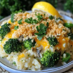 - 2 cups cooked rice (white or brown) - 4 cups fresh broccoli florets - 1 cup shredded sharp cheddar cheese - 1 cup cream of mushroom soup (store-bought or homemade) - 1/2 cup milk - 1/2 cup onion, finely chopped - 2 cloves garlic, minced - 1/2 teaspoon salt - 1/2 teaspoon black pepper - 1/4 teaspoon paprika - 1 cup breadcrumbs (to create a crunchy topping) - 2 tablespoons olive oil (to coat the breadcrumbs) This dish is all about using fresh and simple ingredients. Start with cooked rice, which serves as the base. Broccoli adds a bright color and crunch. The sharp cheddar cheese gives us that rich, creamy flavor we love. You can use store-bought cream of mushroom soup, or make your own if you have the time. Milk helps to blend everything nicely, while onion and garlic add depth. Don't forget the seasonings! Salt and black pepper are must-haves. A little paprika adds a nice touch of warmth. The breadcrumbs on top create a lovely crunch and pair well with olive oil to help them brown. You can find the full recipe for this dish to guide you through the cooking process. Start by preheating your oven to 350°F (175°C). This step is key for even baking. A hot oven helps the casserole cook through. If the oven is not hot, the dish may bake unevenly. Bring a small pot of water to a boil. Place fresh broccoli florets in a steamer basket above the boiling water. Cover the pot with a lid. Steam the broccoli for about 5 minutes. This keeps them bright green and tender. Drain the broccoli and set it aside. In a large mixing bowl, add the cooked rice, steamed broccoli, shredded cheddar cheese, cream of mushroom soup, milk, chopped onion, minced garlic, salt, black pepper, and paprika. Mix all the ingredients well. This ensures that every bite is full of flavor. Grease a 9x13-inch casserole dish with non-stick spray or a bit of olive oil. Carefully pour the mixture into the dish. Spread it out evenly with a spatula. This helps the casserole cook evenly and makes it easier to serve. In a small bowl, mix the breadcrumbs with the olive oil. Stir until all the breadcrumbs are coated. This coating creates a nice crunchy texture on top. Sprinkle this mixture evenly over the casserole for the best results. Place the casserole in the preheated oven. Bake for 25-30 minutes. Check for doneness by looking for a bubbly filling and a golden brown topping. The dish should be hot throughout. For the full recipe, check out the details provided above. Enjoy this cheesy, comforting dish! Using fresh ingredients makes a big difference in taste. Fresh broccoli has a bright, crisp flavor. If you must use frozen, thaw it first. This helps keep it from becoming mushy. Fresh garlic and onion add depth too. You can substitute dried garlic or onion powder, but fresh is best. To make this casserole extra cheesy, mix different types of cheese. Sharp cheddar is great, but try adding mozzarella for stretch or gouda for a smoky flavor. Layer your cheese at the top and in the middle for a cheesy experience in every bite. You can even sprinkle some cheese on before baking for that gooey top. Every oven cooks differently. Keep an eye on your casserole the first time you make it. If your oven runs hot, check it a few minutes early. You want it bubbly and golden brown. If it’s not quite there after 30 minutes, give it a few more minutes. Cooking times can vary, so adjust as needed. For the full recipe, check out the main article. {{image_4}} You can make this dish fit your needs. For a gluten-free option, use gluten-free breadcrumbs. You can swap the cream of mushroom soup for a gluten-free version too. If you want a vegan casserole, replace cheese with a plant-based cheese. Use a vegan soup and dairy-free milk. For a low-calorie version, reduce the amount of cheese and use less cream of mushroom soup. You can boost the flavor easily. Try adding fresh herbs like thyme or basil. These herbs give a nice depth. You can also sprinkle in some garlic powder for extra kick. A touch of cayenne pepper adds heat, while lemon zest gives brightness. This casserole pairs well with many proteins. Serve it alongside grilled chicken or baked fish. It also tastes great with a simple salad. You can add roasted vegetables for more color and nutrition. For a heartier meal, serve it with meatloaf or steak. Each bite will satisfy your family. Once you finish your Cheesy Broccoli Rice Casserole, let it cool. Then, place it in airtight containers. This keeps the dish fresh and tasty. Store it in the fridge for up to three days. If you want to save it longer, consider freezing. To reheat, you can use the oven or microwave. The oven gives the best results. Preheat it to 350°F (175°C). Cover the casserole with foil to keep it moist. Bake for about 20 minutes or until hot. If you use a microwave, heat in short bursts. Stir in between to avoid cold spots. To freeze, let the casserole cool completely first. Then, wrap it tightly in plastic wrap and foil. This helps prevent freezer burn. It can last up to three months in the freezer. When ready to eat, thaw it overnight in the fridge. Reheat it in the oven for the best flavor and texture. For more details, check the full recipe. To make this dish vegan, you can swap out a few key ingredients. Here are some easy substitutions: - Use cooked quinoa or cauliflower rice instead of regular rice. - Replace the cheddar cheese with a vegan cheese or nutritional yeast for flavor. - Choose a plant-based cream soup, like mushroom or cashew cream. - Use almond milk or oat milk in place of regular milk. These swaps keep the dish creamy and tasty, while remaining vegan-friendly. Yes, you can use frozen broccoli! Here are some pros and cons to consider: - Pros: Frozen broccoli is quick and easy. It is often picked and frozen at peak freshness, so it can be just as nutritious as fresh. - Cons: Frozen broccoli can be more watery than fresh. This may make your casserole a bit soggier. To fix this, you can thaw and drain the broccoli before adding it. Using frozen broccoli is a great time-saver, especially on busy nights. Leftovers can be stored safely in the fridge for about 3 to 4 days. Here are some tips for safe storage: - Place leftovers in an airtight container to keep them fresh. - Label the container with the date so you know when to use it. - Reheat in the oven or microwave until hot throughout. If you want to keep leftovers longer, consider freezing them. They can last up to 3 months in the freezer. This blog covered how to make a Cheesy Broccoli Rice Casserole. We talked about key ingredients, like cooked rice and fresh broccoli, and handy tips for flavor and texture. You learned step-by-step instructions for a perfect bake. For the best results, use fresh ingredients and explore tasty variations. Storing leftovers safely is key for later enjoyment. Enjoy this dish as a satisfying meal that can fit different diets. Happy cooking and enjoy sharing your creation!
