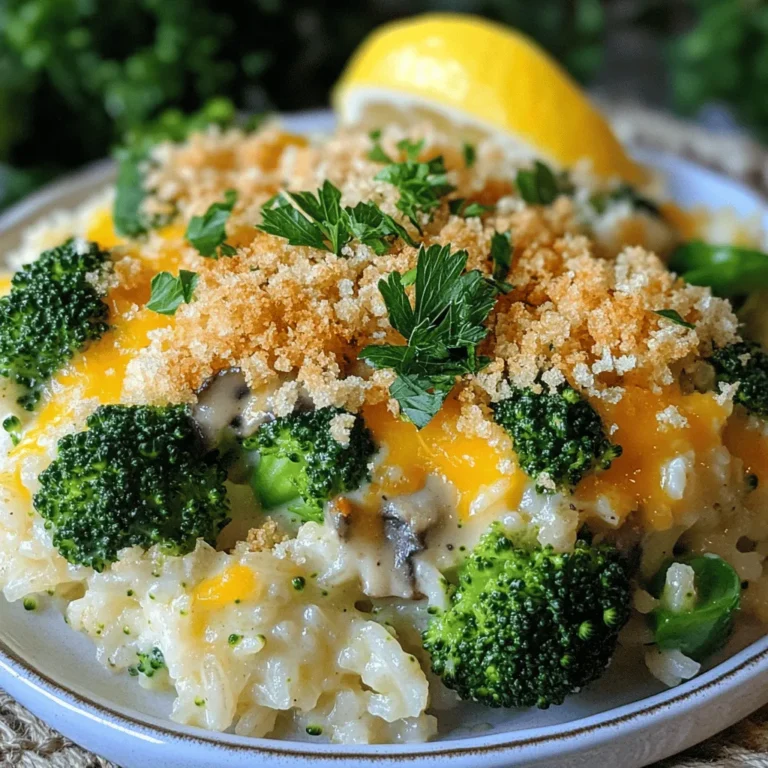 - 2 cups cooked rice (white or brown) - 4 cups fresh broccoli florets - 1 cup shredded sharp cheddar cheese - 1 cup cream of mushroom soup (store-bought or homemade) - 1/2 cup milk - 1/2 cup onion, finely chopped - 2 cloves garlic, minced - 1/2 teaspoon salt - 1/2 teaspoon black pepper - 1/4 teaspoon paprika - 1 cup breadcrumbs (to create a crunchy topping) - 2 tablespoons olive oil (to coat the breadcrumbs) This dish is all about using fresh and simple ingredients. Start with cooked rice, which serves as the base. Broccoli adds a bright color and crunch. The sharp cheddar cheese gives us that rich, creamy flavor we love. You can use store-bought cream of mushroom soup, or make your own if you have the time. Milk helps to blend everything nicely, while onion and garlic add depth. Don't forget the seasonings! Salt and black pepper are must-haves. A little paprika adds a nice touch of warmth. The breadcrumbs on top create a lovely crunch and pair well with olive oil to help them brown. You can find the full recipe for this dish to guide you through the cooking process. Start by preheating your oven to 350°F (175°C). This step is key for even baking. A hot oven helps the casserole cook through. If the oven is not hot, the dish may bake unevenly. Bring a small pot of water to a boil. Place fresh broccoli florets in a steamer basket above the boiling water. Cover the pot with a lid. Steam the broccoli for about 5 minutes. This keeps them bright green and tender. Drain the broccoli and set it aside. In a large mixing bowl, add the cooked rice, steamed broccoli, shredded cheddar cheese, cream of mushroom soup, milk, chopped onion, minced garlic, salt, black pepper, and paprika. Mix all the ingredients well. This ensures that every bite is full of flavor. Grease a 9x13-inch casserole dish with non-stick spray or a bit of olive oil. Carefully pour the mixture into the dish. Spread it out evenly with a spatula. This helps the casserole cook evenly and makes it easier to serve. In a small bowl, mix the breadcrumbs with the olive oil. Stir until all the breadcrumbs are coated. This coating creates a nice crunchy texture on top. Sprinkle this mixture evenly over the casserole for the best results. Place the casserole in the preheated oven. Bake for 25-30 minutes. Check for doneness by looking for a bubbly filling and a golden brown topping. The dish should be hot throughout. For the full recipe, check out the details provided above. Enjoy this cheesy, comforting dish! Using fresh ingredients makes a big difference in taste. Fresh broccoli has a bright, crisp flavor. If you must use frozen, thaw it first. This helps keep it from becoming mushy. Fresh garlic and onion add depth too. You can substitute dried garlic or onion powder, but fresh is best. To make this casserole extra cheesy, mix different types of cheese. Sharp cheddar is great, but try adding mozzarella for stretch or gouda for a smoky flavor. Layer your cheese at the top and in the middle for a cheesy experience in every bite. You can even sprinkle some cheese on before baking for that gooey top. Every oven cooks differently. Keep an eye on your casserole the first time you make it. If your oven runs hot, check it a few minutes early. You want it bubbly and golden brown. If it’s not quite there after 30 minutes, give it a few more minutes. Cooking times can vary, so adjust as needed. For the full recipe, check out the main article. {{image_4}} You can make this dish fit your needs. For a gluten-free option, use gluten-free breadcrumbs. You can swap the cream of mushroom soup for a gluten-free version too. If you want a vegan casserole, replace cheese with a plant-based cheese. Use a vegan soup and dairy-free milk. For a low-calorie version, reduce the amount of cheese and use less cream of mushroom soup. You can boost the flavor easily. Try adding fresh herbs like thyme or basil. These herbs give a nice depth. You can also sprinkle in some garlic powder for extra kick. A touch of cayenne pepper adds heat, while lemon zest gives brightness. This casserole pairs well with many proteins. Serve it alongside grilled chicken or baked fish. It also tastes great with a simple salad. You can add roasted vegetables for more color and nutrition. For a heartier meal, serve it with meatloaf or steak. Each bite will satisfy your family. Once you finish your Cheesy Broccoli Rice Casserole, let it cool. Then, place it in airtight containers. This keeps the dish fresh and tasty. Store it in the fridge for up to three days. If you want to save it longer, consider freezing. To reheat, you can use the oven or microwave. The oven gives the best results. Preheat it to 350°F (175°C). Cover the casserole with foil to keep it moist. Bake for about 20 minutes or until hot. If you use a microwave, heat in short bursts. Stir in between to avoid cold spots. To freeze, let the casserole cool completely first. Then, wrap it tightly in plastic wrap and foil. This helps prevent freezer burn. It can last up to three months in the freezer. When ready to eat, thaw it overnight in the fridge. Reheat it in the oven for the best flavor and texture. For more details, check the full recipe. To make this dish vegan, you can swap out a few key ingredients. Here are some easy substitutions: - Use cooked quinoa or cauliflower rice instead of regular rice. - Replace the cheddar cheese with a vegan cheese or nutritional yeast for flavor. - Choose a plant-based cream soup, like mushroom or cashew cream. - Use almond milk or oat milk in place of regular milk. These swaps keep the dish creamy and tasty, while remaining vegan-friendly. Yes, you can use frozen broccoli! Here are some pros and cons to consider: - Pros: Frozen broccoli is quick and easy. It is often picked and frozen at peak freshness, so it can be just as nutritious as fresh. - Cons: Frozen broccoli can be more watery than fresh. This may make your casserole a bit soggier. To fix this, you can thaw and drain the broccoli before adding it. Using frozen broccoli is a great time-saver, especially on busy nights. Leftovers can be stored safely in the fridge for about 3 to 4 days. Here are some tips for safe storage: - Place leftovers in an airtight container to keep them fresh. - Label the container with the date so you know when to use it. - Reheat in the oven or microwave until hot throughout. If you want to keep leftovers longer, consider freezing them. They can last up to 3 months in the freezer. This blog covered how to make a Cheesy Broccoli Rice Casserole. We talked about key ingredients, like cooked rice and fresh broccoli, and handy tips for flavor and texture. You learned step-by-step instructions for a perfect bake. For the best results, use fresh ingredients and explore tasty variations. Storing leftovers safely is key for later enjoyment. Enjoy this dish as a satisfying meal that can fit different diets. Happy cooking and enjoy sharing your creation!