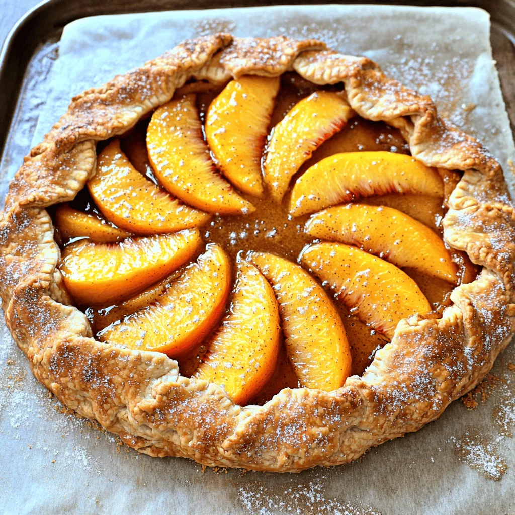 To make a delicious peach galette with almond crust, you will need: - 2 large ripe peaches, pitted and sliced - 1 tablespoon lemon juice - 1 tablespoon brown sugar - 1 teaspoon vanilla extract - 1 cup almond flour - 1/4 cup all-purpose flour - 1/4 teaspoon salt - 1/4 cup cold unsalted butter, cubed - 2 tablespoons cold water - 1 egg (for egg wash) - Extra sugar for sprinkling Using fresh peaches is key for a great galette. Ripe peaches are sweet and juicy. They give the galette its special flavor. When you slice fresh peaches, you get their bright color and aroma. Look for peaches that are firm but yield slightly to pressure. This means they are ripe and ready to eat. Fresh peaches also have a wonderful texture, which adds to the overall enjoyment of your dessert. If you can't find almond flour, don't worry. You can use other options. Here are some great substitutes: - All-purpose flour: This is the easiest swap. It works well but changes the flavor a bit. - Oat flour: This gives a nice nutty taste. You can make it by grinding oats in a blender. - Coconut flour: This option is gluten-free. Use less of it, as it absorbs more liquid. - Sunflower seed flour: This is nut-free and works like almond flour in texture. You can find the full recipe to guide you through each step of creating your peach galette with almond crust. Start by washing and slicing your ripe peaches. You need two large peaches for this recipe. Remove the pits and cut them into thin slices. In a medium bowl, combine the peach slices with one tablespoon of lemon juice. This will help keep them fresh and bright. Next, add one tablespoon of brown sugar and one teaspoon of vanilla extract. Gently toss everything together. Let the mixture sit for 10-15 minutes. This process will bring out the peach juices and enhance the flavor. Now, let’s make the almond crust. In a large bowl, whisk together one cup of almond flour, a quarter cup of all-purpose flour, and a quarter teaspoon of salt. Mix them well until combined. Next, add one-fourth cup of cold unsalted butter, cut into small cubes. Use your fingers or a pastry cutter to mix in the butter. You want it to look like coarse crumbs with some small pieces of butter still visible. These bits of butter will make the crust flaky. Once your crust mixture looks good, it’s time to form the dough. Drizzle in cold water, two tablespoons in total, one tablespoon at a time. Mix gently with your hands or a spatula until the dough starts to come together. You may not need all the water. Shape the dough into a flat disk. Wrap it tightly in plastic wrap and chill in the refrigerator for at least 30 minutes. This will firm it up and make rolling easier. After the dough chills, preheat your oven to 375°F (190°C). Lay a sheet of parchment paper on the counter. Take the chilled dough out and place it on the parchment. Roll it into a circle about 12 inches wide and a quarter inch thick. Transfer this onto a baking sheet. Now, spoon your peach mixture into the center of the dough, leaving about a 2-inch border. Fold the edges of the dough over the peaches, creating pretty pleats. This rustic look adds charm! In a small bowl, beat one egg to use as an egg wash. Brush this over the crust for a shiny finish. Sprinkle some extra sugar on top for a sweet touch. Bake the galette in your preheated oven for 30-35 minutes. You want the crust to turn golden brown and the peaches to become tender. Once done, let it cool for about 5-10 minutes before slicing. This helps the juices settle. Enjoy your delicious peach galette with almond crust! For the full recipe, check out the detailed steps above. To make a great almond crust, start with cold butter. Cut it into small cubes. Mix the butter into the flour until it looks like coarse crumbs. You want small bits of butter to remain. This keeps your crust flaky and tender. When adding water, do it slowly. Use just enough to hold the dough together. If the dough is too wet, add a bit more flour. Chill the dough well before rolling it out. This step helps it keep its shape. Choose ripe peaches for the best flavor. They should feel slightly soft when you press gently. Avoid hard or overly mushy peaches. When you slice the peaches, remove the skin if desired. Toss them with lemon juice and sugar to enhance their natural sweetness. Let the peach mixture sit for about 15 minutes. This draws out the juices and makes them even more tasty. If your crust is too crumbly, it may need more water. Add just a little at a time. If it’s too sticky, sprinkle in extra flour while rolling. Be careful not to overwork the dough. If the filling leaks during baking, it could mean too much juice. Drain some of the liquid before adding the peaches to the crust. Lastly, if your galette looks pale after baking, brush on more egg wash next time. This gives it a nice, golden color. You can find the Full Recipe to guide your baking journey. {{image_4}} You can swap peaches for many fruits. Try using ripe nectarines or plums. Fresh berries like blueberries or raspberries also work well. They bring a tartness that balances the sweetness. Seasonal fruits add unique flavors and colors to your galette. Always choose fruits that are ripe for the best taste. If you need a gluten-free option, replace all-purpose flour with more almond flour. You can also use gluten-free blends from the store. These blends often work well in crusts. Make sure to check the labels for other gluten-free flours. This way, everyone can enjoy this tasty treat! Enhance your galette with extra flavors. Adding cinnamon or nutmeg can give warmth to the dish. A splash of almond extract in the filling boosts the nutty taste. You might also sprinkle some lemon zest over the peaches. These little tweaks make your galette stand out. Explore different flavors to find your favorite combination. To keep your peach galette fresh, allow it to cool completely. Wrap it in plastic wrap or foil. Place it in an airtight container to avoid drying out. Store the galette in the fridge for up to three days. This will keep the crust crisp and the filling juicy. When you are ready to enjoy your galette again, preheat your oven to 350°F (175°C). Remove the galette from the fridge and unwrap it. Place it on a baking sheet. Heat for about 10-15 minutes. This will warm it through and crisp up the crust. If you want to save some for later, freezing is a good option. First, allow the galette to cool completely. Wrap it tightly in plastic wrap, then in foil. This helps prevent freezer burn. You can freeze it for up to three months. When you're ready to eat it, thaw it in the fridge overnight. Then, reheat it in the oven as mentioned above. For the full recipe, check the link for steps to create this delightful treat again. Yes, you can use frozen peaches. Thaw them first and drain excess liquid. This helps keep your galette from becoming soggy. Frozen peaches may not taste as fresh, but they still work well in this recipe. Check the crust for a golden brown color. The peaches should be soft and bubbling. If you see the juices oozing out, it’s a good sign. This means the galette is ready to come out of the oven. Yes, you can make the crust ahead of time. After mixing, wrap it in plastic wrap. Store it in the fridge for up to two days. You can also freeze it for a month. Just let it thaw in the fridge overnight before rolling it out. Peach galette tastes great on its own. You can also serve it warm with vanilla ice cream or whipped cream. Adding a sprinkle of cinnamon or nutmeg gives it a cozy touch. Fresh mint leaves can add a nice color and flavor, too. A peach galette can last about two days at room temperature. Make sure to cover it loosely with foil or wax paper. This keeps it fresh and prevents it from drying out. If you have leftovers, store them in the fridge for longer freshness. For the full recipe, check out the earlier sections. In this post, we covered the essential steps to making a peach galette with almond crust. Fresh peaches are crucial for the best flavor, and we explored alternatives for almond flour. I shared tips for perfecting your crust and offered variations to try. Remember to store leftovers properly and follow our reheating tips for the best taste. With these details, you can confidently make a delicious galette that impresses. Enjoy baking this delightful treat, and share it with friends and family for a sweet experience!