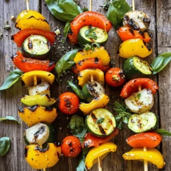 To make grilled vegetable skewers, you need fresh veggies and simple seasonings. This dish shines with its bright colors and fresh flavors. The full recipe includes red and yellow bell peppers, zucchini, red onion, cherry tomatoes, and mushrooms. Each ingredient brings a unique taste, making each bite delightful. Choosing the right vegetables is key. I love using: - 1 red bell pepper, cut into 1-inch chunks - 1 yellow bell pepper, cut into 1-inch chunks - 1 medium zucchini, sliced into ½-inch rounds - 1 large red onion, cut into wedges - 8 cherry tomatoes, whole - 1 cup cremini or button mushrooms, halved These vegetables grill well and create vibrant, tasty skewers. You can mix and match other veggies too, like eggplant or asparagus. Just ensure they are fresh and colorful to enhance your dish. The marinade is what makes these skewers pop. I use: - 3 tablespoons extra-virgin olive oil - 2 cloves garlic, finely minced - 1 teaspoon dried oregano - Sea salt and freshly cracked black pepper to taste This mix adds depth to the vegetables. Olive oil helps with grilling and adds rich flavor. Garlic and oregano bring a lovely aroma and taste. Always taste your marinade before adding it to your veggies. Adjust salt and pepper to suit your preference. Start by mixing the marinade. In a big bowl, whisk together 3 tablespoons of extra-virgin olive oil, 2 minced garlic cloves, 1 teaspoon of dried oregano, sea salt, and black pepper. This mix adds great flavor. Make sure it blends well. It should smell amazing! Next, add your chopped vegetables: red and yellow bell peppers, zucchini rounds, onion wedges, whole cherry tomatoes, and halved mushrooms. Toss them gently in the marinade. Each piece needs to be coated. This gives the vegetables a tasty kick! Now it’s time to make the skewers. Grab some wooden or metal skewers. Start threading the marinated vegetables onto the skewers. I like to alternate colors and shapes. It makes them look pretty. You can fit 4 to 5 pieces per skewer. Don’t crowd them too much; they need space to cook evenly. Once you finish, set the skewers aside. They are ready for grilling! Preheat your grill to medium-high heat, about 400°F (200°C). When it’s hot, place your skewers directly on the grill. Grill them for about 10-12 minutes. Turn them occasionally. This helps them cook evenly. Look for tender vegetables with some nice char marks. That’s where the flavor comes from! Once they are done, take them off the grill and let them rest for 2-3 minutes. This resting helps the flavors settle. Serve them on a platter and add some fresh basil leaves for a pop of color. For the full recipe, check out the details above. Enjoy your colorful grilled vegetable skewers! To get those perfect grill marks, you need to start with a hot grill. Heat your grill to medium-high. Place the skewers on the grill and let them sit without moving them for a few minutes. This helps form those nice char marks. Turn the skewers only once or twice during cooking. Aim for a cooking time of about 10 to 12 minutes. Enhancing flavor is key to making your grilled vegetable skewers pop. Use fresh herbs like basil or parsley for garnish. You can also try adding a squeeze of lemon juice just before serving. This adds brightness to the dish. Pair the skewers with a dip like tzatziki or hummus for a tasty addition. These dips add creaminess that complements the grilled veggies well. Grilling can be fun, but safety is a must. Always use long-handled tongs to flip your skewers to keep your hands safe. Make sure to wear heat-resistant gloves if needed. Watch out for flare-ups when fat drips onto the flames. Keep a spray bottle of water nearby to handle any fires. Lastly, never leave your grill unattended while cooking. For a full recipe, check out the detailed instructions above. {{image_4}} You can mix and match many vegetables for your skewers. Try using eggplant, bell peppers, or squash. They all bring unique flavors and textures. For a fun twist, add asparagus or baby corn for crunch. You can even use different colors of bell peppers. This adds beauty to your dish. Remember to cut them into similar sizes so they cook evenly. Adding proteins or tofu makes your skewers more filling. Chicken, shrimp, or beef work well. Cut them into bite-sized pieces for quick cooking. If you prefer plant-based options, use firm tofu or tempeh. Marinate them with the same mix as your veggies. This helps the flavors blend well. Grill them alongside the vegetables for a hearty meal. Sauces and dips can take your skewers to the next level. A zesty chimichurri or a simple balsamic glaze adds great flavor. You can also serve them with a yogurt sauce or a spicy salsa. These dips bring extra taste and fun to the meal. Try making a peanut sauce for a sweet and savory touch. The options are endless, so feel free to get creative! For more details, check out the Full Recipe. After a fun meal, you may have leftover skewers. To store them, first let them cool. Then, place the skewers in an airtight container. This keeps them fresh for 3 to 5 days in the fridge. If you want to keep them longer, try freezing them. To reheat your skewers, use an oven or grill. Preheat your oven to 350°F (175°C). Place the skewers on a baking sheet. Heat them for about 10 minutes or until warm. If using a grill, heat to medium and grill for a few minutes. This gives them a nice char again. If you want to freeze your grilled veggies, here’s what to do. First, cool them to room temperature. Then, place them in a freezer bag. Remove as much air as possible before sealing. They can last up to 3 months in the freezer. When you want to use them, thaw in the fridge overnight. You can then reheat them as mentioned. Enjoy your grilled veggie goodness even later! You should grill vegetable skewers for about 10-12 minutes. This time allows the veggies to cook well without burning. I recommend turning them every few minutes. Look for nice grill marks and tenderness. The colorful peppers and zucchini will shine when they’re just right. Using frozen vegetables for skewers is not the best idea. Frozen veggies often release water as they cook. This can lead to soggy skewers. Fresh vegetables give you better flavor and texture. If frozen is all you have, consider thawing them first before grilling. The best vegetables for grilling include: - Red bell pepper - Yellow bell pepper - Zucchini - Red onion - Cherry tomatoes - Mushrooms These veggies hold up well on the grill. They also soak up flavors nicely. You can mix and match to create colorful and tasty skewers. Try adding seasonal veggies for different tastes. For a complete recipe, check out the full recipe for Grilled Rainbow Vegetable Skewers. This blog post covered everything you need for delicious vegetable skewers. You learned about fresh veggies, key seasonings, and how to marinate them. I shared step-by-step tips, from skewering to grilling. You also picked up tricks for great grill marks and how to store leftovers. Finally, I provided ideas for variations to spice things up. Now, you’re ready to impress everyone with your grilling skills! Enjoy creating tasty and healthy meals that bring joy to your table.