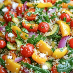 To make a Roasted Vegetable Quinoa Salad, you'll need a few key ingredients. Here’s what you’ll gather: - Quinoa - Vegetable Broth or Water - Assorted Vegetables: - Red Bell Pepper - Yellow Bell Pepper - Zucchini - Red Onion - Cherry Tomatoes - Olive Oil - Seasonings: - Dried Oregano - Garlic Powder - Sea Salt - Black Pepper - Fresh Spinach - Optional Toppings: - Feta Cheese - Fresh Parsley You can find the complete details in the Full Recipe. Each ingredient adds a unique flavor and texture to the salad. Quinoa acts as the base and provides protein. The roasted vegetables bring warmth and depth. Spinach adds freshness, and optional feta gives a creamy touch. You can mix and match vegetables based on your taste or what’s in season. This gives you a chance to be creative and flexible in the kitchen. Enjoy the process and savor the flavors! 1. Preheat the Oven: Start by preheating your oven to 425°F (220°C). This heat makes the veggies crisp and caramelized. 2. Prepare the Vegetable Mixture: In a large bowl, mix diced red bell pepper, yellow bell pepper, zucchini, red onion, and halved cherry tomatoes. Add 2 tablespoons of olive oil, 1 teaspoon of dried oregano, and 1 teaspoon of garlic powder. Season with sea salt and black pepper. Toss the mixture until all the veggies are well coated. 3. Spread and Roast Vegetables: Pour the seasoned vegetables onto a large baking sheet. Make sure they are in a single layer. Roast for 20 to 25 minutes until tender. Stir halfway through for even cooking. 1. Boiling the Liquid: While the veggies roast, boil 2 cups of vegetable broth or water in a medium saucepan. 2. Adding and Simmering the Quinoa: Once boiling, add 1 cup of rinsed quinoa. Lower the heat to a gentle simmer. Cover the pot and cook for about 15 minutes until the liquid absorbs. 3. Fluffing Once Cooked: After cooking, remove from heat. Let the quinoa rest for a few minutes, then fluff it gently with a fork. 1. Mixing Roasted Vegetables with Quinoa: In a large serving bowl, combine the fluffy quinoa with the roasted vegetables. 2. Adding Fresh Spinach: Toss in 1 cup of roughly chopped fresh spinach. The heat from the quinoa will wilt the spinach slightly. 3. Final Touches with Feta and Parsley: If you like, sprinkle 1/4 cup of crumbled feta cheese over the salad. Finish with fresh chopped parsley for color and flavor. This delightful dish is colorful and packed with nutrients. You can enjoy it warm or let it cool for a refreshing cold salad. For the full recipe, refer to the complete guide. Choosing the Right Vegetables Use fresh, colorful vegetables. They add flavor and make the dish bright. I love red and yellow bell peppers, zucchini, and cherry tomatoes. These veggies roast well and taste sweet. You can mix in your favorites, but try to keep the textures similar. Roasting Techniques for Optimal Texture Roast your veggies on a single layer. This helps them brown nicely. Overcrowding makes them steam instead of roast. I suggest using a hot oven, around 425°F (220°C). Stir them halfway through for even cooking. Look for a golden color and soft texture. How to Rinse Quinoa Properly Rinse quinoa under cold water before cooking. This removes a bitter coating called saponin. Use a fine mesh strainer for best results. It only takes a minute and makes your quinoa taste better. Common Cooking Mistakes to Avoid Don’t skip the simmering step. If you boil quinoa too fast, it may cook unevenly. Always cover the pot once you add the quinoa. Let it cook until all the water is gone. Fluff it with a fork after cooking to avoid clumps. Best Pairings and Accompaniments Pair this salad with grilled chicken or fish for protein. It also goes great with a light vinaigrette. You can add nuts or seeds for crunch. Fresh herbs like basil or cilantro can brighten the flavors. Plating Techniques for Presenting the Salad For a pretty presentation, layer the salad in a large bowl. Start with quinoa, then add veggies on top. Sprinkle feta cheese for a pop of color. Garnish with parsley for a fresh touch. This makes it look as good as it tastes! Check out the [Full Recipe] for step-by-step instructions. {{image_4}} You can change the vegetables in this salad to suit your taste. Use any fresh seasonal veggies. Some great choices include: - Carrots - Eggplant - Sweet potatoes - Broccoli Each vegetable offers a unique flavor and texture. Mixing in different colors makes the dish pop! You can also swap quinoa for other grains. Consider using: - Farro - Brown rice - Barley These grains add variety and different textures. Each option brings its own taste and nutrition. A good dressing can make your salad shine. You can whip up a quick homemade dressing. Try mixing: - Olive oil - Lemon juice - Honey - Mustard This simple blend adds a bright flavor. You can also use store-bought dressings, like balsamic vinaigrette. They save time and still taste great. This salad is easy to adjust for different diets. For a vegan meal, skip the feta cheese. It still tastes amazing without it. You can enhance flavor with extra herbs or spices. If you're gluten-free, quinoa is a perfect choice. It is naturally gluten-free, so enjoy with confidence! Just make sure your broth is also gluten-free. This keeps your salad safe and delicious. To keep your roasted vegetable quinoa salad fresh, follow these steps: - Best Practices for Refrigeration: Let the salad cool to room temperature. Place it in the fridge within two hours. This prevents bacteria from growing. - Recommended Storage Containers: Use airtight glass containers. They help keep the flavors and textures intact. Avoid plastic containers, as they can absorb odors. You can freeze this salad if you want to save some for later. - How to Freeze the Salad: Portion the salad into freezer-safe bags or containers. Squeeze out as much air as possible. Label the bags with the date. - Thawing and Reheating Tips: When ready to eat, thaw it in the fridge overnight. You can also warm it gently in a skillet over low heat. Knowing how long your salad lasts is key. - How Long It Lasts in the Fridge: This salad stays good for about 3 to 5 days in the fridge. - Signs of Spoilage: Look for changes in color or smell. If it smells sour or looks slimy, it's time to toss it. Enjoy your meal! To make roasted vegetable quinoa salad, start by preheating your oven to 425°F (220°C). Chop your veggies, including bell peppers, zucchini, red onion, and cherry tomatoes. Toss them with olive oil, dried oregano, garlic powder, sea salt, and black pepper. Spread the veggies on a baking sheet and roast for 20 to 25 minutes. While they roast, cook your rinsed quinoa in vegetable broth until fluffy. Once done, mix the quinoa with the roasted veggies and fresh spinach. Optionally, top with feta cheese and parsley. For the full recipe, check the details above. The best quinoa for salads is usually tricolor or white quinoa. These types have a mild taste and a nice texture. They also hold up well when mixed with other ingredients. Rinse your quinoa well before cooking to remove the saponins, which can make it taste bitter. For added flavor, cook it in vegetable broth instead of water. Yes, you can make this salad ahead of time. In fact, it tastes even better the next day. Prepare the quinoa and roasted vegetables, then store them separately in the fridge. Mix them with fresh spinach and toppings right before serving. This way, the spinach stays fresh and crisp. To add more protein, consider mixing in cooked beans like chickpeas or black beans. You can also use grilled chicken or shrimp if you prefer meat. For a plant-based option, add nuts or seeds, such as sunflower seeds or almonds. These additions will enhance the salad's texture and flavor. You can use many different vegetables in this salad. Carrots, sweet potatoes, or broccoli are great choices. You could even add seasonal veggies like asparagus or butternut squash. Just ensure they roast well and complement the dish's overall flavor. Feel free to get creative with your veggie mix! We explored how to create a delicious roasted vegetable quinoa salad. With simple ingredients and clear steps, you can make a tasty dish that fits many diets. Remember to experiment with different veggies and toppings for variety. Proper storage helps keep leftovers fresh. This salad works great as a meal or a side. Enjoy your cooking adventure and celebrate your healthy choices!