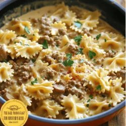 - 12 oz bowtie pasta - 1 lb ground beef - 1 cup heavy cream The main ingredients give this dish its heartiness. The bowtie pasta has a fun shape that holds sauce well. Ground beef adds rich flavor and protein. Heavy cream creates that creamy, dreamy sauce that makes this dish so enjoyable. - ½ teaspoon crushed red pepper flakes - Fresh parsley, chopped You can add crushed red pepper flakes for a little heat. Fresh parsley adds a pop of color and freshness. Both options help you customize the dish to your taste. - 1 teaspoon Italian seasoning - ½ cup grated Parmesan cheese Italian seasoning brings a warm flavor to the dish. Grated Parmesan cheese adds a salty, nutty taste. Both enhance the overall flavor and make your creamy beef bowtie pasta even more delicious. You can find the full recipe [here](#). - Bring a large pot of salted water to a boil. - Add the bowtie pasta and cook until al dente, about 8-10 minutes. Cooking pasta is simple but vital. Salted water enhances flavor. Al dente means the pasta will be firm but not hard. This texture helps it hold up in the sauce. - In a skillet over medium heat, brown the ground beef. - Break it apart as it cooks for 5-7 minutes. - Drain excess fat from the skillet. Browning the beef adds rich flavor. Make sure to drain any fat to keep the sauce light. Nobody likes a greasy dish! - Add diced onion and minced garlic to the beef. - Sauté for 2-3 minutes until the onion turns clear. - Mix in sliced mushrooms and cook for 3-4 minutes. The onion and garlic create a tasty base. Mushrooms add earthiness. This mix builds a great flavor for your sauce. - Pour in beef broth and Worcestershire sauce. - Stir in heavy cream and seasonings. The beef broth adds depth, while Worcestershire sauce gives a savory kick. Heavy cream makes the sauce smooth and rich. - Mix the cooked pasta with the beef and sauce in the skillet. - Season with salt and black pepper to taste. - Toss until the pasta is well-coated. This step is key. You want every bite to be creamy and flavorful. Adjust seasoning to match your taste. Serve your creamy beef bowtie pasta hot, and enjoy! For the full recipe, check the earlier section. - How to prevent sticky pasta: Use plenty of salted water when boiling the pasta. Stir the pasta gently right after adding it to the pot. This helps keep it from sticking together. Remember to drain it while it's still slightly firm, or al dente. This lets the sauce stick better. - Avoiding a greasy sauce: When you cook the ground beef, drain any excess fat from the skillet. This step is key for a smooth sauce. If your sauce gets too thick, add a bit of reserved pasta water. It helps create a creamy texture without adding grease. - Best accompaniments: Serve creamy beef bowtie pasta with a fresh side salad. A simple garden salad with a light vinaigrette works well. Garlic bread also pairs nicely for a hearty meal. - Presentation ideas: For a nice touch, serve the pasta in deep bowls. Drizzle some extra cream on top for elegance. A sprinkle of freshly cracked black pepper adds a pop of flavor and color. - Adding herbs and spices: Fresh herbs like basil or thyme can boost flavor. You can also try adding a bay leaf while the sauce simmers for extra depth. A pinch of smoked paprika adds a nice kick, too. - Customizing heat levels: If you like spice, add more crushed red pepper flakes. For less heat, skip them or use just a pinch. You can also add a dash of hot sauce for a different flavor twist. {{image_4}} You can switch ground beef for ground turkey or chicken. These lean meats work well with the creamy sauce. They still give you great flavor but cut down on fat. If you want a plant-based option, try using plant-based ground beef. It offers a similar taste and texture while being meat-free. Both options help you create a delicious dish that fits your diet. Making this dish gluten-free is easy. Simply use gluten-free bowtie pasta. Many brands offer great options that taste just as good. For those needing dairy-free alternatives, try using coconut cream instead of heavy cream. You can also skip the cheese or use dairy-free cheese. These swaps allow you to enjoy creamy beef bowtie pasta without compromise. You can get creative with sauces in this recipe. Swap the beef broth for chicken broth for a lighter taste. You can also mix in different sauces, like pesto or Alfredo, for a unique twist. Adding seasonal vegetables can enhance the dish too. Spinach, bell peppers, or zucchini can add color and nutrition. These choices let you personalize the creamy beef bowtie pasta to your liking. Check the [Full Recipe](#) for more ideas! To store leftovers of creamy beef bowtie pasta, let it cool first. Place it in an airtight container. This will keep it fresh. You can store it in the fridge for up to three days. When you're ready to enjoy it again, reheat it gently. Use a microwave or a skillet. Add a splash of beef broth or cream to keep it creamy. You can freeze creamy beef bowtie pasta for later. It’s best to freeze it after cooking. Let it cool completely before packing. Use a freezer-safe container or a heavy-duty freezer bag. Remove as much air as you can. This helps prevent freezer burn. It will last for about three months in the freezer. When ready to eat, let it thaw in the fridge overnight. Then reheat it as needed. If you want more details, check the Full Recipe. Creamy beef bowtie pasta lasts about 3 to 5 days in the fridge. To store it, let it cool down first. Then, place it in an airtight container. This keeps it fresh and tasty for your next meal. Yes, you can make creamy beef bowtie pasta ahead of time. To prep, cook the pasta and beef as directed. Let everything cool and then store it in the fridge. When you're ready to eat, just reheat it on low heat. You may need to add a splash of beef broth or cream to keep it creamy. You can serve creamy beef bowtie pasta with a side salad for some crunch. A simple green salad works well. Garlic bread is another tasty choice. It soaks up the creamy sauce and adds flavor. You could also try steamed vegetables for extra nutrition. If you don’t have bowtie pasta, don’t worry! You can use other shapes. Penne, fusilli, or farfalle are great options. Just cook them the same way as bowtie pasta. Each shape gives a different twist to the dish! For the full recipe, check out the earlier sections. In this post, I covered how to make creamy beef bowtie pasta. We explored the key ingredients, step-by-step instructions, and helpful tips. You learned about storage options and variations to suit your taste. This dish is versatile, quick, and delicious. You can adjust flavors and ingredients to fit any diet. I hope you feel equipped to create your own creamy beef bowtie pasta at home. Enjoy your cooking adventure!