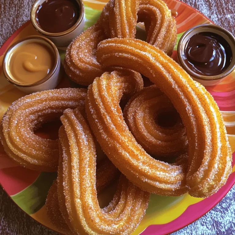 To make perfect churros, you need simple ingredients. Gather these key items: - 1 cup water - 2 tablespoons granulated sugar - 1/2 teaspoon salt - 1/2 cup unsalted butter (1 stick) These ingredients create a rich dough. The water and butter blend well to form a tasty base. Next, we need a few more ingredients for flavor and coating. These are: - 1 cup all-purpose flour - 3 large eggs - 1 teaspoon vanilla extract - 1 cup granulated sugar (for coating) - 2 teaspoons ground cinnamon - Oil for frying (enough for deep frying) The flour gives churros their structure. Eggs add richness, while vanilla enhances the flavor. The sugar and cinnamon create that sweet, crispy coating. Churros are even better with dipping sauces. Here are some tasty options: - Chocolate sauce - Caramel sauce - Dulce de leche These sauces boost the flavor and make every bite more enjoyable. Choose your favorite or try them all! For the complete recipe, check the [Full Recipe]. Start by boiling your mixture. In a medium saucepan, combine 1 cup of water, 2 tablespoons of granulated sugar, 1/2 teaspoon of salt, and 1/2 cup of unsalted butter. Place it over medium heat. Stir often until it boils and the butter melts completely. Once boiling, remove the saucepan from heat. Add 1 cup of all-purpose flour all at once. Use a wooden spoon to stir vigorously. Mix until the dough forms a ball and pulls away from the sides of the pan. Let the dough cool for about 5 minutes. Now, add 3 large eggs one at a time. Mix well after each egg until fully blended. Finally, stir in 1 teaspoon of vanilla extract. Your dough should be smooth and ready for frying. Next, heat oil for frying. Use a deep fryer or a large pot and bring the oil to 350°F (175°C). While the oil heats, prepare the cinnamon sugar. In a shallow dish, mix 1 cup of granulated sugar with 2 teaspoons of ground cinnamon. Now, pipe the churro dough. Transfer it to a piping bag fitted with a star-shaped nozzle. Once the oil reaches the right temperature, carefully squeeze out strips of dough about 6 inches long into the hot oil. Use scissors to cut the strips free. Fry the churros in small batches. Cook them for about 2-3 minutes on each side, until they turn golden brown. Use a slotted spoon to transfer the churros to a plate lined with paper towels. This helps remove excess oil. While the churros are still warm, roll each one in the cinnamon sugar mixture. Make sure they are fully coated for that sweet, crunchy bite. Continue this with the remaining dough. For presentation, arrange the churros on a colorful serving plate. Serve them with small bowls of rich chocolate or sweet caramel sauce. To make it special, sprinkle a little extra cinnamon sugar on top. Enjoy your delicious, homemade churros! You can find the full recipe [here](Full Recipe). To make the best churros, focus on the dough. The right consistency is key. It should be thick but smooth. If it feels too runny, your churros will not hold their shape. After mixing the dough, let it cool for about five minutes. This step helps it firm up. Frying temperature is also important. Use a thermometer to check the oil. Aim for 350°F (175°C). If it is too hot, the outside cooks too fast. If too cool, the churros will soak in oil and become greasy. One common mistake is overcrowding the frying pan. Fry churros in small batches. This keeps the oil temperature steady. If you add too many, they can stick together. Another mistake is not cooling the dough. If you pipe the dough while it’s hot, it may not hold its shape. Always let it sit for a few minutes before using a piping bag. You can make your churros unique by adding flavors. Try mixing in chocolate chips for a sweet surprise. Citrus zest can add a nice brightness. Just a little lemon or orange zest can elevate the taste. For a twist, think about using different spices. Instead of just cinnamon, try nutmeg or cardamom. These small changes can make your churros stand out. {{image_4}} For a fun twist, you can fill churros with chocolate. Use a simple chocolate ganache. To make this, heat 1 cup of heavy cream until it's hot but not boiling. Pour it over 8 ounces of chopped chocolate. Stir until smooth. Once the churros cool, pipe this mix inside using a filling tip. Dark chocolate works best, but feel free to explore milk or white chocolate too. Churros don't need to be sweet! You can add spices to the dough. Try garlic powder or paprika. For even more flavor, mix in some cheese, like cheddar. Serve them with a spicy dip like salsa or guacamole. They make a great snack for parties or movie nights. If you want smaller treats, make churro bites. Cut the dough into bite-sized pieces before frying. This way, they cook faster, about 1-2 minutes per side. They are perfect for sharing or snacking. You can also serve them with a variety of dips, like chocolate sauce or caramel. For more ideas, check out the Full Recipe. To keep your churros fresh, place them in an airtight container. Layer parchment paper between the churros to prevent sticking. Store them in the fridge for up to three days. This method keeps them safe from moisture and helps maintain their crispiness. When it’s time to enjoy your leftover churros, the oven is best. Preheat your oven to 350°F (175°C). Place the churros on a baking sheet and heat for about 5-7 minutes. This keeps them crispy. The microwave can make them soggy, so avoid it if you can. To freeze churros, first let them cool completely. Place them in a single layer on a baking sheet and freeze for about an hour. Once frozen, transfer them to a freezer bag. They can last up to two months. For thawing, simply let them sit at room temperature for about 30 minutes before reheating. This way, they stay tasty and enjoyable. You can find the full recipe for making these churros above. You can dip churros in many tasty sauces. Some popular choices are chocolate sauce and caramel sauce. I love dulce de leche for a rich, sweet flavor. You can even try fruit sauces, like berry or mango, for a fun twist. If you want to be creative, mix cream cheese with sugar and vanilla for a creamy dip. The options are endless, so feel free to explore! You can make churros ahead of time! Store them in an airtight container at room temperature. They taste best fresh, but you can keep them for a day or two. If you have leftover churros, reheat them in the oven for about 5 minutes at 350°F (175°C). This keeps them warm and crispy. For longer storage, you can freeze them. Just make sure to wrap them well to prevent freezer burn. To check if the oil is hot enough, use a kitchen thermometer. You want it to reach 350°F (175°C). If you don't have a thermometer, drop a small piece of dough into the oil. If it sizzles and rises, the oil is ready! Another trick is to dip a wooden spoon into the oil. If bubbles form around the spoon, it's time to fry. Always be careful when working with hot oil to avoid burns. You now know how to make amazing cinnamon sugar churros. We covered the essential ingredients, like water and butter, plus tips for achieving the perfect dough. You learned about frying techniques and fun variations, such as chocolate-filled churros. Remember to store leftovers properly to keep them tasty. With these steps, you can impress friends and family. Enjoy your delicious churros, and don’t forget to share them! Happy cooking!