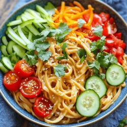 - 8 oz rice noodles - 1 cup cucumber, julienned - 1 bell pepper (red or yellow), thinly sliced - 1 cup carrots, shredded - ½ cup cherry tomatoes, halved - ¼ cup fresh cilantro, chopped - 2 green onions, sliced - 1 tablespoon sesame oil - ¼ cup creamy peanut butter - 3 tablespoons soy sauce - 2 tablespoons honey or maple syrup - 2 tablespoons lime juice - 1 tablespoon sriracha - 1 clove garlic, minced - 2 tablespoons water (adjust for consistency) These ingredients create a perfect mix for Spicy Thai Peanut Noodles. The rice noodles serve as the base. They soak up all the flavors. Fresh vegetables like cucumber, bell pepper, and carrots add crunch and color. Cherry tomatoes bring sweetness, and cilantro gives a fresh taste. For the peanut sauce, creamy peanut butter is key. It provides rich flavor. Soy sauce adds saltiness, while honey or maple syrup gives a hint of sweetness. Lime juice brightens the dish, and sriracha adds spice. Garlic gives a great aroma and depth to the sauce. Use this list to gather all your ingredients. You can find the Full Recipe at the end of this article. This dish is simple, yet packed with flavor! - Bring a pot of water to a boil. - Cook rice noodles according to package instructions. - Drain and rinse under cold water. Cooking the noodles is quick and simple. I love using rice noodles because they soak up flavors well. After boiling, rinse them. This stops the cooking and keeps them from getting sticky. - Julienne cucumber, slice bell pepper, shred carrots, halve cherry tomatoes. - Set aside prepared vegetables. While the noodles cook, prep the veggies. I enjoy julienning the cucumber. It adds a nice crunch. Slicing bell peppers and shredding carrots gives color and taste. Halving cherry tomatoes adds sweetness to each bite. - Combine peanut butter, soy sauce, honey, lime juice, sriracha, and garlic. - Whisk until smooth, adjust consistency with water if necessary. This peanut sauce is the star of the dish. I mix peanut butter with soy sauce and honey for sweetness. Lime juice adds brightness, while sriracha gives heat. Whisk until smooth, and add water if it’s too thick. - Toss cooled noodles with sesame oil. - Add vegetables and pour peanut sauce over. - Mix gently until evenly coated. Once everything is ready, combine the noodles and veggies. I toss the noodles with sesame oil. This adds flavor and keeps them from sticking. Pour the peanut sauce over and mix gently. You want every noodle coated. - Sprinkle chopped cilantro on top. - Optional: Add crushed peanuts for crunch. - Serve in bowls with lime wedges. For garnish, I sprinkle fresh cilantro on top. It adds a pop of color and flavor. If you like crunch, toss on some crushed peanuts. Serve these spicy Thai peanut noodles in bowls with lime wedges for extra zest. Enjoy your meal! To get the best texture, avoid overcooking the noodles. Follow the package instructions closely. Once they're done, drain and rinse them right away. This stops the cooking process and keeps them firm. Cold water helps cool them down quickly. Want more spice? Add extra sriracha to kick it up a notch. If you like crunch, mix in some crushed peanuts with the sauce. This adds great texture and flavor to the dish. Garnish your noodles with fresh lime wedges and sesame seeds. This not only adds flavor but also makes the dish look great. Serve it in colorful bowls to make the meal pop even more. A little effort in the presentation goes a long way! {{image_4}} You can easily add protein to your Spicy Thai Peanut Noodles. Chicken, shrimp, or tofu work great. If you choose chicken, cut it into bite-sized pieces. Marinate it in soy sauce and lime juice for extra flavor. Cook it in a hot pan until it’s no longer pink. With shrimp, simply sauté them until they turn pink and curl up. For tofu, press it to remove water, then cube and sauté until golden brown. This adds texture and taste to your dish. Feel free to swap in different vegetables! Bell peppers are a favorite, but you can also use snap peas or bean sprouts. These give your dish a nice crunch. Seasonal vegetables add variety too. In spring, try asparagus or peas. In summer, zucchini and corn work well. Choose what you love or what you have on hand. It keeps the dish fresh and exciting. If you're gluten-free, use rice noodles. They’re just as tasty and ensure everyone can enjoy this dish. For vegan options, switch honey for maple syrup. This small change keeps the sweetness without using animal products. Always check labels on sauces to avoid hidden ingredients. These adjustments make the dish suitable for many diets. To store your spicy Thai peanut noodles, place them in airtight containers. This keeps them fresh. Try to eat them within 2-3 days for the best taste. The flavors stay vibrant when stored properly. You can reheat your noodles either in a microwave or on the stove. If using a microwave, warm them in short bursts, stirring often. This helps heat evenly. On the stove, add a splash of water to the pan. Stir gently over low heat. This keeps them from drying out. You can make parts of this dish ahead of time. Cook the noodles and chop the veggies earlier. Just keep the sauce and veggies separate until you are ready to serve. This keeps everything fresh and tasty. Enjoy your easy prep for a quick meal! Yes, you can use other noodles. Here are some great options: - Soba noodles: Made from buckwheat, they add a nutty flavor. - Udon noodles: Thick and chewy, they hold sauce well. - Whole wheat spaghetti: A common substitute that works nicely. - Zucchini noodles: For a low-carb option, try spiralized zucchini. The dish has a nice kick from the sriracha. The heat level can vary based on how much sriracha you add. Start with one tablespoon for mild heat. You can always add more if you like it hotter. For less spice, reduce or skip the sriracha. These noodles are packed with nutrients. Here are some key points: - Rice noodles are gluten-free and easy to digest. - Fresh veggies add vitamins and minerals. - Peanut butter provides healthy fats and protein. - Honey or maple syrup gives natural sweetness. This dish offers a balance of carbs, protein, and good fats. You can find the Full Recipe for Spicy Thai Peanut Noodles in the earlier sections of this article. This blog post covered how to make Spicy Thai Peanut Noodles, featuring vibrant ingredients like rice noodles and fresh vegetables. You learned about the tasty peanut sauce and simple steps to create a delicious meal. Incorporate your favorite proteins or vegetables for variety. Enjoy experimenting with flavors and toppings. With a few tips, you can make this dish truly yours. Now, it's time to enjoy your flavorful creation!