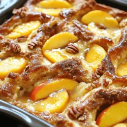 - 4 cups stale bread (preferably brioche or challah), cubed - 3 ripe peaches, pitted and sliced - 2 cups whole milk - 1 cup heavy cream - 4 large eggs - 3/4 cup granulated sugar - 1/2 cup packed brown sugar (for topping) - 1/2 cup pecans, roughly chopped - 1/4 cup unsalted butter, melted - 1 teaspoon ground cinnamon - 1/2 teaspoon freshly grated nutmeg - 1/4 teaspoon sea salt Stale bread is key for this recipe. It soaks up the custard well. Fresh, ripe peaches add sweetness and flavor. Look for peaches that yield slightly when pressed. When measuring liquids, use a liquid measuring cup for accuracy. This ensures your bread pudding turns out just right. With these ingredients and tips, you are all set to make this Peach Cobbler Bread Pudding. For the complete instructions, check out the Full Recipe. First, preheat your oven to 350°F (175°C). This step is key for baking. While the oven heats, grab a 9x13 inch baking dish. Generously grease it with butter. Make sure to cover all corners. This will help the pudding not stick. In a large mixing bowl, combine the whole milk and heavy cream. Add in the eggs and granulated sugar. Then, pour in the pure vanilla extract. Sprinkle in the ground cinnamon, freshly grated nutmeg, and sea salt. Use a whisk to mix well. Whisk until the mixture is smooth. This helps create a rich custard. Take your stale bread and cut it into cubes. Gently fold the bread into the custard mixture. Ensure each piece is coated. Let it soak for about 15 minutes. This time is important for flavor absorption. Slice the ripe peaches and remove the pits. In a separate bowl, mix the peaches with packed brown sugar. Allow them to sit for about 10 minutes. This process, called macerating, brings out the natural sweetness of the peaches. Once the bread has soaked, stir in the roughly chopped pecans. Carefully fold in the macerated peaches. Make sure everything is evenly mixed. Pour the entire mixture into the greased baking dish. Drizzle melted butter over the top. Place the dish in the oven and bake for 40-45 minutes. The pudding is ready when the top is golden brown. The center should be soft but set. To get the right custard, use fresh eggs and whole milk. Mix them well with cream and sugar. Whisk until smooth, making sure there are no lumps. This step is key for a creamy outcome. To avoid drying out during baking, keep an eye on the time. Bake until the top gets golden brown, about 40 to 45 minutes. If you check in early, use a toothpick. It should come out clean, but not too dry. You can add more spices for depth. Try a pinch of ginger or allspice. These warm flavors make the dish pop. You can also swap in other fruits. Try apples, berries, or even nectarines for a fun twist. If using different fruits, remember to adjust the sugar. Some fruits are sweeter than peaches, so taste as you go. For a beautiful presentation, serve the pudding warm. Top each serving with a scoop of vanilla ice cream. A dollop of whipped cream adds a nice touch too. Garnish with a slice of peach or a sprinkle of cinnamon. This elevates the look and adds extra flavor. It’s all about making it visually appealing while keeping the taste amazing. {{image_4}} You can switch up the fruit in this recipe to match the seasons. Try using fresh berries in summer or apples in the fall. Each fruit will add a unique flavor to your bread pudding. When you change the fruit, also adjust the spices. For example, use more cinnamon with apples or add a hint of lemon zest with berries. This keeps your dish exciting all year round. If you need gluten-free options, choose gluten-free bread for your pudding. Many brands have tasty choices that work well. For a vegan version, substitute eggs with flaxseed meal or a commercial egg replacer. Use almond milk or coconut milk instead of dairy. These changes help everyone enjoy this treat without worry. Make your Peach Cobbler Bread Pudding a layered dessert by adding whipped cream or yogurt between layers. This creates a fun, visual treat. You can also serve it as a breakfast dish. Just warm it up and top it with fresh fruit and a drizzle of maple syrup. This makes a great start to your day! To keep your peach cobbler bread pudding fresh, refrigerate it in an airtight container. This helps to lock in moisture and flavor. It stays good for about three to four days. If you want to enjoy it later, make sure it cools down before sealing it up. When you're ready to eat it again, reheating is key. The best way to keep its texture is to use the oven. Preheat your oven to 350°F (175°C) and warm it for about 15 minutes. This helps restore its soft, creamy center. If you’re short on time, the microwave works too. Heat it in short bursts of 30 seconds, checking in between to avoid overheating. You can freeze peach cobbler bread pudding before or after baking. To freeze before baking, assemble it and wrap it tightly. When you’re ready, thaw it in the fridge overnight and bake as usual. For leftovers, allow it to cool completely, then slice and freeze in portions. To reheat, thaw in the fridge overnight, then warm it in the oven. This way, you enjoy its delicious taste any time! To keep your bread pudding firm, follow these tips for soaking the bread: - Use stale bread. Fresh bread absorbs too much liquid too fast. - Soak the bread just long enough. Aim for about 15 minutes. - Gently fold the bread into the custard. Avoid crushing the pieces. These steps help maintain the right texture. You want a nice, soft middle but not a soggy mess. Yes, you can prep this dish ahead. Here’s how: - Assemble the bread pudding, but do not bake it right away. - Cover it tightly with plastic wrap or foil. - Store it in the fridge for up to 24 hours. When you’re ready, bake it straight from the fridge. Just add a few extra minutes to the baking time. For serving, I love these ideas: - Serve it warm with a scoop of vanilla ice cream. - Top with freshly whipped cream for a rich touch. - Garnish with peach slices and a sprinkle of cinnamon. These additions enhance the flavors and make the dish look stunning. Yes, frozen peaches work well. Here’s what to know: - Thaw the peaches first and drain off any excess liquid. - This prevents the pudding from becoming too watery. - Frozen peaches may not be as firm, so adjust cooking time as needed. They still give you that sweet, peachy flavor. For the complete recipe, click here: Peach Cobbler Bread Pudding. It’s simple and delicious! In this post, we explored the key ingredients for a delicious peach cobbler bread pudding. We covered everything from stale bread to fresh peaches and spices. I shared step-by-step instructions, helpful tips, variations, and storage info. You can create this sweet treat easily and impress anyone. Remember to use ripe peaches and follow soaking tips for the best results. Enjoy making your peach cobbler bread pudding and savor each bite!