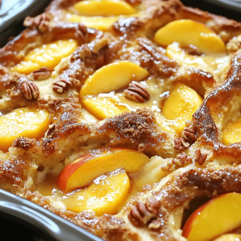- 4 cups stale bread (preferably brioche or challah), cubed - 3 ripe peaches, pitted and sliced - 2 cups whole milk - 1 cup heavy cream - 4 large eggs - 3/4 cup granulated sugar - 1/2 cup packed brown sugar (for topping) - 1/2 cup pecans, roughly chopped - 1/4 cup unsalted butter, melted - 1 teaspoon ground cinnamon - 1/2 teaspoon freshly grated nutmeg - 1/4 teaspoon sea salt Stale bread is key for this recipe. It soaks up the custard well. Fresh, ripe peaches add sweetness and flavor. Look for peaches that yield slightly when pressed. When measuring liquids, use a liquid measuring cup for accuracy. This ensures your bread pudding turns out just right. With these ingredients and tips, you are all set to make this Peach Cobbler Bread Pudding. For the complete instructions, check out the Full Recipe. First, preheat your oven to 350°F (175°C). This step is key for baking. While the oven heats, grab a 9x13 inch baking dish. Generously grease it with butter. Make sure to cover all corners. This will help the pudding not stick. In a large mixing bowl, combine the whole milk and heavy cream. Add in the eggs and granulated sugar. Then, pour in the pure vanilla extract. Sprinkle in the ground cinnamon, freshly grated nutmeg, and sea salt. Use a whisk to mix well. Whisk until the mixture is smooth. This helps create a rich custard. Take your stale bread and cut it into cubes. Gently fold the bread into the custard mixture. Ensure each piece is coated. Let it soak for about 15 minutes. This time is important for flavor absorption. Slice the ripe peaches and remove the pits. In a separate bowl, mix the peaches with packed brown sugar. Allow them to sit for about 10 minutes. This process, called macerating, brings out the natural sweetness of the peaches. Once the bread has soaked, stir in the roughly chopped pecans. Carefully fold in the macerated peaches. Make sure everything is evenly mixed. Pour the entire mixture into the greased baking dish. Drizzle melted butter over the top. Place the dish in the oven and bake for 40-45 minutes. The pudding is ready when the top is golden brown. The center should be soft but set. To get the right custard, use fresh eggs and whole milk. Mix them well with cream and sugar. Whisk until smooth, making sure there are no lumps. This step is key for a creamy outcome. To avoid drying out during baking, keep an eye on the time. Bake until the top gets golden brown, about 40 to 45 minutes. If you check in early, use a toothpick. It should come out clean, but not too dry. You can add more spices for depth. Try a pinch of ginger or allspice. These warm flavors make the dish pop. You can also swap in other fruits. Try apples, berries, or even nectarines for a fun twist. If using different fruits, remember to adjust the sugar. Some fruits are sweeter than peaches, so taste as you go. For a beautiful presentation, serve the pudding warm. Top each serving with a scoop of vanilla ice cream. A dollop of whipped cream adds a nice touch too. Garnish with a slice of peach or a sprinkle of cinnamon. This elevates the look and adds extra flavor. It’s all about making it visually appealing while keeping the taste amazing. {{image_4}} You can switch up the fruit in this recipe to match the seasons. Try using fresh berries in summer or apples in the fall. Each fruit will add a unique flavor to your bread pudding. When you change the fruit, also adjust the spices. For example, use more cinnamon with apples or add a hint of lemon zest with berries. This keeps your dish exciting all year round. If you need gluten-free options, choose gluten-free bread for your pudding. Many brands have tasty choices that work well. For a vegan version, substitute eggs with flaxseed meal or a commercial egg replacer. Use almond milk or coconut milk instead of dairy. These changes help everyone enjoy this treat without worry. Make your Peach Cobbler Bread Pudding a layered dessert by adding whipped cream or yogurt between layers. This creates a fun, visual treat. You can also serve it as a breakfast dish. Just warm it up and top it with fresh fruit and a drizzle of maple syrup. This makes a great start to your day! To keep your peach cobbler bread pudding fresh, refrigerate it in an airtight container. This helps to lock in moisture and flavor. It stays good for about three to four days. If you want to enjoy it later, make sure it cools down before sealing it up. When you're ready to eat it again, reheating is key. The best way to keep its texture is to use the oven. Preheat your oven to 350°F (175°C) and warm it for about 15 minutes. This helps restore its soft, creamy center. If you’re short on time, the microwave works too. Heat it in short bursts of 30 seconds, checking in between to avoid overheating. You can freeze peach cobbler bread pudding before or after baking. To freeze before baking, assemble it and wrap it tightly. When you’re ready, thaw it in the fridge overnight and bake as usual. For leftovers, allow it to cool completely, then slice and freeze in portions. To reheat, thaw in the fridge overnight, then warm it in the oven. This way, you enjoy its delicious taste any time! To keep your bread pudding firm, follow these tips for soaking the bread: - Use stale bread. Fresh bread absorbs too much liquid too fast. - Soak the bread just long enough. Aim for about 15 minutes. - Gently fold the bread into the custard. Avoid crushing the pieces. These steps help maintain the right texture. You want a nice, soft middle but not a soggy mess. Yes, you can prep this dish ahead. Here’s how: - Assemble the bread pudding, but do not bake it right away. - Cover it tightly with plastic wrap or foil. - Store it in the fridge for up to 24 hours. When you’re ready, bake it straight from the fridge. Just add a few extra minutes to the baking time. For serving, I love these ideas: - Serve it warm with a scoop of vanilla ice cream. - Top with freshly whipped cream for a rich touch. - Garnish with peach slices and a sprinkle of cinnamon. These additions enhance the flavors and make the dish look stunning. Yes, frozen peaches work well. Here’s what to know: - Thaw the peaches first and drain off any excess liquid. - This prevents the pudding from becoming too watery. - Frozen peaches may not be as firm, so adjust cooking time as needed. They still give you that sweet, peachy flavor. For the complete recipe, click here: Peach Cobbler Bread Pudding. It’s simple and delicious! In this post, we explored the key ingredients for a delicious peach cobbler bread pudding. We covered everything from stale bread to fresh peaches and spices. I shared step-by-step instructions, helpful tips, variations, and storage info. You can create this sweet treat easily and impress anyone. Remember to use ripe peaches and follow soaking tips for the best results. Enjoy making your peach cobbler bread pudding and savor each bite!