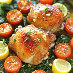 - Preheat the oven to 400°F (200°C). - Season the chicken thighs with salt, black pepper, oregano, and thyme. Starting with the oven hot helps the chicken cook evenly. I like to use bone-in, skin-on thighs for extra flavor and moisture. The seasoning is key. Use a good amount of salt and pepper to bring out the taste. Oregano and thyme add depth and aroma. - Heat olive oil in a skillet over medium-high heat. - Sear chicken thighs skin-side down for 5-7 minutes until golden brown. Heat the olive oil until it shimmers. This ensures a great sear. Place the chicken skin-side down without moving it for the best browning. The skin turns crispy and golden, giving you a flavorful crust. - Flip the chicken, add garlic, then drizzle lemon juice and zest. - Add cherry tomatoes and spinach, then transfer skillet to the oven. - Roast for 25-30 minutes until internal temperature reaches 165°F (75°C). After searing, flip the chicken and add minced garlic. Garlic cooks fast, so stir it for just a minute. Next, drizzle fresh lemon juice and sprinkle lemon zest over the chicken for brightness. Scatter halved cherry tomatoes and fresh spinach around the chicken for color and nutrition. Transfer your skillet to the hot oven. Roast for 25-30 minutes until the chicken reaches 165°F (75°C). This ensures it’s safe and juicy. For the full recipe, check the [Full Recipe]. - Use freshly squeezed lemon juice for better taste. - Let chicken rest before serving for moistness. Fresh lemon juice adds a bright flavor. It brings out the zest in the chicken. When you squeeze the lemon, you get the best taste. I always recommend this simple step. Letting the chicken rest makes it juicy. It allows the juices to settle back into the meat. - Ensure the skillet is hot enough for a good sear, preventing sticking. - Control the heat to avoid burning garlic. A hot skillet is key for a nice sear. It locks in the juices and helps the skin crisp. If the skillet is not hot, the chicken may stick. Be mindful of the heat. Garlic burns quickly and can ruin the dish. I suggest adding garlic only after flipping the chicken. - Artfully arrange the chicken on a platter with tomatoes and spinach. - Drizzle pan juices over the dish for added flavor. When serving, arrange the chicken nicely. Place the tomatoes and spinach around it. This not only looks good but also tastes great. The pan juices add a lovely shine and flavor. You want your meal to be as pleasing to the eyes as it is to the taste buds. {{image_4}} You can easily switch ingredients in this dish. If you want a leaner meal, substitute chicken thighs with chicken breasts. They will cook faster, so keep an eye on them. You can also use other vegetables. Try adding zucchini or bell peppers for a fresh twist. Both add color and nutrients. To change the flavor, you can add red pepper flakes. This will give your dish a spicy kick that many enjoy. If you like fresh herbs, add basil or rosemary. These herbs change the taste and smell of the dish, making it unique. You can mix and match these changes to find your favorite version. For the full recipe, check the detailed instructions to get started on your delicious journey! Store your leftovers in an airtight container. This keeps the chicken fresh for up to 3 days. If you plan to eat it later, check for any signs of spoilage before you dig in. You can freeze the cooked chicken. Use a freezer-safe container and place it in the freezer. This method keeps your chicken good for up to 2 months. When you’re ready to eat, just take it out! To reheat your chicken, use the oven or a skillet. This helps keep the chicken's texture nice and moist. Try to avoid the microwave, as it can make the chicken rubbery. Enjoy the great taste of your One-Pan Lemon Garlic Chicken again! Approximately 25-30 minutes in the oven after searing. This timing allows the chicken to cook through and develop great flavor. The key is to make sure the internal temperature reaches 165°F (75°C). This ensures it's safe to eat and juicy, not dry. Yes, but adjust cooking time to ensure they're fully cooked. Boneless thighs cook faster than bone-in ones. Start checking for doneness after 20 minutes in the oven. This way, you’ll get perfectly cooked chicken without overcooking it. Serve with rice, quinoa, or a fresh salad for a complete meal. These sides balance the flavors and add texture. Rice or quinoa soak up the tasty juices, while a salad adds crunch and freshness. Enjoy your meal with these tasty options! This article covered all you need to know for making One-Pan Lemon Garlic Chicken. We explored key ingredients, step-by-step cooking methods, and helpful tips. Remember to season well and use fresh ingredients for the best taste. This dish is easy to adapt, so feel free to swap ingredients or add your favorite flavors. With proper storage, leftovers can last for days. Enjoy your cooking adventure!