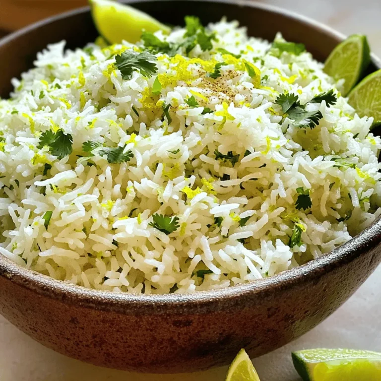 - 2 cups jasmine rice - 4 cups vegetable broth (or water) - 1 teaspoon ground cumin - 1 tablespoon extra virgin olive oil - Zest of 1 lime - Juice of 2 limes - 1/2 cup fresh cilantro, finely chopped - Salt, to taste - 1/4 teaspoon freshly ground black pepper - You can use basmati rice instead of jasmine rice. It offers a nice flavor, too. - If you do not have vegetable broth, water works well. You can also use chicken broth for more depth. - Instead of cilantro, try parsley or mint for a different taste. Both herbs add a fresh feel. - Fresh herbs make a big difference. They add brightness and depth to the dish. Look for vibrant green cilantro; it will enhance your rice. - Lime juice and zest play a key role. The lime adds sourness that balances the rice’s starchiness. This balance makes each bite pop with flavor. Rinsing the rice is key. It removes the extra starch. This step helps the rice stay fluffy. To rinse jasmine rice, place it in a bowl. Run cold water over it. Swirl the rice with your hand. Keep rinsing until the water is clear. After rinsing, strain the rice well. You want no excess water left. Toasting the rice adds flavor. It gives the rice a nutty taste. Heat a large pot over medium heat. Add olive oil and let it warm. Once hot, add the drained rice. Stir it often for about two minutes. Look for a light golden color. This color shows the rice is toasted just right. Now it’s time to add liquid and spices. Pour in vegetable broth or water. Add the ground cumin and stir briefly. Bring this mixture to a boil. Once boiling, lower the heat to low. Cover the pot tightly with a lid. Let it simmer for about 15 minutes. The rice will absorb the liquid and become tender. After cooking, take the pot off the heat. Keep the pot covered for five more minutes. This resting time makes the rice fluffy. Use a fork to fluff the rice lightly. Add lime zest, lime juice, chopped cilantro, salt, and black pepper. Mix everything gently but well. The lime and cilantro will brighten the rice. - Overcooking the rice: Cooking rice for too long can make it mushy. Keep an eye on the time. Once the liquid is gone and the rice is tender, stop cooking. - Skipping the rinsing step: Rinsing jasmine rice is key. It removes extra starch that can turn the rice sticky. Always rinse until the water runs clear for the best texture. - Suggested seasoning additions: You can boost the taste with garlic powder or onion powder. A pinch of chili powder adds a nice kick. Experiment with these to find your favorite. - How to adjust lime levels for taste: The lime juice gives the rice its zesty flavor. Start with the juice of one lime and taste. If you want more zing, add more juice slowly until it's just right for you. - Ideas for beautiful serving: Use a shallow bowl for serving. This makes the rice look more inviting. Arrange it in a mound for a nice shape. - Garnishing options: Top with fresh cilantro and lime wedges. You can also sprinkle with a bit of lime zest. This adds color and a fresh look to your dish. Try these tips to make your zesty cilantro lime rice shine on the table! For a full recipe, check out the [Full Recipe]. {{image_4}} You can easily add protein to zesty cilantro lime rice. Options include black beans or shredded chicken. - Black Beans: Rinse and drain one can. Stir them in right before serving. This adds fiber and protein. - Shredded Chicken: Cook chicken separately and shred it. Mix it in with the rice for a heartier meal. Mixing in protein makes the dish complete. It turns a side into a filling main dish. You can swap jasmine rice for other grains. Quinoa and brown rice are great choices. - Quinoa: Use 1 cup quinoa and 2 cups broth. Cook for about 15 minutes. - Brown Rice: Use 2 cups brown rice and 4 cups broth. Cook for about 40-45 minutes. Adjust the cooking times based on the grain you choose. Each option brings a unique flavor and texture. You can change the flavor of your rice by adding different herbs or spices. - Herbs: Try parsley or mint for a fresh twist. Use the same amount as cilantro. - Spices: Add a pinch of cayenne or smoked paprika for heat. These spices can change the taste profile. Experiment with ingredients to find your favorite mix. Each adjustment makes the dish even more exciting. For the full recipe, check out the details above. To keep your zesty cilantro lime rice fresh, follow these steps: - Allow the rice to cool completely before storing. - Place it in an airtight container. - Use a container that is not too large; this helps with even cooling. - Label the container with the date to track freshness. When you reheat rice, you want it warm and fluffy. Here are some ways to do that: - Use a microwave with a damp paper towel on top. This keeps the rice moist. - Stir the rice halfway through heating to avoid hot spots. - You can also reheat it on the stove. Just add a splash of water and cover the pan. - If the rice tastes flat, squeeze a bit of fresh lime juice before serving. Freezing rice is a great way to save it for later. Here’s how: - Portion the rice into small bags or containers. This makes it easier to thaw. - Remove as much air as possible to prevent freezer burn. - Label each bag with the date. To thaw, place the rice in the fridge overnight. You can also use a microwave on low. Reheat it with a splash of water to keep it tender. Feel free to check the Full Recipe for more details on preparing this delightful dish! Yes, you can prep cilantro lime rice in advance. Here are some tips for doing it right: - Cook the rice: Follow the recipe to make the rice. - Cool it down: Let the rice cool to room temperature. This helps keep it fluffy. - Store it: Place the rice in a sealed container. Refrigerate for up to 3 days. - Reheat: When ready to serve, gently reheat in the microwave or on the stove. Add a splash of water to keep it moist. Zesty cilantro lime rice pairs well with many dishes. Here are some tasty options: - Grilled chicken: The citrus notes complement the savory flavors. - Fish tacos: The rice adds freshness to the meal. - Black beans: A great source of protein and fiber. - Fajitas: Serve it as a side for a colorful platter. - Burrito bowls: Use the rice as a base for a filling bowl. This recipe is already vegan-friendly! It uses vegetable broth and fresh herbs. Here are some points to confirm its vegan aspects: - No animal products: All ingredients are plant-based. - Broth options: Vegetable broth keeps it vegan. Just avoid chicken broth. - Flavor boost: Feel free to add more veggies for added nutrients. Jasmine rice works best for this dish. Here’s why: - Aromatic: It has a lovely scent that enhances the dish. - Texture: Jasmine rice cooks up fluffy and tender. - Alternatives: You can use basmati or long-grain rice too. Just adjust cooking times as needed. For more details, check out the Full Recipe. Cilantro lime rice is simple and full of flavor. We covered essential ingredients, proper cooking methods, and tips for perfect results. Quality matters; fresh herbs and lime, enhance taste. Remember to avoid common mistakes, like overcooking. Get creative with variations, adding protein or different herbs can elevate your meal. Store leftovers correctly to enjoy them later. Follow these guidelines, and you’ll master this dish. Enjoy your cooking adventure and impress your friends with your skills!