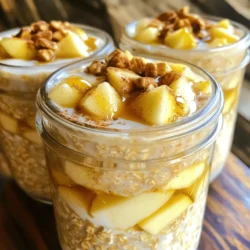 - 1 cup rolled oats - 1 ½ cups almond milk (or any milk of your preference) - 1 medium apple, diced (choose a sweet variety like Fuji or Honeycrisp for optimal flavor) - 1 teaspoon ground cinnamon - 2 tablespoons maple syrup (adjust according to your sweetness preference) - 1 tablespoon chia seeds - ¼ cup Greek yogurt (optional, for added creaminess) - ¼ teaspoon vanilla extract - A pinch of salt - Chopped nuts (such as walnuts or pecans) for topping (optional) To make apple cinnamon overnight oats, gather these simple ingredients. Rolled oats form the base. They soak up the milk, making them creamy. I prefer almond milk, but you can use any milk you like. Next, choose a sweet apple. Fuji or Honeycrisp apples are my favorites for this recipe. Dice the apple into small pieces. This adds a nice crunch and sweetness. Ground cinnamon gives the oats their warm flavor. Use about one teaspoon for a cozy taste. Maple syrup adds sweetness, but you can adjust the amount based on how sweet you want it. Chia seeds help thicken the mixture and add nutrition. If you want extra creaminess, Greek yogurt is a great choice. Just a little enhances the texture. A touch of vanilla extract adds depth. Finally, a pinch of salt brings all the flavors together. You can top your oats with chopped nuts for added crunch and flavor. This ingredient list is complete and ready for your kitchen. For the full recipe, check out the details above. 1. Mixing all ingredients Start by taking a medium bowl. Add 1 cup of rolled oats and 1 ½ cups of almond milk. Then, toss in 1 medium diced apple, 1 teaspoon of ground cinnamon, and 2 tablespoons of maple syrup. Next, stir in 1 tablespoon of chia seeds, ¼ cup of Greek yogurt, ¼ teaspoon of vanilla extract, and a pinch of salt. Mix everything together well until it looks smooth and creamy. 2. Transferring to jars or containers Once your mixture is ready, grab two jars or airtight containers. Use a spoon to scoop the oat mixture evenly into each jar. Make sure to leave a little space at the top to allow for extra toppings later. 3. Sealing and refrigeration instructions After you fill the jars, seal them tightly. Place the jars in the fridge for at least 4 hours, but overnight is best. This soaking time helps the oats absorb the milk and flavors, making them creamy and delicious. 4. Morning preparation When morning comes, take your jars out of the fridge. Give the oats a good stir. If you like them creamier, add a splash more almond milk. To serve, top your oats with more diced apple, a sprinkle of cinnamon, and some chopped nuts if you want extra crunch. For the full recipe, refer to the Apple Cinnamon Delight Overnight Oats section. Enjoy your tasty breakfast! To get the best texture, you can adjust the liquid. If you like your oats thicker, use less milk. For creamier oats, add a little more milk. Store your oats in the fridge. This keeps them fresh and tasty. Soaking the oats overnight helps them absorb the liquid. It also makes them softer and easier to eat. You can add more spices to boost the flavor. Nutmeg or ginger works well with cinnamon. If you want extra sweetness, try using honey or agave syrup instead of maple syrup. Mixing in proteins can make your oats more filling. Greek yogurt, nut butter, or protein powder are great options. This way, you enjoy a tasty meal that keeps you satisfied longer. For the full recipe, check out the details above. {{image_4}} You can make your apple cinnamon overnight oats even more fun with different fruits. Bananas add a soft texture and sweetness. You can slice them and mix them in. Berries like strawberries or blueberries bring a burst of flavor. They also add a nice color. Seasonal fruits can change the vibe of your oats. For fall, try adding pumpkin puree and a sprinkle of pumpkin spice. It gives a warm, cozy taste. In spring or summer, fresh peaches or cherries can really brighten up your dish. You can mix and match to find your favorite flavor. If you need gluten-free options, choose gluten-free rolled oats. They work just as well as regular oats. Always check the label to be sure. For those who want dairy-free alternatives, almond milk is a great choice. You can also use oat milk or coconut milk for a creamy texture. If you want more protein, consider using dairy-free yogurt made from nuts or soy. These swaps keep your meal tasty and healthy. For the full recipe, you can refer to the Apple Cinnamon Delight Overnight Oats section. To keep your apple cinnamon overnight oats fresh, use airtight containers. Glass jars work great because they are easy to clean and do not stain. You can also use plastic containers if you prefer. Store your oats in the fridge right after you mix them. The oats stay good for about 3 to 5 days. The flavors get better as they sit. Just make sure to check for any odd smells or changes before eating. If you like your oats warm, you can heat them up. The best way is to use the microwave. Just place your oats in a bowl and heat for about 30 seconds. Stir and check the temperature. If they need more heat, microwave in 15-second bursts until warm. You can also add a splash of almond milk to make them creamy again. Serve your oats with extra diced apples or a sprinkle of cinnamon on top. Chopped nuts can add a nice crunch, too. Enjoy your tasty breakfast! You can keep overnight oats in the fridge for up to five days. This allows the flavors to blend well. Just make sure to store them in airtight containers. If you notice any odd smells or changes in texture, it's best to toss them out. Fresh oats will always taste better! Yes, you can freeze overnight oats! They freeze well for up to three months. To freeze, use freezer-safe containers. Just remember to leave some space at the top. This lets them expand as they freeze. When you're ready to eat, thaw them in the fridge overnight. Rolled oats are the best choice for overnight oats. They soak up the liquid nicely and create a creamy texture. Steel-cut oats are too tough and require longer cooking. Instant oats can become mushy and lose their shape. Stick with rolled oats for the best results! This recipe makes two servings. You can double or halve the recipe based on your needs. If you want to meal prep for the week, just multiply the ingredients. This way, you have tasty breakfasts ready to go! For the full recipe, check out the recipe section above. Overnight oats are simple and nutritious. You learned about key ingredients like rolled oats and almond milk. We discussed easy steps for preparation and tips for the best texture. You can explore fun fruit options and dietary substitutes too. Remember, these oats are versatile. Store them well for freshness, and enjoy your tasty breakfast every morning. Now, with these tricks and recipes, you can make overnight oats your new go-to breakfast. It’s time to get creative and find the perfect mix for you!