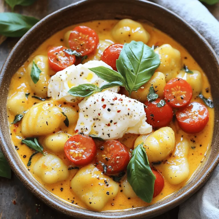 - 1 pound potato gnocchi - 2 tablespoons olive oil - 1 small onion, finely chopped - 3 cloves garlic, minced - 2 cups cherry tomatoes, halved - 1 teaspoon dried oregano - 1 teaspoon red pepper flakes (optional) - Salt and freshly ground black pepper to taste - 1 cup vegetable broth - ½ cup heavy cream - 1 ball of burrata cheese - Fresh basil leaves for garnish To make this savory dish, gather fresh ingredients. Start with one pound of potato gnocchi. This gives you a soft and pillowy base. You’ll need two tablespoons of olive oil to sauté the onions and garlic. A small onion, finely chopped, adds sweetness. Three cloves of minced garlic bring aromatic depth. For the vegetables, use two cups of halved cherry tomatoes. They add brightness and flavor. One teaspoon of dried oregano enhances the dish with herbal notes. If you like heat, add one teaspoon of red pepper flakes. Season with salt and freshly ground black pepper to taste. For the sauce, you need one cup of vegetable broth. This creates a rich base. Half a cup of heavy cream adds creaminess and body. Finally, a ball of burrata cheese provides a luxurious finish. Fresh basil leaves will garnish and brighten your plate. This combination of ingredients ensures a tasty gnocchi dish. Check the [Full Recipe] for complete instructions. - Bring a large pot of salted water to boil. - Add gnocchi and cook until they float (2-3 minutes). - Drain and set aside. Cooking gnocchi is simple and fast. Use a large pot and plenty of water. Salt the water well; this adds flavor. Once the water is boiling, gently add in the gnocchi. As they cook, they will float to the top, which means they are done. This usually takes about 2-3 minutes. Afterward, drain them and let them rest. - Heat olive oil in a skillet over medium heat. - Sauté the onion until translucent (3-4 minutes). - Add minced garlic and cook for an additional minute. Next, heat olive oil in a skillet. Use medium heat to avoid burning. Add the finely chopped onion. Sauté for about 3-4 minutes until it turns translucent. This step makes the onion sweet and soft. Then, add minced garlic and stir for one more minute. The smell will be amazing! - Add cherry tomatoes, oregano, and seasoning to skillet. - Cook for about 5 minutes, allowing tomatoes to soften. - Pour in vegetable broth and simmer for 5 minutes. Now it’s time for the sauce. Toss in halved cherry tomatoes, dried oregano, and your seasoning. Cook this mix for about 5 minutes. You want the tomatoes to soften and release their juices. After that, pour in vegetable broth and let it simmer for another 5 minutes. This builds great flavor. - Stir in heavy cream and allow to thicken (2-3 minutes). - Toss in the cooked gnocchi to coat evenly. - Serve with torn burrata and garnish with fresh basil. Finally, stir in the heavy cream. Let it thicken for 2-3 minutes. This makes the sauce creamy and rich. Next, add the cooked gnocchi to the skillet. Toss gently to coat each piece. Serve it all up with torn burrata on top. Finish with a sprinkle of fresh basil for color and taste. For the full recipe, check out the complete guide. To know when gnocchi is done, watch for them to float. When they rise to the top of the water, they are ready. This usually takes about 2 to 3 minutes. If you cook them too long, they can become mushy. To prevent gnocchi from sticking, use plenty of salted water. Stir gently as they cook. After draining, toss them lightly in a bit of olive oil. This keeps them from sticking together while you prepare the sauce. For added flavor in your tomato sauce, try using fresh basil, thyme, or rosemary. A pinch of sugar can balance the acidity of the tomatoes. I often add black pepper for a little kick. If you like heat, the red pepper flakes work well here. To adjust the sauce thickness, simmer it longer to reduce liquid. If it's too thick, add a splash of vegetable broth or water. Stir well to blend your sauce to the desired consistency. For a beautiful finish, drizzle a little olive oil over the dish just before serving. This adds shine and a rich flavor. You can also sprinkle fresh black pepper on top for a touch of spice. Serve the gnocchi with crusty bread on the side. This bread is perfect for soaking up the creamy sauce. For a touch of elegance, arrange the bread on a wooden board beside the gnocchi. For the full recipe, check out the detailed instructions above. {{image_4}} You can easily add protein to your dish. Chicken and shrimp are great options. Simply cook them in the skillet before adding the tomatoes. For chicken, use boneless breasts and cut them into small pieces. Cook until golden. For shrimp, cook until they turn pink. If you want a vegan option, try chickpeas or lentils. These add protein and a nice texture. Just mix them in with the sauce. They soak up flavors well. Burrata cheese adds a creamy touch. If you can't find it, use ricotta or mozzarella. Ricotta gives a light, fluffy taste, while mozzarella adds a nice stretch. Both will still taste great in this dish. Crumbled feta can also work if you want a tangy flavor. Just sprinkle it on top before serving. Seasonal vegetables can change your dish. Spinach is a lovely addition. Add it right before serving to keep it bright and fresh. Zucchini works well too. Just slice it thin and cook it with the onions. Adjust cooking times for different veggies. Harder vegetables like carrots need more time, while softer ones like bell peppers need less. Keep an eye on them to avoid overcooking. To keep your gnocchi fresh, refrigerate it right away. Place it in an airtight container. This keeps moisture in and prevents drying out. Make sure to store it within two hours of cooking. The gnocchi will stay good for up to three days. To reheat, I recommend using the stovetop. This helps keep the gnocchi soft. Add a splash of water or broth to the pan. Heat on low and stir gently. If you prefer the microwave, use a microwave-safe dish. Add a little water and cover it. Heat in short bursts, stirring in between. This way, the gnocchi won’t become chewy. Yes, you can freeze gnocchi dishes! For best results, freeze the dish before adding burrata. Place the cooled gnocchi in a freezer-safe bag. Squeeze out the air to prevent freezer burn. When you’re ready to eat, thaw it overnight in the fridge. Reheat it on the stovetop, adding a bit of water or broth to restore moisture. Enjoy your delicious meal later! For the full recipe, check the link above. This dish takes about 30 minutes total. You need 10 minutes to prep. Then, the cooking time is around 20 minutes. This quick meal is perfect for busy days. Yes, you can! Look for gluten-free gnocchi made from rice or corn flour. These options taste great and work well in this recipe. You can pair this dish with a fresh salad or crusty bread. A light arugula salad adds a nice touch. Garlic bread also complements the flavors well. Absolutely! Use vegan gnocchi and replace the burrata with a plant-based cheese. For cream, choose a non-dairy option like coconut cream or cashew cream. Try adding fresh herbs like basil or parsley. You can also mix in some fresh spinach or a splash of balsamic vinegar. A pinch of smoked paprika brings a nice depth to the sauce. For the full recipe, check out the [Full Recipe]. In this blog post, we explored how to make a delicious tomato gnocchi with burrata. We covered key ingredients and detailed cooking steps. I shared tips for perfect gnocchi and ways to enhance your sauce. You also learned about variations and storage options. No matter your skill level, this dish is easy and fun. Enjoy your cooking journey, and don't hesitate to experiment with flavors and ingredients. Each bite will be a delight!