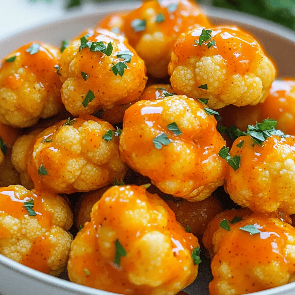 - Cauliflower florets - All-purpose flour (gluten-free option) - Water - Garlic powder - Onion powder - Smoked paprika - Salt The main ingredients for these bites start with fresh cauliflower. I love using a medium head of cauliflower, cut into bite-sized florets. This size helps them cook evenly and ensures a great texture. Next, I use all-purpose flour, but if you need a gluten-free option, you can swap it out for gluten-free flour. You will mix this flour with water to create a batter. This batter is key for coating the cauliflower. Seasoning is very important. I add garlic powder, onion powder, smoked paprika, and salt. These spices give the bites a rich flavor. The garlic and onion powder add depth, while the smoked paprika brings a lovely smokiness. - Buffalo sauce - Olive oil - Fresh parsley for garnish For the sauce, I use store-bought buffalo sauce. You can adjust the heat level based on your taste. Mixing it with olive oil helps it cling better to the cauliflower. Don’t forget fresh parsley! It adds a bright color and fresh taste to the finished dish. Just chop it finely before you sprinkle it over the bites. - Mixing bowl - Whisk - Baking sheet - Parchment paper To make this dish, you will need a few simple tools. A mixing bowl is where you’ll combine the batter. A whisk helps create a smooth mixture without lumps. You also need a baking sheet lined with parchment paper. This makes cleanup easy and prevents sticking. Just arrange the coated cauliflower on the sheet and you’re ready to bake. For the full recipe, check out the detailed steps to make these delicious Buffalo Cauliflower Bites! - Set temperature to 450°F (232°C) - Prepare the baking sheet with parchment paper First, I preheat my oven to 450°F. This high heat helps the bites get nice and crispy. While the oven warms up, I line a baking sheet with parchment paper. This makes cleanup easy and helps the cauliflower not stick. - Mix flour, water, garlic powder, onion powder, smoked paprika, and salt - Ensure the batter is smooth with no lumps Next, I make the batter. In a large bowl, I mix together 3/4 cup of flour, 1 cup of water, and the spices: 1 teaspoon of garlic powder, 1 teaspoon of onion powder, 1/2 teaspoon of smoked paprika, and 1/2 teaspoon of salt. I whisk it all together until the batter is smooth. No lumps allowed! - Dip florets in the batter and arrange them on the baking sheet - Bake for 20 minutes, flipping halfway for even crispiness Now comes the fun part—coating the cauliflower. I take a medium head of cauliflower and cut it into bite-sized florets. I dip each floret into the batter, making sure they are well-coated. I place them on the baking sheet in a single layer. I bake them for 20 minutes, flipping the florets halfway to get them crispy on all sides. - Mix buffalo sauce with olive oil - Coat the baked cauliflower bites - Return to the oven for final baking When the cauliflower bites finish baking, I mix 1/2 cup of buffalo sauce with 2 tablespoons of olive oil in a small bowl. I take the hot cauliflower out of the oven and toss it in the buffalo sauce mixture. Then, I put them back on the baking sheet and return them to the oven for another 10 to 15 minutes. This final bake makes them extra crispy and packed with flavor. For the full recipe, check back to the main section! To get that great crunch, follow these tips: - Use a single layer of florets. This helps them cook evenly. - Ensure batter isn’t too thick. A thin coat allows for better crisping. You can change the heat of your bites easily: - Add more buffalo sauce for extra spice. - Use less buffalo sauce for a milder flavor. - Try BBQ sauce or sweet chili sauce if you want something different. Garnishing can make your dish pop! Here’s how: - Use fresh herbs like parsley or cilantro for color. - Serve with dips like ranch or blue cheese for added flavor. Serving these bites with tasty dips makes them even more enjoyable! {{image_4}} You can enhance your buffalo cauliflower bites in many ways. One great option is to add cheese. When you mix cheese into the batter, you get a cheesy buffalo bite with a creamy texture. Try using shredded cheddar or mozzarella for the best results. Another idea is to play with spices. You might try adding cayenne for heat or smoked paprika for a deeper flavor. You can even mix in some ranch seasonings for a cool kick. Experimenting with spices can give you a unique taste each time. If you want to try a different cooking method, consider using an air fryer. Set your air fryer to 400°F (204°C). Coat the cauliflower bites as you would for baking. Place them in the air fryer basket in a single layer. Cook for about 15 minutes, shaking the basket halfway through for even cooking. This method will make them extra crispy. You can also cook these bites on the stove or grill. For stovetop cooking, heat some oil in a pan. Sauté the coated cauliflower until golden brown. If grilling, use a grill basket to prevent them from falling through the grates. Both methods add a nice smoky flavor. Pair your buffalo cauliflower bites with dips for extra flavor. Ranch dressing or blue cheese dressing makes a classic match. You can also try a creamy avocado dip or a spicy yogurt sauce to complement the heat. For appetizers, serve these bites alongside other finger foods. Consider pairing them with veggie sticks or mozzarella sticks for a fun platter. You can also add some tortilla chips and guacamole to round out your snack spread. For the full recipe, check out the detailed instructions above. To store leftover buffalo cauliflower bites, let them cool down first. Then, place them in an airtight container. These bites stay fresh in the fridge for 3 to 5 days. For the best taste, eat them within this time frame. For freezing, pack the bites in a single layer on a baking sheet. Freeze them for a couple of hours until firm. After that, transfer them to a freezer bag or container. They can stay frozen for up to 3 months. When you want to eat them, take them out and let them thaw in the fridge overnight. You can reheat these bites in the oven or microwave. For the oven, preheat it to 350°F (177°C). Bake for about 10 to 15 minutes until hot and crispy. If using a microwave, heat them for 1 to 2 minutes, but they may not be as crispy. For the best texture, use the oven method. Enjoy your crispy buffalo cauliflower bites again! Yes, you can use frozen cauliflower. Just thaw it first. Pat it dry with a paper towel to remove excess moisture. This helps the batter stick better. Yes, they can be gluten-free! Use gluten-free flour instead of all-purpose flour. This swap keeps the bites tasty and safe for gluten-sensitive friends. To spice them up, add more buffalo sauce or some cayenne pepper. For a milder taste, use less buffalo sauce. You can also mix in some honey for a sweet twist. Each serving has about 150 calories. It also offers 5 grams of protein and 6 grams of fiber. Plus, it’s low in carbs, making it a healthy snack choice. Absolutely! To make sharing easier, cut them into smaller pieces. Serve with dips like ranch or blue cheese. This adds fun and flavor for guests to enjoy! You now know how to make tasty Buffalo Cauliflower Bites. We covered the main ingredients and tools you need, plus easy steps to bake them. Remember, you can customize spiciness and add flavors that suit you. Store leftovers well so you can enjoy them later. These bites are great for parties or snacks. With this guide, I am sure you will make a dish full of crispiness and flavor. Happy cooking!