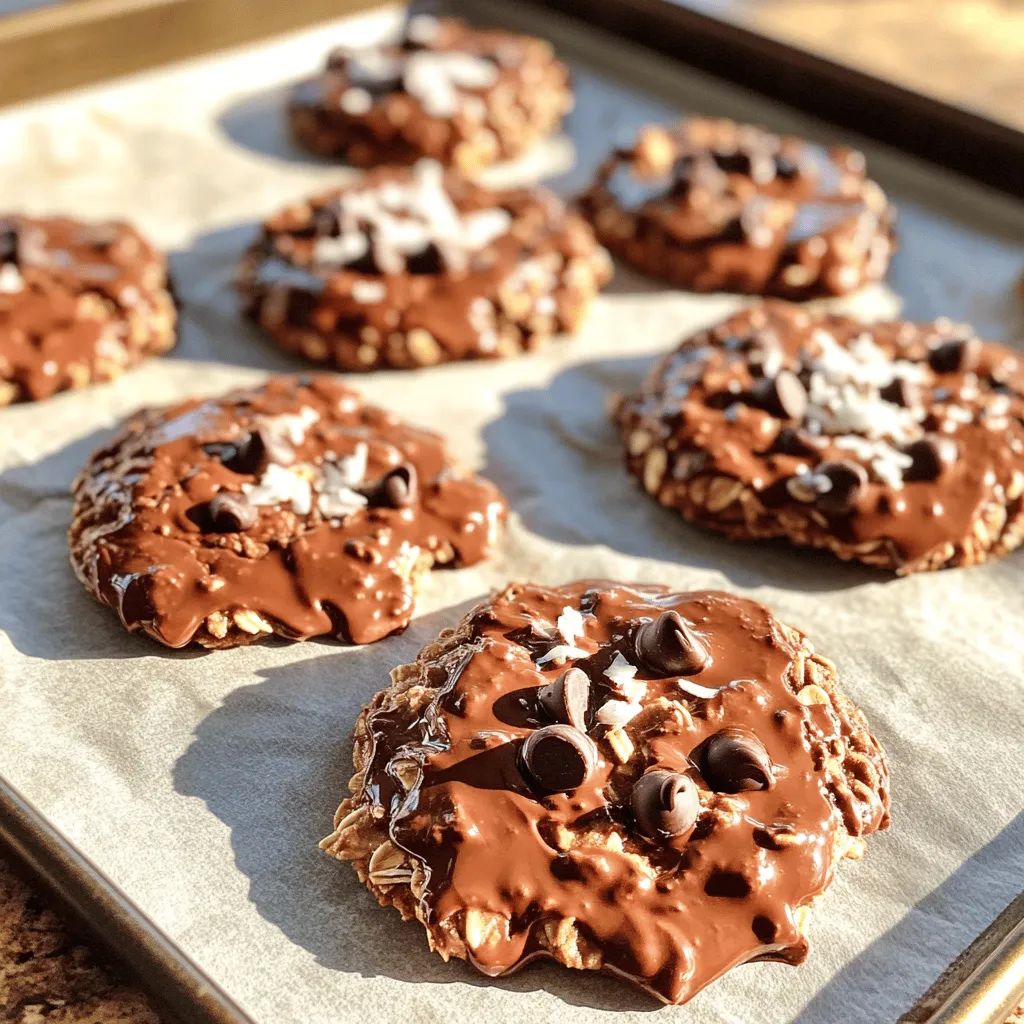 To make no-bake chocolate oatmeal cookies, you need a few simple items. Here’s the complete list of ingredients: - 1 cup smooth peanut butter - 1/2 cup honey or maple syrup - 1/4 cup unsweetened cocoa powder - 2 cups rolled oats - 1 teaspoon vanilla extract - 1/2 teaspoon salt - 1/2 cup dark chocolate chips (or dairy-free option) - 1/4 cup shredded coconut (optional) - 1/4 cup chopped nuts (optional) Each ingredient plays a key role in the taste and texture of the cookies. The peanut butter gives a creamy base. Honey or maple syrup adds sweetness. Cocoa powder brings rich chocolate flavor. Rolled oats provide a chewy texture. You can add dark chocolate chips for extra chocolate goodness. Shredded coconut adds a fun twist, while chopped nuts give a nice crunch. With these ingredients, you create a tasty treat that's quick and easy to make. For the full recipe, follow the steps outlined above. Enjoy your cookie-making adventure! Start by gathering your ingredients. You will need peanut butter, honey, cocoa powder, oats, vanilla, salt, chocolate chips, coconut, and nuts if desired. Place a medium-sized saucepan on the stove over low heat. Add the smooth peanut butter and honey or maple syrup. Stir well with a wooden spoon for about 3-5 minutes. The mixture should be creamy and well combined. Next, add the cocoa powder, vanilla extract, and salt to the saucepan. Stir until everything mixes into a smooth chocolate blend. This step is key for a rich flavor. Once the mixture is smooth, take it off the heat. Gradually fold in the rolled oats. Stir gently but thoroughly. Ensure all oats get coated with the chocolate. This step is important to keep the cookies from being crumbly. If you want to add extra flavor, mix in dark chocolate chips, shredded coconut, or chopped nuts. Distributing these mix-ins well will give your cookies nice crunch and flavor. To shape the cookies, use a tablespoon to scoop the mixture. Drop the scoops onto a parchment-lined baking sheet. Shape each scoop into a rounded cookie. This makes them look nice and homemade. After shaping all the cookies, place the baking sheet in the refrigerator. Let the cookies chill for about 30 minutes. This cooling time helps them firm up nicely. They should feel set and firm to the touch. For storage, you can keep the cookies in an airtight container in the fridge for up to a week. If you like softer cookies, you can leave them at room temperature. Enjoy your easy and fun snack! To get the right texture, balance the peanut butter and sweetener. Use one cup of peanut butter and half a cup of honey or maple syrup. This mix keeps the cookies soft yet firm. Stir the mixture well over low heat. It should blend smoothly. When you add oats, fold them in gently. This step is key for even coating. A uniform texture helps every bite taste great. Add fun mix-ins for extra flavor. Try dark chocolate chips, nuts, or shredded coconut. These give a nice crunch and unique taste. You can swap in dairy-free chips for a vegan treat. For a touch of flair, arrange the cookies on a colorful plate. Sprinkle a few extra chocolate chips and coconut on top. Pair them with a glass of cold milk or coffee for a delightful snack. Avoid using too much sweetener or peanut butter. This can make the cookies too sticky. If they are wet, add more oats until they hold shape. Stirring too little may leave dry spots. Mix well to ensure all oats get chocolatey goodness. If your cookies don’t set, chill them longer. A full 30 minutes helps firm them up. Following these tips will give you the best no-bake cookies ever! {{image_4}} You can easily adapt this recipe to fit your needs. For a nut-free version, swap the peanut butter with sun butter or soy nut butter. These options give you a similar creamy texture. If you want a vegan treat, use maple syrup instead of honey and choose dairy-free chocolate chips. You can also add spices like cinnamon or nutmeg for a warm flavor. Vanilla extract is a great addition, but you can switch it with almond extract for a fun twist. There are many ways to shape your cookies. You can make large cookies or small bite-sized ones. For parties, mini cookies are a hit. Use a small ice cream scoop for even shapes. If you want fun shapes, press the mixture into cookie cutters before chilling. This way, you can impress guests with unique designs. If you want to try something new, consider using carob powder instead of cocoa powder. Carob has a sweet taste and is caffeine-free. You can also experiment with different types of chocolate. Try using milk chocolate, white chocolate, or even flavored chocolate like mint or caramel. Each choice adds a unique taste to your cookies. To keep your no-bake chocolate oatmeal cookies fresh, use an airtight container. Glass or plastic containers work well. Always place a layer of parchment paper between layers to avoid sticking. If you want a softer cookie, store them at room temperature. But for a firmer bite, keep them in the fridge. These cookies last up to one week in the refrigerator. At room temperature, they may stay fresh for about three days. If you notice any change in smell or texture, it’s best to toss them. Signs they may be going stale include a dry texture or a loss of flavor. You can freeze these cookies for up to three months. To do this, place them in an airtight container or a freezer bag. Lay parchment paper between layers to prevent sticking. When you're ready to eat, thaw them in the fridge overnight. This helps to keep their texture just right. Enjoy your tasty treat anytime! Yes, you can use crunchy peanut butter. Crunchy peanut butter adds texture. The cookies will still taste great. Just remember, the texture will be different. If you love crunch, go for it! To make these cookies healthier, consider these options: - Use natural nut butter with no added sugar. - Replace honey or maple syrup with mashed bananas. - Add chia seeds or flaxseeds for extra fiber. These swaps keep them tasty and nutritious. No, you don’t need a specific type of oats. Use rolled oats for best results. Instant oats can work, but the texture may change. Rolled oats give a chewier bite. They also help the cookies hold together well. If you want to swap honey or maple syrup, try these: - Agave nectar - Brown rice syrup - Coconut nectar These alternatives maintain sweetness and work well in the recipe. To avoid sticky cookies, follow these tips: - Use less peanut butter or sweetener. - Chill the dough longer before shaping. - Ensure the oats are mixed well into the dough. These steps help create the perfect cookie texture. This blog post shared a simple recipe for no-bake cookies, highlighting key ingredients and steps. I explained tips for perfect texture and flavor, along with common mistakes to avoid. You can easily customize your cookies with mix-ins or alternative ingredients. Finally, I covered storage methods and answered FAQs. No-bake cookies are a fun and quick treat. You can enjoy them any time, knowing they fit your needs and taste. Try your own twists, and have fun making these delicious cookies!
