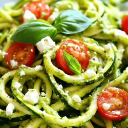 - 2 medium zucchinis - 1 large ripe avocado - 1 cup fresh basil leaves - 2 tablespoons lemon juice - 2 tablespoons extra virgin olive oil - 1 clove garlic - 1/4 cup walnuts or pine nuts - Salt and pepper to taste - 1 cup cherry tomatoes, halved - Crumbled feta cheese When I make zucchini noodles with pesto, I focus on fresh ingredients. The zucchinis serve as the base, giving a light and healthy feel. I choose ripe avocados for a creamy texture in the pesto. Fresh basil adds a bright flavor that pairs well with the other ingredients. Lemon juice gives a tangy kick, while olive oil adds richness. Garlic offers a bold taste, and walnuts or pine nuts bring crunch. For seasoning, salt and pepper enhance all the flavors. I often add cherry tomatoes on top for color and sweetness. Crumbled feta cheese can bring a salty bite, making the dish even more delightful. Check out the full recipe for all the steps to create this tasty meal! First, you will need to spiralize your zucchinis. A spiralizer is the best tool for this job. It turns the zucchinis into long, curly noodles. If you don’t have a spiralizer, don’t worry. You can use a vegetable peeler instead. Just run the peeler down the zucchini to create long strips. Once you have the noodles ready, set them aside. To remove extra moisture, sprinkle salt on the noodles. Let them sit in a colander for about 10 minutes. This step helps keep your dish from getting soggy. Next, it’s time to make the avocado pesto. Gather these ingredients: ripe avocado, fresh basil leaves, lemon juice, olive oil, minced garlic, walnuts, salt, and pepper. Place all these items in a food processor. Blend the ingredients until smooth and creamy. If the pesto is too thick, add a tablespoon of water. This will help you reach the right consistency for the sauce. Now, mix the zucchini noodles with your avocado pesto. Use a large mixing bowl for this. Gently toss the noodles until they are well coated with the pesto. For a beautiful presentation, arrange the noodles in a nest shape on your plate. Top with halved cherry tomatoes for a burst of color. If you like, sprinkle some crumbled feta cheese on top as well. Serve the dish right away for the best flavor. For this full recipe, check out the [Full Recipe]. When making zucchini noodles with pesto, fresh ingredients make a big difference. - Choosing the best avocados: Look for avocados that feel soft but not mushy. Dark skin often means ripeness. - Selecting basil: Fresh basil should smell strong and fragrant. Look for vibrant green leaves without any browning. - Importance of quality olive oil: Use extra virgin olive oil for a rich flavor. It enhances the taste of both the pesto and the noodles. Zucchini noodles can be tricky, but I have tips to help. - Drawing moisture from zucchini noodles: After spiralizing, sprinkle salt on the noodles. Let them sit in a colander for ten minutes. This helps remove excess moisture, making them less soggy. - Alternative cooking methods: You can sauté or steam zucchini noodles briefly. This adds warmth without making them too wet. Enhancing flavor is key for a great dish. - Adding spices or herbs to the pesto: You can mix in red pepper flakes for a kick. Try adding lemon zest for brightness. - Recommended cheese pairings: Crumbled feta cheese adds saltiness. Grated Parmesan also pairs well and adds depth to the pesto. For a deeper dive into the recipe, check out the Full Recipe. {{image_4}} You can switch up the pesto to fit your taste. If you want a change from basil, try arugula or spinach. Both greens give a fresh twist. You can even blend them for a unique flavor. If you have nut allergies, don't worry! Use seeds like sunflower or pumpkin instead of nuts. They add a nice crunch and flavor without the risk. Want to make your dish even better? Toss in cherry tomatoes or bell peppers. They add color and extra taste. You can also try other spiralized veggies. Carrots or sweet potatoes work well. They mix nicely with the zucchini noodles and keep it fun. These zucchini noodles taste great with grilled chicken or seafood. The flavors blend well and create a complete meal. You can also serve them as a cold pasta salad. Just chill the noodles and mix in the pesto. This makes a perfect dish for hot days. For a full recipe, check out the Zesty Zucchini Noodles with Avocado Pesto. Enjoy the flexibility and fun of this dish! To keep your zucchini noodles fresh, store them in an airtight container. Place a paper towel inside to absorb extra moisture. Use them within 2-3 days for the best taste. For the pesto sauce, transfer it to a jar and cover it with a thin layer of olive oil. This helps prevent browning. Seal it tightly and place it in the fridge. Enjoy your pesto within a week. You can freeze zucchini noodles, but they may lose some crunch. To freeze, lay them flat in a single layer on a baking sheet. Once frozen, transfer them to a freezer bag. Use within 2-3 months for the best results. For pesto, freeze it in ice cube trays. Once solid, pop the cubes into a bag. This way, you can grab a portion whenever you need it. Pesto can last up to 6 months in the freezer. The best way to reheat zucchini noodles is in a skillet over medium heat. Add a splash of water to help steam them lightly. This keeps them tender. Avoid overheating to prevent mushiness. For the pesto, give it a quick stir before serving. If it seems thick, add a touch of olive oil or water. This will refresh the flavor and texture. Serve your reheated dish and enjoy! You can pair zucchini noodles with many tasty sides. Here are some ideas: - Grilled chicken for protein - Shrimp sautéed in garlic - A fresh mixed green salad - Roasted vegetables like bell peppers or asparagus - Crusty bread for dipping in pesto These sides will add flavor and texture to your meal. Yes, you can make zucchini noodles in advance. - Store them in an airtight container. - Keep them in the fridge for up to three days. - Sprinkle a little salt to draw out extra moisture before storing. Make sure to use them quickly, as they can get soggy. Absolutely, this recipe is perfect for meal prep! - You can cook a big batch and store it. - Keep the zucchini noodles and pesto separate until you're ready to eat. - Use airtight containers to store each part. This way, your meal stays fresh and tasty for the week. Zucchini noodles offer many health benefits: - They are low in calories, with just about 20 calories per cup. - They provide fiber, which helps with digestion. - Zucchini is high in vitamins A and C, which support skin health. - The avocado in the pesto adds healthy fats. Overall, this dish is a great choice for a light and healthy meal. This blog post shared a delicious and healthy recipe for zucchini noodles with avocado pesto. We discussed fresh ingredients and how to make the dish step by step. I included tips for choosing produce and enhancing flavors. You can vary the recipe or store leftovers for later. In the end, this meal is simple, tasty, and good for you. Enjoy making it your own!