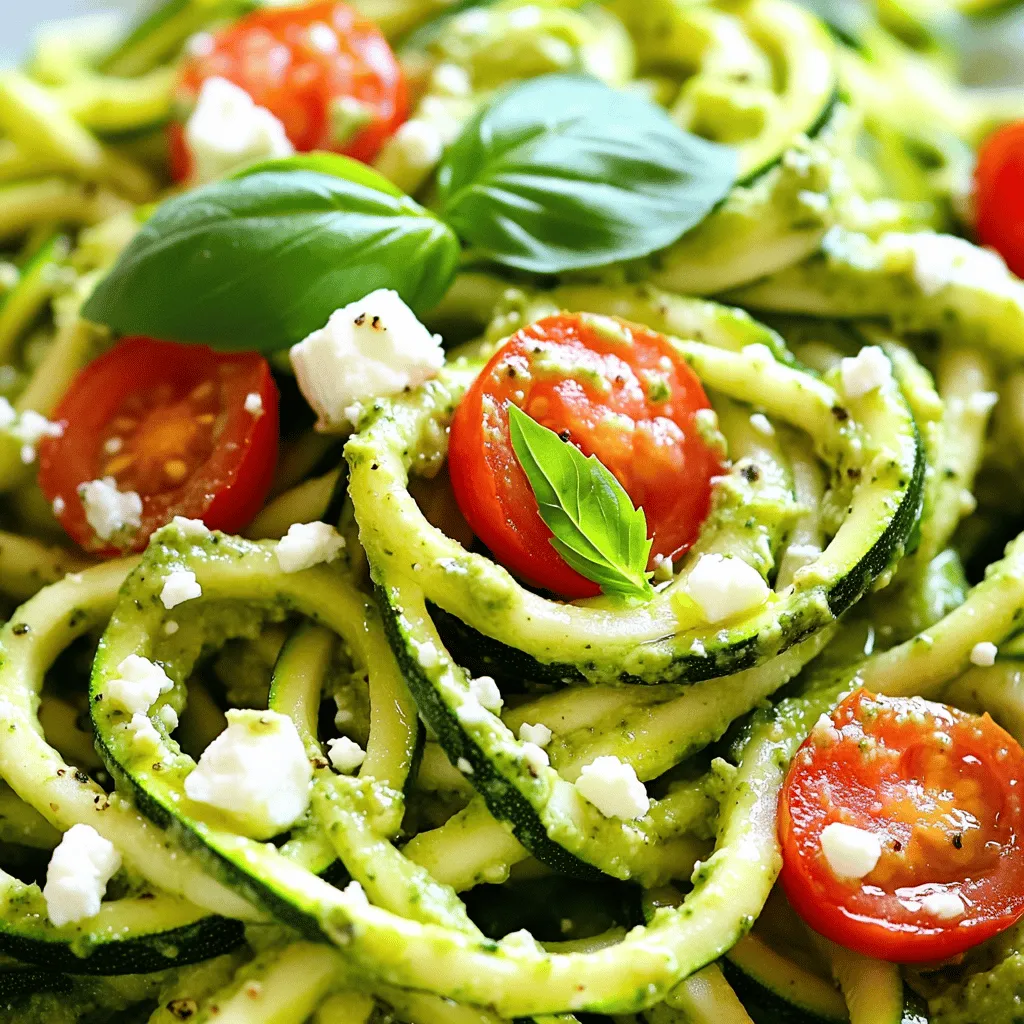 - 2 medium zucchinis - 1 large ripe avocado - 1 cup fresh basil leaves - 2 tablespoons lemon juice - 2 tablespoons extra virgin olive oil - 1 clove garlic - 1/4 cup walnuts or pine nuts - Salt and pepper to taste - 1 cup cherry tomatoes, halved - Crumbled feta cheese When I make zucchini noodles with pesto, I focus on fresh ingredients. The zucchinis serve as the base, giving a light and healthy feel. I choose ripe avocados for a creamy texture in the pesto. Fresh basil adds a bright flavor that pairs well with the other ingredients. Lemon juice gives a tangy kick, while olive oil adds richness. Garlic offers a bold taste, and walnuts or pine nuts bring crunch. For seasoning, salt and pepper enhance all the flavors. I often add cherry tomatoes on top for color and sweetness. Crumbled feta cheese can bring a salty bite, making the dish even more delightful. Check out the full recipe for all the steps to create this tasty meal! First, you will need to spiralize your zucchinis. A spiralizer is the best tool for this job. It turns the zucchinis into long, curly noodles. If you don’t have a spiralizer, don’t worry. You can use a vegetable peeler instead. Just run the peeler down the zucchini to create long strips. Once you have the noodles ready, set them aside. To remove extra moisture, sprinkle salt on the noodles. Let them sit in a colander for about 10 minutes. This step helps keep your dish from getting soggy. Next, it’s time to make the avocado pesto. Gather these ingredients: ripe avocado, fresh basil leaves, lemon juice, olive oil, minced garlic, walnuts, salt, and pepper. Place all these items in a food processor. Blend the ingredients until smooth and creamy. If the pesto is too thick, add a tablespoon of water. This will help you reach the right consistency for the sauce. Now, mix the zucchini noodles with your avocado pesto. Use a large mixing bowl for this. Gently toss the noodles until they are well coated with the pesto. For a beautiful presentation, arrange the noodles in a nest shape on your plate. Top with halved cherry tomatoes for a burst of color. If you like, sprinkle some crumbled feta cheese on top as well. Serve the dish right away for the best flavor. For this full recipe, check out the [Full Recipe]. When making zucchini noodles with pesto, fresh ingredients make a big difference. - Choosing the best avocados: Look for avocados that feel soft but not mushy. Dark skin often means ripeness. - Selecting basil: Fresh basil should smell strong and fragrant. Look for vibrant green leaves without any browning. - Importance of quality olive oil: Use extra virgin olive oil for a rich flavor. It enhances the taste of both the pesto and the noodles. Zucchini noodles can be tricky, but I have tips to help. - Drawing moisture from zucchini noodles: After spiralizing, sprinkle salt on the noodles. Let them sit in a colander for ten minutes. This helps remove excess moisture, making them less soggy. - Alternative cooking methods: You can sauté or steam zucchini noodles briefly. This adds warmth without making them too wet. Enhancing flavor is key for a great dish. - Adding spices or herbs to the pesto: You can mix in red pepper flakes for a kick. Try adding lemon zest for brightness. - Recommended cheese pairings: Crumbled feta cheese adds saltiness. Grated Parmesan also pairs well and adds depth to the pesto. For a deeper dive into the recipe, check out the Full Recipe. {{image_4}} You can switch up the pesto to fit your taste. If you want a change from basil, try arugula or spinach. Both greens give a fresh twist. You can even blend them for a unique flavor. If you have nut allergies, don't worry! Use seeds like sunflower or pumpkin instead of nuts. They add a nice crunch and flavor without the risk. Want to make your dish even better? Toss in cherry tomatoes or bell peppers. They add color and extra taste. You can also try other spiralized veggies. Carrots or sweet potatoes work well. They mix nicely with the zucchini noodles and keep it fun. These zucchini noodles taste great with grilled chicken or seafood. The flavors blend well and create a complete meal. You can also serve them as a cold pasta salad. Just chill the noodles and mix in the pesto. This makes a perfect dish for hot days. For a full recipe, check out the Zesty Zucchini Noodles with Avocado Pesto. Enjoy the flexibility and fun of this dish! To keep your zucchini noodles fresh, store them in an airtight container. Place a paper towel inside to absorb extra moisture. Use them within 2-3 days for the best taste. For the pesto sauce, transfer it to a jar and cover it with a thin layer of olive oil. This helps prevent browning. Seal it tightly and place it in the fridge. Enjoy your pesto within a week. You can freeze zucchini noodles, but they may lose some crunch. To freeze, lay them flat in a single layer on a baking sheet. Once frozen, transfer them to a freezer bag. Use within 2-3 months for the best results. For pesto, freeze it in ice cube trays. Once solid, pop the cubes into a bag. This way, you can grab a portion whenever you need it. Pesto can last up to 6 months in the freezer. The best way to reheat zucchini noodles is in a skillet over medium heat. Add a splash of water to help steam them lightly. This keeps them tender. Avoid overheating to prevent mushiness. For the pesto, give it a quick stir before serving. If it seems thick, add a touch of olive oil or water. This will refresh the flavor and texture. Serve your reheated dish and enjoy! You can pair zucchini noodles with many tasty sides. Here are some ideas: - Grilled chicken for protein - Shrimp sautéed in garlic - A fresh mixed green salad - Roasted vegetables like bell peppers or asparagus - Crusty bread for dipping in pesto These sides will add flavor and texture to your meal. Yes, you can make zucchini noodles in advance. - Store them in an airtight container. - Keep them in the fridge for up to three days. - Sprinkle a little salt to draw out extra moisture before storing. Make sure to use them quickly, as they can get soggy. Absolutely, this recipe is perfect for meal prep! - You can cook a big batch and store it. - Keep the zucchini noodles and pesto separate until you're ready to eat. - Use airtight containers to store each part. This way, your meal stays fresh and tasty for the week. Zucchini noodles offer many health benefits: - They are low in calories, with just about 20 calories per cup. - They provide fiber, which helps with digestion. - Zucchini is high in vitamins A and C, which support skin health. - The avocado in the pesto adds healthy fats. Overall, this dish is a great choice for a light and healthy meal. This blog post shared a delicious and healthy recipe for zucchini noodles with avocado pesto. We discussed fresh ingredients and how to make the dish step by step. I included tips for choosing produce and enhancing flavors. You can vary the recipe or store leftovers for later. In the end, this meal is simple, tasty, and good for you. Enjoy making it your own!