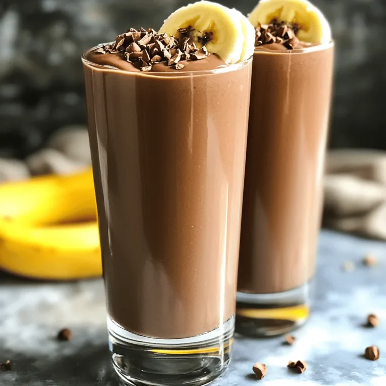 To make a tasty Chocolate Banana Smoothie, gather these key ingredients: - 2 ripe bananas, peeled and roughly chopped - 2 tablespoons unsweetened cocoa powder - 1 tablespoon almond butter (or your favorite nut butter) - 1 cup unsweetened almond milk (or any milk of your preference) - 1 tablespoon honey or maple syrup (adjust based on your sweetness preference) - 1/2 teaspoon pure vanilla extract - A pinch of sea salt - Ice cubes (optional, for a creamier consistency) You can boost the flavor of your smoothie with some extra ingredients: - A scoop of protein powder for added nutrition - A handful of spinach for a green twist - A tablespoon of chia seeds for extra fiber - A dash of cinnamon for warmth and spice - A few berries for a fruity kick Each ingredient packs a nutritional punch. Here’s how they help you: - Bananas provide potassium and energy. They make the smoothie creamy. - Cocoa powder is rich in antioxidants and adds a deep chocolate flavor. - Almond butter offers healthy fats and protein to keep you full. - Almond milk is low in calories and dairy-free, perfect for different diets. - Honey or maple syrup gives natural sweetness with vitamins. - Vanilla extract adds a lovely aroma and extra flavor. - Sea salt enhances the overall taste of the smoothie. For the full recipe, check the section above. Enjoy blending your smoothie! Start by gathering your ingredients. You will need ripe bananas, cocoa powder, and almond butter. Peel the bananas first. Break them into smaller pieces. This makes blending easier. Measure out the cocoa powder and almond butter. Use a measuring spoon for accuracy. Get your almond milk ready too. It helps create a creamy texture. Now, put the banana pieces into your blender. Add the cocoa powder and almond butter next. Pour in the almond milk. Then, add honey or maple syrup for sweetness. Don’t forget the vanilla extract and a pinch of sea salt. If you want it chilled, add ice cubes. Blend everything on high speed for 1-2 minutes. Stop to scrape the sides if needed. You want a smooth and creamy mix. After blending, taste your smoothie. If it’s not sweet enough, add more honey or maple syrup. Blend again briefly to mix. If the smoothie is too thick, add a splash more almond milk. Blend again until it reaches your desired texture. Pour the smoothie into glasses and enjoy this tasty drink! For a fun twist, check the Full Recipe for extra tips. Choose bananas that are yellow with few brown spots. This shows they are ripe and sweet. Avoid green bananas, as they are not sweet enough. If your bananas are still green, leave them at room temperature for a few days. You can speed up ripening by placing them in a paper bag. This traps gases that help bananas ripen faster. To get a smooth texture, use ripe bananas and blend at high speed. Start with the liquids first, like almond milk, before adding the banana and cocoa powder. This helps mix well. If you want a thicker smoothie, add ice cubes. If it’s too thick, add more liquid until you reach your desired consistency. Blending longer can also help create a creamier drink. A high-speed blender is best for this smoothie. It ensures everything blends smoothly. If you don’t have one, a regular blender works, but you may need to blend longer. A measuring cup and spoons help you get the right amounts. A rubber spatula is handy for scraping down the sides of the blender. This ensures all ingredients mix well. For serving, use tall glasses to show off your delicious creation. {{image_4}} You can boost your smoothie with protein. This helps keep you full longer. Try adding a scoop of your favorite protein powder. It blends in well and adds nutrition. Greek yogurt is another great option. It gives a creamy texture and a protein punch. Use about half a cup for a balanced option. If you need dairy-free options, swap almond milk for oat or coconut milk. These work well without changing the taste much. For nut-free alternatives, use sun butter instead of almond butter. You can also skip the nut butter if you prefer. Just add a little more banana to keep the sweetness. Want to jazz it up? Add spices like cinnamon or nutmeg. These give a warm flavor that pairs nicely with banana and chocolate. You can also mix in other fruits. Try adding a handful of spinach for greens or berries for a fruity twist. Each option brings a new taste to your chocolate banana smoothie. Explore the [Full Recipe] for more ideas on creating your perfect smoothie! If you have leftover smoothie, pour it into a clean glass jar. Seal it tightly with a lid. Store it in the fridge for up to 24 hours. This keeps it fresh. When you're ready to drink, give it a good shake. If the smoothie has separated, that’s normal. Just mix it back up. You can freeze your smoothie ingredients for later use. Peel and chop ripe bananas, then place them in a freezer bag. Add cocoa powder and almond butter to individual bags, too. This makes it easy to blend later. Just remember to label your bags. Include the date so you know when to use them. To enjoy your frozen smoothie, take it out of the freezer. Let it thaw in the fridge for a few hours. If you're in a rush, you can blend it straight from the freezer. Just add a bit more almond milk to help it blend smoothly. Blend until it reaches your desired texture. Enjoy your tasty drink anytime! For the full recipe, check out the Choco-Banana Bliss Smoothie. Yes, you can make this smoothie ahead of time. Just blend all the ingredients and store it in the fridge. It tastes best when fresh, but it will stay good for one day. If you want to keep it longer, pour it into ice cube trays. You can blend the cubes later for a quick treat! If you don’t have almond butter, try peanut butter or sunflower seed butter. These options give a rich flavor, just like almond butter. You can also use tahini for a nut-free choice. Each option brings its unique taste, so feel free to experiment! Yes, this smoothie is perfectly vegan! It uses almond milk and plant-based sweeteners. Just make sure to pick a nut butter that is also vegan. This drink is healthy and fits well into any vegan meal plan. Enjoy it without worry! This blog post covered everything you need for a great chocolate banana smoothie. You learned the key ingredients, how to prep and blend them, and tips for the perfect texture. We also explored tasty variations and how to store leftovers. In my final thoughts, enjoy being creative with your smoothies. Simple swaps can lead to new favorites. Keep experimenting, and enjoy your delicious and healthy choices!