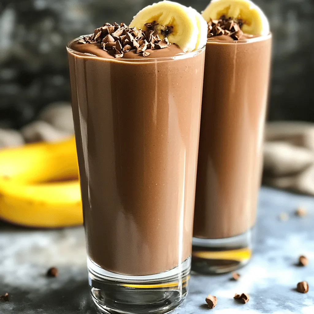 To make a tasty Chocolate Banana Smoothie, gather these key ingredients: - 2 ripe bananas, peeled and roughly chopped - 2 tablespoons unsweetened cocoa powder - 1 tablespoon almond butter (or your favorite nut butter) - 1 cup unsweetened almond milk (or any milk of your preference) - 1 tablespoon honey or maple syrup (adjust based on your sweetness preference) - 1/2 teaspoon pure vanilla extract - A pinch of sea salt - Ice cubes (optional, for a creamier consistency) You can boost the flavor of your smoothie with some extra ingredients: - A scoop of protein powder for added nutrition - A handful of spinach for a green twist - A tablespoon of chia seeds for extra fiber - A dash of cinnamon for warmth and spice - A few berries for a fruity kick Each ingredient packs a nutritional punch. Here’s how they help you: - Bananas provide potassium and energy. They make the smoothie creamy. - Cocoa powder is rich in antioxidants and adds a deep chocolate flavor. - Almond butter offers healthy fats and protein to keep you full. - Almond milk is low in calories and dairy-free, perfect for different diets. - Honey or maple syrup gives natural sweetness with vitamins. - Vanilla extract adds a lovely aroma and extra flavor. - Sea salt enhances the overall taste of the smoothie. For the full recipe, check the section above. Enjoy blending your smoothie! Start by gathering your ingredients. You will need ripe bananas, cocoa powder, and almond butter. Peel the bananas first. Break them into smaller pieces. This makes blending easier. Measure out the cocoa powder and almond butter. Use a measuring spoon for accuracy. Get your almond milk ready too. It helps create a creamy texture. Now, put the banana pieces into your blender. Add the cocoa powder and almond butter next. Pour in the almond milk. Then, add honey or maple syrup for sweetness. Don’t forget the vanilla extract and a pinch of sea salt. If you want it chilled, add ice cubes. Blend everything on high speed for 1-2 minutes. Stop to scrape the sides if needed. You want a smooth and creamy mix. After blending, taste your smoothie. If it’s not sweet enough, add more honey or maple syrup. Blend again briefly to mix. If the smoothie is too thick, add a splash more almond milk. Blend again until it reaches your desired texture. Pour the smoothie into glasses and enjoy this tasty drink! For a fun twist, check the Full Recipe for extra tips. Choose bananas that are yellow with few brown spots. This shows they are ripe and sweet. Avoid green bananas, as they are not sweet enough. If your bananas are still green, leave them at room temperature for a few days. You can speed up ripening by placing them in a paper bag. This traps gases that help bananas ripen faster. To get a smooth texture, use ripe bananas and blend at high speed. Start with the liquids first, like almond milk, before adding the banana and cocoa powder. This helps mix well. If you want a thicker smoothie, add ice cubes. If it’s too thick, add more liquid until you reach your desired consistency. Blending longer can also help create a creamier drink. A high-speed blender is best for this smoothie. It ensures everything blends smoothly. If you don’t have one, a regular blender works, but you may need to blend longer. A measuring cup and spoons help you get the right amounts. A rubber spatula is handy for scraping down the sides of the blender. This ensures all ingredients mix well. For serving, use tall glasses to show off your delicious creation. {{image_4}} You can boost your smoothie with protein. This helps keep you full longer. Try adding a scoop of your favorite protein powder. It blends in well and adds nutrition. Greek yogurt is another great option. It gives a creamy texture and a protein punch. Use about half a cup for a balanced option. If you need dairy-free options, swap almond milk for oat or coconut milk. These work well without changing the taste much. For nut-free alternatives, use sun butter instead of almond butter. You can also skip the nut butter if you prefer. Just add a little more banana to keep the sweetness. Want to jazz it up? Add spices like cinnamon or nutmeg. These give a warm flavor that pairs nicely with banana and chocolate. You can also mix in other fruits. Try adding a handful of spinach for greens or berries for a fruity twist. Each option brings a new taste to your chocolate banana smoothie. Explore the [Full Recipe] for more ideas on creating your perfect smoothie! If you have leftover smoothie, pour it into a clean glass jar. Seal it tightly with a lid. Store it in the fridge for up to 24 hours. This keeps it fresh. When you're ready to drink, give it a good shake. If the smoothie has separated, that’s normal. Just mix it back up. You can freeze your smoothie ingredients for later use. Peel and chop ripe bananas, then place them in a freezer bag. Add cocoa powder and almond butter to individual bags, too. This makes it easy to blend later. Just remember to label your bags. Include the date so you know when to use them. To enjoy your frozen smoothie, take it out of the freezer. Let it thaw in the fridge for a few hours. If you're in a rush, you can blend it straight from the freezer. Just add a bit more almond milk to help it blend smoothly. Blend until it reaches your desired texture. Enjoy your tasty drink anytime! For the full recipe, check out the Choco-Banana Bliss Smoothie. Yes, you can make this smoothie ahead of time. Just blend all the ingredients and store it in the fridge. It tastes best when fresh, but it will stay good for one day. If you want to keep it longer, pour it into ice cube trays. You can blend the cubes later for a quick treat! If you don’t have almond butter, try peanut butter or sunflower seed butter. These options give a rich flavor, just like almond butter. You can also use tahini for a nut-free choice. Each option brings its unique taste, so feel free to experiment! Yes, this smoothie is perfectly vegan! It uses almond milk and plant-based sweeteners. Just make sure to pick a nut butter that is also vegan. This drink is healthy and fits well into any vegan meal plan. Enjoy it without worry! This blog post covered everything you need for a great chocolate banana smoothie. You learned the key ingredients, how to prep and blend them, and tips for the perfect texture. We also explored tasty variations and how to store leftovers. In my final thoughts, enjoy being creative with your smoothies. Simple swaps can lead to new favorites. Keep experimenting, and enjoy your delicious and healthy choices!