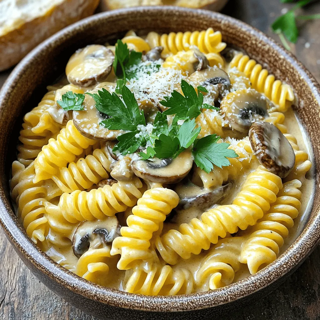 - 12 oz (340g) pasta (fusilli or penne) - 8 oz (230g) mushrooms (cremini or button) - 1 cup heavy cream (or coconut cream for dairy-free) - ½ cup grated Parmesan cheese (optional) For this dish, I love using fusilli or penne pasta. Both hold the creamy sauce well. Cremini mushrooms bring a rich flavor, but button mushrooms work just as well. Heavy cream makes the sauce luscious. You can use coconut cream if you want a dairy-free option. Parmesan cheese adds depth and saltiness, but you can skip it for a lighter dish. - 1 teaspoon dried thyme - 1 teaspoon dried oregano - Salt and pepper to taste Dried thyme and oregano add warmth to the pasta. They enhance the mushroom flavor. Always season with salt and pepper for a balanced taste. Adjust these to fit your preference. - Fresh parsley - Crusty bread for serving Fresh parsley adds a pop of color and freshness. It’s a nice touch on top of the pasta. I also recommend serving this dish with crusty bread. It’s perfect for soaking up the creamy sauce. For the full recipe and detailed cooking steps, check out [Full Recipe]. Sautéing the onion and garlic To start, take a large pot and warm 2 tablespoons of olive oil over medium heat. Once the oil is hot, add 1 medium onion, finely chopped. Sauté for about 3-4 minutes until the onion turns soft and translucent. Next, mix in 4 cloves of minced garlic. Cook this for another minute, letting the garlic flavor build. Cooking the mushrooms Now, it's time to add 8 oz of sliced mushrooms, either cremini or button. Stir them into the pot. Sauté for 5-7 minutes until the mushrooms turn a lovely golden brown. Stir occasionally to make sure they cook evenly. Adding pasta and liquids Once the mushrooms are ready, add 12 oz of your chosen pasta, like fusilli or penne, into the pot. Pour in 4 cups of vegetable broth and 1 cup of heavy cream. Sprinkle in 1 teaspoon each of dried thyme and oregano. Stir everything well, ensuring the pasta is coated in the broth mixture. Seasoning the mixture Now, season the mixture with salt and pepper to taste. This step is crucial as it enhances the overall flavor of the dish. Keep stirring to blend the seasonings into the creamy sauce. Bringing to a boil Increase the heat to bring the mixture to a rolling boil. Keep an eye on it to avoid any overflow. Once boiling, reduce the heat to medium-low. Simmering and thickening Cover the pot and let it simmer for about 12-15 minutes. Stir occasionally to prevent the pasta from sticking. The pasta should reach an al dente texture, and the sauce will thicken beautifully. If you want, mix in ½ cup of grated Parmesan cheese now for added richness. Remove the pot from heat and let it rest for 2-3 minutes. This helps the sauce thicken further. For the full recipe, check out the One-Pot Creamy Mushroom Pasta details. Enjoy this simple yet flavorful dish! To achieve al dente pasta, follow these steps: - Use plenty of water for boiling. A large pot helps. - Add salt to the water before boiling. This adds flavor. - Cook the pasta for 1-2 minutes less than the package states. - Taste the pasta to check doneness. It should be firm but not hard. For a perfect creamy sauce: - Start with a good base of sautéed onions and garlic. - Add the mushrooms and let them brown for deep flavor. - Pour in the heavy cream after the pasta absorbs some broth. - Stir constantly to blend the sauce. It should coat the pasta nicely. For this recipe, you'll need: - A large pot to cook everything in one go. - A wooden spoon for stirring the pasta and sauce. - A sharp knife and cutting board for chopping ingredients. These tools help you cook efficiently and keep your kitchen tidy. Serve this dish in warmed bowls for a cozy touch. - Top with extra Parmesan cheese for richness. - Add chopped parsley for a fresh, colorful look. - Pair with crusty bread for a delightful contrast. These simple enhancements make your dish more appealing and enjoyable. {{image_4}} You can easily make this dish fit your needs. - Use coconut cream instead of heavy cream for a dairy-free option. - Choose gluten-free pasta for a gluten-free meal. Add your favorite protein for a heartier dish. - Cook chicken or shrimp with the mushrooms for added flavor. - Toss in vegetables like spinach or peas to boost nutrition. Make this dish your own with fun regional flavors. - Try adding sun-dried tomatoes or olives for an Italian twist. - Use seasonal ingredients, like fresh asparagus in spring. For the full recipe, check the detailed instructions above. To keep your One-Pot Creamy Mushroom Pasta fresh, store it in an airtight container. Place it in the fridge. The pasta stays fresh for about 3 to 4 days. Make sure it cools down before sealing the container. This helps avoid sogginess. You can freeze this creamy pasta for later. Portion it into freezer-safe bags or containers. Remove as much air as possible. It can stay frozen for up to 2 months. When you're ready to eat, move it to the fridge overnight. Reheat it in a pot over low heat, stirring often. Add a splash of broth or cream to keep it creamy. For meal prep, divide the pasta into single servings. This makes it easy to grab and go. When reheating, use a pan over medium heat. Add a little water or broth to restore the creamy texture. Stir it well until heated through. This method keeps your meal tasty and delicious. To make this dish, start with a large pot. You will warm olive oil over medium heat. Add finely chopped onion and cook until soft. Then, mix in minced garlic and sliced mushrooms. Cook until mushrooms are golden brown. Next, add pasta, vegetable broth, and heavy cream to the pot. Sprinkle in dried thyme and oregano, and stir well. Increase the heat until boiling, then lower it to a simmer. Cover and cook for about 12-15 minutes until the pasta is tender. If you like, stir in grated Parmesan cheese for extra flavor. Finally, season with salt and pepper to taste. For full details, check the Full Recipe. Yes! You can easily swap some ingredients based on your needs. For pasta, you can use gluten-free options. Instead of heavy cream, coconut cream works well for a dairy-free version. For cheese, skip it or choose a plant-based alternative. You can also change the mushrooms; try shiitake or portobello for different flavors. Fresh herbs can replace dried ones if you have them. This pasta pairs well with simple side dishes. A fresh green salad adds a nice crunch. You can also serve garlic bread for a tasty contrast. For something warm, roasted vegetables work great. If you want extra protein, grilled chicken or shrimp complements the dish well. This blog post shows how to make One-Pot Creamy Mushroom Pasta. We covered key ingredients like pasta, mushrooms, and dairy. You learned step-by-step instructions to create a delicious dish, plus tips and tricks for cooking and serving. We also discussed various diet-friendly options and how to store leftovers properly. Remember, this dish is versatile and easy to adjust based on what you have. Enjoy your cooking adventure and impress your family with this creamy delight!
