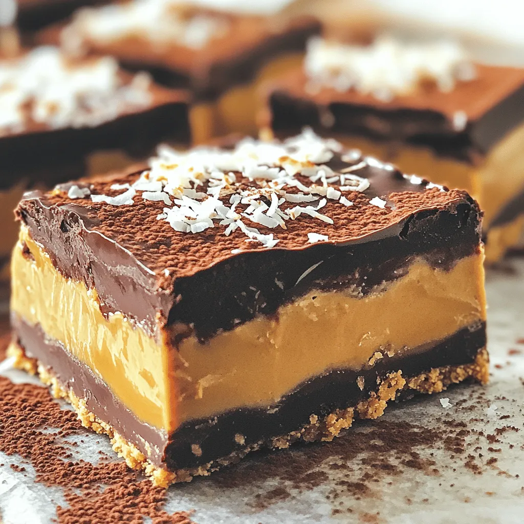 - 1 cup creamy peanut butter - 1 cup rolled oats - 1/2 cup honey or maple syrup - 1/2 cup unsweetened cocoa powder - 1/2 cup dark chocolate chips - 1/4 cup unsweetened shredded coconut (optional) - 1/4 teaspoon fine sea salt - 1 teaspoon pure vanilla extract When I set out to make no-bake chocolate peanut butter bars, I always gather my favorite ingredients first. The creamy peanut butter is rich and adds great flavor. Rolled oats give a nice texture and make the bars hearty. You can choose honey or maple syrup for sweetness—both work well. Cocoa powder is key for that rich chocolate taste. Dark chocolate chips melt beautifully on top, adding a smooth finish. Shredded coconut gives a fun twist, but it's optional. A sprinkle of sea salt balances all the sweet flavors. Finally, vanilla extract enhances everything, making it truly special. - Mixing bowls - Baking dish (8-inch by 8-inch) - Parchment paper - Spatula - Microwave-safe bowl Having the right tools makes cooking easier. I love using mixing bowls for combining my ingredients. An 8-inch by 8-inch baking dish works perfectly for this recipe. Lining it with parchment paper helps with easy removal later. A spatula is great for mixing and spreading the mixture evenly. Lastly, a microwave-safe bowl is a must for melting chocolate smoothly. For the full recipe, refer to the section above. - In a medium bowl, combine 1 cup of creamy peanut butter, 1/2 cup of honey (or maple syrup), and 1 teaspoon of pure vanilla extract. Mix well until smooth. - In another bowl, mix 1 cup of rolled oats, 1/2 cup of unsweetened cocoa powder, and 1/4 teaspoon of fine sea salt. Stir until blended. - Slowly add the dry mixture to the peanut butter mixture. Stir until well combined. If you want coconut, fold in 1/4 cup of unsweetened shredded coconut. - Prepare an 8-inch by 8-inch baking dish by lining it with parchment paper. Leave some paper hanging over the sides. - Place 1/2 cup of dark chocolate chips in a microwave-safe bowl. Heat in 30-second increments, stirring after each time, until melted and smooth. - Pour the melted chocolate over the peanut butter mixture in the baking dish. Use a spatula to spread it evenly. - Cover the dish with plastic wrap or foil. Place it in the fridge for at least 2 hours, or until the bars are firm. - Once set, lift the bars out using the parchment paper. Place them on a cutting board and cut into squares. For the full recipe, check the detailed instructions above. - Ensure room temperature for smooth mixing. Cold peanut butter does not blend well. - Press mixture firmly for even bars. A good press helps the bars hold together. - Dust with cocoa powder for a rich look. It adds a nice touch. - Add a sprinkle of shredded coconut. This gives a tropical twist to your bars. - Not properly measuring ingredients can ruin the taste. Use measuring cups for accuracy. - Overheating the chocolate makes it grainy. Heat in short bursts for the best results. For the Full Recipe, check out the steps to create this delightful treat! {{image_4}} You can switch things up by using almond butter instead of peanut butter. Almond butter adds a nice nutty taste. For a nutrition boost, consider adding protein powder. This makes the bars filling and extra healthy. Drizzling caramel or white chocolate on top gives a sweet touch. You can also sprinkle nuts or seeds for a satisfying crunch. These toppings make each bite fun and tasty. If you want a different sweetener, use agave syrup in place of honey. This gives you a vegan option. For a gluten-free version, simply use gluten-free oats. These swaps help everyone enjoy the bars. For the full recipe, check the section above! To keep your no-bake chocolate peanut butter bars fresh, follow these simple steps: - Store in an airtight container. - Keep refrigerated for up to one week. This helps maintain their flavor and texture. I find that using a glass container works best. It seals tight and prevents moisture. Want to keep your bars longer? You can freeze them! Here’s how: - They can be frozen for longer shelf life. - Thaw before serving. Cut the bars into pieces first. Then, wrap them in plastic wrap. Place them in a freezer-safe bag. When you're ready to enjoy, just remove the desired amount and let them sit at room temperature. Enjoy your treat anytime! For the full recipe, check the section above. To make these bars vegan, substitute honey with maple syrup. This swap keeps the sweetness. Ensure you use dairy-free chocolate for the topping. Many brands offer great options that taste just as good. Yes, you can omit cocoa. Instead, add more rolled oats or peanuts. This change will keep the bars tasty and satisfying. You can play around with flavors while sticking to the base recipe. These bars stay fresh for up to one week in the fridge. If you want to keep them longer, freeze them. They can last several months when frozen. Just thaw them before you eat. If you need an alternative to chocolate chips, try using carob chips. Chopped dried fruits work too. Both options add a nice twist to your bars and keep them delicious. You now know how to make delicious no-bake peanut butter bars. We covered the ingredients, tools, and step-by-step instructions. I shared tips to perfect your bars and variations to fit your taste. Always remember to store them properly for freshness. These bars are quick, easy, and packed with flavor. Enjoy making them your own while keeping it simple and fun!
