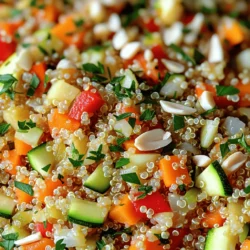 - 1 cup quinoa, thoroughly rinsed - 2 cups vegetable broth - 1 medium onion, finely chopped - 2 large carrots, diced - 1 red bell pepper, diced - 1 medium zucchini, diced - 2 cloves garlic, minced - 1 teaspoon ground cumin - 1 teaspoon smoked paprika - Salt and freshly ground black pepper to taste - 2 tablespoons extra virgin olive oil - 1/4 cup fresh parsley, finely chopped (for garnish) - 1/4 cup slivered almonds (optional for garnish) In my kitchen, I always start with the main ingredients. Quinoa is the star here. It’s packed with protein and fiber. Rinsing it is key, as it removes the bitter coating. I use vegetable broth for extra flavor. It makes the dish taste rich and warm. Onions, carrots, red bell peppers, zucchini, and garlic add color and nutrition. Each adds its own taste. The onions are sweet, the carrots are crunchy, and the zucchini is soft. These veggies blend well with quinoa. Next, the spices! Ground cumin and smoked paprika bring warmth and depth. They make the pilaf more exciting. I always add salt and pepper to enhance the flavors. For garnishes, I use extra virgin olive oil for richness. Fresh parsley adds a pop of green. Slivered almonds are optional but add nice crunch. This recipe is versatile. You can mix in other veggies or spices as you like. For the full recipe, check out the details in the cooking section. Enjoy your healthy and tasty quinoa vegetable pilaf! - Heat olive oil over medium heat. - Sauté finely chopped onion until soft and translucent. - Incorporate minced garlic, cumin, and paprika. Start by warming up your olive oil in a medium saucepan. You want it to shimmer but not smoke. Toss in your finely chopped onion and let it cook for about 3-4 minutes. You will know it's ready when the onions turn soft and clear. Now, add in the minced garlic, ground cumin, and smoked paprika. Stir this mix for about a minute until it smells amazing! - Stir in diced carrots, red bell pepper, and zucchini. - Sauté vegetables until softened. Next, it's time to add the colorful veggies! Stir in your diced carrots, red bell pepper, and zucchini. Cook these for about 5-7 minutes. You want them to soften but not lose their bright colors. This step adds both flavor and nutrition to your pilaf. - Rinse quinoa under cold running water. - Add quinoa to the saucepan and mix well. - Pour in vegetable broth and bring to simmer. Now, don’t forget to rinse your quinoa under cold water. This removes any bitter taste. After rinsing, add the quinoa to your saucepan and mix it well with the veggies. Pour in the vegetable broth. Bring this mixture to a gentle simmer. You’ll see little bubbles forming as it heats up. - Cover and cook until quinoa is tender. - Let sit covered for additional steaming. - Fluff quinoa with a fork and season to taste. Cover the saucepan and let it cook for about 15-20 minutes. Check it occasionally, but keep the lid on! After the time is up, remove it from heat and let it sit covered for 5 more minutes. This helps the quinoa steam and become fluffy. Finally, fluff it up with a fork and add salt and pepper to taste. For the full recipe, check out the details above! Rinsing quinoa is key before cooking. It removes bitter saponins that can ruin the taste. Place quinoa in a fine mesh strainer and rinse under cold water. Swirl it around to ensure all grains get cleaned. To check if your quinoa is fully cooked, look for little white tails. These tails are the germ and mean the quinoa is ready. If there’s still water, let it simmer a bit longer. You can make your quinoa pilaf even tastier. Adding spices like coriander or turmeric can give it a new twist. Fresh herbs like basil or thyme also work great. Adjusting the seasoning is easy. Start with a little salt and pepper, then taste. If you want more flavor, add a pinch more. Serve your Quinoa Vegetable Pilaf with a bright salad or grilled veggies. These sides add color and nutrients. For a pretty plate, use a ring mold. Pack the pilaf inside, then lift it off. Finish with a sprinkle of parsley and almonds on top. This makes your dish pop! {{image_4}} You can easily boost the protein in your pilaf. Adding chickpeas or lentils makes it filling. Just toss in a can of drained chickpeas or one cup of cooked lentils. They pair well with the quinoa and veggies. If you prefer plant-based options, try tofu or tempeh. Cut them into small cubes and sauté them with the onions. This adds a nice texture and flavor to your dish. You can also marinate them for extra taste. Choosing vegetables can make your pilaf more fun. Use seasonal veggies for the best flavor. Fresh spinach, peas, or even asparagus work great. They add color and nutrients. Frozen vegetables are a good option too. They are quick and easy. Just add them to the pan when you cook the quinoa. This saves time without losing taste. If you want to switch up your grains, consider brown rice or barley. Both have a rich flavor and chewy texture. Remember to adjust cooking times. Brown rice usually takes about 40-50 minutes to cook, while barley takes about 30-40 minutes. You can still enjoy a tasty meal while trying different grains. Each option gives you a unique twist on this dish. So feel free to experiment! For the complete recipe and more details, check out the Full Recipe. To store leftovers in the fridge, let the quinoa vegetable pilaf cool first. Then, place it in an airtight container. This keeps it fresh and safe to eat later. I recommend using glass containers. They don’t stain and are easy to clean. You can store it for up to four days in the fridge. To freeze quinoa vegetable pilaf, allow it to cool down completely. Then, transfer it to freezer-safe bags or containers. Remove as much air as you can. This helps prevent freezer burn. When you're ready to eat, thaw it overnight in the fridge. For best results, reheat it in a pan over low heat. You can add a splash of vegetable broth to keep it moist. In the fridge, the pilaf lasts about four days. In the freezer, it can stay good for up to three months. Look for signs of spoilage, like an off smell or mold. If it smells funny or looks odd, it’s best to throw it out. Always check before you eat! Yes, you can make Quinoa Vegetable Pilaf ahead of time. Just cook it, let it cool, and store it in an airtight container. It keeps well in the fridge for about 4-5 days. For meal prep, divide it into single portions. This makes it easy to grab and go. When ready to eat, just reheat in the microwave or on the stovetop. Yes, this recipe is gluten-free. Quinoa is a great grain that is naturally gluten-free. The vegetable broth and all the veggies are also gluten-free. You can enjoy this dish without worry if you are gluten-sensitive. You can add heat in several ways. Try adding red pepper flakes or cayenne pepper for a kick. If you like fresh heat, add diced jalapeños or serrano peppers. Adding a splash of hot sauce can also spice it up. Adjust the heat to your taste. Absolutely! Quinoa Vegetable Pilaf is perfect for meal prep. It is easy to portion out, and it reheats well. The flavors even get better after a day in the fridge. You can mix in your favorite proteins to make it more filling. Just remember to store it in airtight containers. This blog post covered how to make a tasty Quinoa Vegetable Pilaf. It included the main ingredients, step-by-step cooking instructions, and tips for adding flavor. I also shared variations and storage tips to keep your dish fresh. Remember, you can adapt this recipe easily with seasonal veggies or proteins. Enjoy the process of cooking and share this healthy dish with friends. Cooking can be fun and fulfilling!