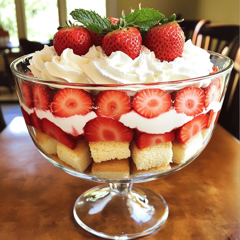 When you make a strawberry shortcake trifle, you need a few key ingredients. Here’s what you will need: - 2 cups fresh strawberries, hulled and sliced - 1/4 cup granulated sugar - 1 cup heavy cream - 1/3 cup powdered sugar - 1 teaspoon vanilla extract - 1 store-bought pound cake or sponge cake, cut into bite-sized cubes - 1/2 cup Greek yogurt (optional, for added creaminess) - Fresh mint leaves, for garnish Each ingredient plays a special role in the trifle. The strawberries bring sweetness and freshness. Granulated sugar helps to enhance their flavor. Heavy cream creates a rich, fluffy layer. Powdered sugar adds sweetness to the cream. Vanilla extract gives a warm, rich taste. The pound cake or sponge cake acts as the base. Greek yogurt adds creaminess and a slight tang if you choose to use it. Lastly, fresh mint leaves make the dish look extra nice. You can find the full recipe to see how everything comes together in this delightful dessert! To start, place the sliced strawberries in a mixing bowl. Sprinkle 1/4 cup of granulated sugar over the strawberries. Toss them gently to coat. This step is crucial. It helps the strawberries release their sweet juices. Set them aside for about 15 minutes. This process is called macerating. You will see the strawberries become juicy and flavorful. Next, grab a separate bowl for the cream. Pour in 1 cup of heavy cream. Add 1/3 cup of powdered sugar and 1 teaspoon of vanilla extract. Use an electric mixer to whip the mixture. Set it to medium-high speed. You want to whip until soft peaks form. This means the cream should look fluffy. If you want a creamier texture, fold in 1/2 cup of Greek yogurt gently. This adds richness to your whipped cream. Now, it's time to assemble your trifle. Use a clear trifle dish or individual glasses. Start by adding a layer of cake cubes at the bottom. Use 1 store-bought pound cake or sponge cake, cut into bite-sized pieces. This creates a solid base. Next, spoon a layer of the macerated strawberries over the cake cubes. Make sure to spread them evenly. Follow this with a generous layer of whipped cream. Smooth it out with a spatula for a nice finish. Repeat this layering process. Start with more cake cubes, then add more strawberries, and finally, another layer of whipped cream. Keep layering until your dish is filled. Finish with a lovely layer of whipped cream on top. For a beautiful touch, garnish the trifle with whole strawberries and fresh mint leaves. This adds color and freshness to your dessert. For the full recipe, check the previous section. To make the best whipped cream, start with chilled tools. Use a cold bowl and beaters. This helps the cream whip up nicely. Whip until you see soft peaks form. Soft peaks mean the cream holds its shape but is still fluffy. If you want a richer flavor, mix in Greek yogurt. It adds creaminess and a slight tang. Just fold it in gently so you keep the airiness. When layering your trifle, aim for even layers. This makes each bite delightful. Start with cake cubes at the bottom. Use a spatula to spread the strawberries evenly. The goal is to have each layer show through the glass. If you plan to store it, assemble it just before serving. This keeps the cake from getting soggy. Garnishing your trifle makes it pop. Use whole strawberries on top. They look fresh and inviting. Add mint leaves for a splash of color. If you want a fun twist, consider using small jars instead of a big trifle dish. It makes serving easy and looks cute too. {{image_4}} You can change the fruit in your trifle to match the seasons. Use peaches or blueberries in the summer. In the fall, try apples or pears. Mixing different fruits adds unique flavors. For a berry mix, use strawberries, blueberries, and raspberries together. This gives a colorful look and a burst of taste. Infusing your trifle with different extracts can elevate its taste. Almond extract creates a nutty flavor that pairs well with fruit. Coconut extract adds a tropical vibe. Adjust the sweetness by changing the sugar amount. If you like it less sweet, reduce the sugar in the whipped cream. You can even add a splash of lemon juice for a tangy kick. You can easily make gluten-free options for this dessert. Use gluten-free cake instead of regular pound cake. For vegan-inspired alternatives, replace heavy cream with coconut cream or whipped aquafaba. Adjust the sugar to your taste, and ensure all your ingredients are plant-based. These swaps make the trifle enjoyable for everyone. For the full recipe, check out the Strawberry Shortcake Trifle Delight. To store your Strawberry Shortcake Trifle, cover it well with plastic wrap or a lid. This helps keep it fresh. Place the trifle in the fridge. The trifle stays good for about 3 days in the fridge. After that, the cake may get soggy, and the cream may lose its fluffiness. You can freeze parts of the trifle, but not the whole dish. Freeze the cake cubes and the strawberries separately. This way, they stay fresh. The whipped cream does not freeze well, so I recommend making that fresh when you serve. To thaw, place the frozen cake and strawberries in the fridge overnight. Once thawed, layer everything again for a fresh taste. Enjoy your trifle with a dollop of fresh whipped cream on top. For the full recipe, check the details above. You can make a lighter trifle by using low-fat ingredients. Try these substitutions: - Use a low-fat whipped topping instead of heavy cream. - Choose a sugar substitute like stevia or monk fruit for sweetening. - Replace pound cake with angel food cake for fewer calories. - You can also add more fresh strawberries for natural sweetness and flavor. These swaps will keep your dessert light yet still tasty. Yes, you can prepare this trifle ahead of time! It is best to assemble it a few hours before serving. This allows the flavors to blend well. However, if you need to make it even earlier, layer the components separately. Store the cake, strawberries, and whipped cream in the fridge. Assemble them just a few hours before serving for the best taste. If you want an alternative to powdered sugar, you have some good options: - Use granulated sugar and blend it until fine to mimic powdered sugar. - Try a sugar-free sweetener, like erythritol or xylitol, for a healthier choice. - Maple syrup can also work, but it might alter the texture slightly. These options will still give you sweetness without powdered sugar. This recipe serves about 6 to 8 people. If you want to adjust the portion sizes, simply change the amount of cake and strawberries used. For a bigger crowd, double the recipe. If you need fewer servings, halve the ingredients. Enjoy this delightful treat with friends and family! This blog post guides you through making a delicious Strawberry Shortcake Trifle. You learned about the key ingredients, like sugar, heavy cream, and cake. I outlined easy steps to prepare strawberries, whip cream, and layer your dessert. Don’t forget the tips for perfect cream and presentation. Try seasonal fruits or flavor twists to make it your own. Lastly, I shared how to store leftovers and make it ahead. Enjoy every bite of your trifle, and let your creativity shine!