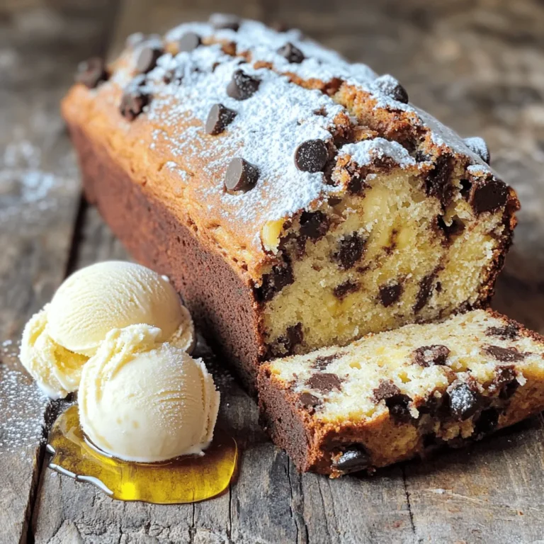 To make the best chocolate chip banana bread, you'll need these key items: - 3 ripe bananas, thoroughly mashed - 1/3 cup coconut oil, melted - 1 teaspoon pure vanilla extract - 1 teaspoon baking soda - A pinch of salt - 3/4 cup packed brown sugar - 1 large egg, beaten until frothy - 1 cup all-purpose flour - 1/2 cup semi-sweet chocolate chips - 1/2 teaspoon ground cinnamon These ingredients blend together to create a soft, tasty loaf. The ripe bananas add natural sweetness and moisture. The chocolate chips provide that delightful burst of flavor in every bite. You can enhance your banana bread with some fun extras: - 1/4 cup chopped walnuts or pecans for a crunchy texture - A dash of nutmeg for a warm spice flavor - Dried fruit like raisins or cranberries for a fruity twist Feel free to mix and match these add-ins based on what you like. Each option adds a unique touch. If you need to swap out some items, here are some great options: - Use applesauce instead of coconut oil for a lower fat option. - Replace brown sugar with honey or maple syrup for a different sweetness. - For gluten-free bread, try almond flour or a gluten-free blend instead of all-purpose flour. These substitutions help you adjust the recipe to fit your needs while keeping it delicious. For the complete recipe, check out the Full Recipe section. Start by preheating your oven to 350°F (175°C). This ensures even baking. While the oven heats, grease a 9x5 inch loaf pan. You can also line it with parchment paper. This makes it easy to remove the bread later. In a large bowl, mash 3 ripe bananas until smooth. Pour in 1/3 cup of melted coconut oil. Stir well until they blend together. Next, add 1 teaspoon of pure vanilla extract. Then, mix in 1 teaspoon of baking soda and a pinch of salt. Stir until everything is combined. Gradually add 3/4 cup of packed brown sugar, mixing until creamy. Beat 1 large egg until frothy and add it to the mixture. Fold in 1 cup of all-purpose flour gently. Stop mixing when you no longer see dry flour. Now, fold in 1/2 cup of semi-sweet chocolate chips and 1/2 teaspoon of ground cinnamon. If you like nuts, add 1/4 cup of chopped walnuts or pecans at this stage. Pour the batter into your prepared loaf pan. Smooth the top with a spatula. Place it in the oven and bake for about 60 minutes. To check if it’s done, insert a toothpick in the center. It should come out clean or with a few moist crumbs. When it’s ready, let the bread cool in the pan for about 10 minutes. Then, transfer it to a wire rack to cool completely. - Final Touches and Serving Suggestions: Slice the warm banana bread and enjoy it with honey or vanilla ice cream. Dust with powdered sugar for a nice touch. This simple addition makes it look beautiful and taste even better. For the full recipe, check the recipe section above. To get the best texture in your chocolate chip banana bread, use overripe bananas. They add natural sweetness and moisture. Mash them well until smooth. Mix the wet and dry ingredients gently. This prevents the bread from becoming tough. Also, avoid overmixing when adding the flour. Fold it in until you see no dry bits. This keeps the bread soft and fluffy. One common mistake is using cold eggs. Always use room-temperature eggs. They mix better and help the batter rise. Another mistake is not letting the bread cool. Always let it cool in the pan for a bit before moving it to a wire rack. This prevents it from breaking apart. Lastly, check the bread early. Ovens can cook at different rates. You want it just done, not overcooked. To boost the flavor of your chocolate chip banana bread, add a sprinkle of ground cinnamon. It complements the bananas well. You can also mix in nuts like walnuts or pecans. They add a nice crunch. If you want, try using dark chocolate chips instead of semi-sweet. This gives a richer taste. For an extra hint of flavor, a dash of nutmeg works wonders too. Don't forget to check the [Full Recipe] for the complete guide! {{image_4}} If you want a lighter version of chocolate chip banana bread, you can make a few swaps. First, replace the all-purpose flour with whole wheat flour. This adds fiber and nutrients. You can also use unsweetened applesauce in place of coconut oil. It keeps the bread moist while cutting down on fat. If you prefer less sugar, use a sugar substitute like honey or maple syrup. Adjust the amount to taste. To change up the taste, think outside the box! You can add spices like nutmeg or cardamom for warmth. Try mixing in peanut butter or almond butter for a nutty twist. Dried fruits, like raisins or cranberries, add sweetness and texture. For a touch of zest, consider adding orange or lemon zest. Each of these additions brings a unique flavor to your banana bread. For a gluten-free banana bread, use almond flour or a gluten-free flour blend. It works just as well and keeps the bread soft. To make it vegan, simply swap the egg for a flax egg. Mix one tablespoon of ground flaxseed with two and a half tablespoons of water. Let it sit for a few minutes until it thickens. This ensures your banana bread remains delicious and accessible for everyone. Now you can enjoy chocolate chip banana bread in many fun ways! For the full recipe, check out the Choco-Banana Bliss Bread. To keep your chocolate chip banana bread fresh, wrap it tightly in plastic wrap. You can also place it in an airtight container. This helps to lock in moisture and keeps the bread soft. Store it at room temperature for up to three days. If you live in a warm place, consider putting it in the fridge. Just remember, cold can dry it out a bit. If you want to save some for later, freezing is a great option. Let the bread cool completely first. Then, slice it into pieces. Wrap each slice in plastic wrap, and place them in a freezer bag. Make sure to remove as much air as you can. To thaw, take out a slice and leave it at room temperature for about an hour. You can also pop it in the microwave for a quick warm-up! When stored properly, banana bread can last about three days at room temperature. In the fridge, it can last up to a week. If you freeze it, expect it to stay good for about three months. Always check for signs of spoilage, like mold or an off smell, before eating. Enjoy your chocolate chip banana bread fresh and tasty! To make banana bread moist, use very ripe bananas. The riper they are, the more flavor and moisture they add. You can also add more fat, like coconut oil or butter. Adding an extra egg can also help. If you use milk or yogurt, it can add creaminess. Lastly, be careful not to overbake. Check for doneness a bit early to keep it soft. Yes, you can use frozen bananas! Just thaw them before using. They will be mushy, but that’s perfect for banana bread. Drain any extra liquid after thawing. Frozen bananas may even make your bread taste sweeter. This is a great way to use up overripe bananas you have stored in the freezer. To ripen bananas quickly, place them in a brown paper bag. This traps the ethylene gas, speeding up the ripening process. You can add an apple or a tomato to the bag for even faster results. If you need bananas right away, you can bake them in an oven at 300°F (150°C) for about 15-20 minutes. This method softens them and enhances their sweetness, making them perfect for your banana bread. In this post, I shared how to make delicious chocolate chip banana bread. We explored essential ingredients, possible add-ins, and key steps in baking. I also covered tips for texture, common mistakes, and flavor enhancements. Plus, we discussed healthier choices and storage options. Remember, baking is fun and allows for creativity. Experiment with flavors and ingredients. Enjoy your banana bread journey!