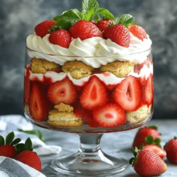 To make a tasty Strawberry Shortcake Trifle, you need these key ingredients: - 2 cups fresh strawberries, hulled and sliced - 1/4 cup granulated sugar - 1 teaspoon pure vanilla extract - 1 cup heavy whipping cream - 1/2 cup powdered sugar - 1 teaspoon vanilla bean paste (or more pure vanilla extract) - 8-10 store-bought shortcake cookies, crumbled into bite-sized pieces - Fresh mint leaves for a delightful garnish These ingredients create a sweet and creamy treat that everyone loves. You can customize your trifle with these fun options: - Use other berries like blueberries or raspberries. - Swap shortcake cookies for sponge cake or ladyfingers. - Add lemon zest for a fresh citrus twist. - Use flavored whipped cream, like chocolate or almond. Feel free to mix and match these options to make the dessert your own. If you don’t have some ingredients, here are some easy swaps: - Use frozen strawberries instead of fresh. Just thaw and drain them first. - Substitute coconut cream for heavy whipping cream for a dairy-free option. - Replace granulated sugar with honey or maple syrup for a natural sweetener. These substitutions keep the trifle flavorful and fun. You can still enjoy a great dessert even with changes. For the full recipe, check out the details above! First, you need to prepare the strawberries. Take 2 cups of fresh strawberries and hull them. Slice them into thin pieces. In a medium bowl, mix the sliced strawberries with 1/4 cup of granulated sugar and 1 teaspoon of pure vanilla extract. Gently toss them to coat. Let them sit for about 15 to 20 minutes. This helps the strawberries release their juices and makes a tasty syrup. Next, whip the cream. Grab 1 cup of heavy whipping cream and pour it into a mixing bowl. Use an electric mixer on medium speed to whip the cream. Gradually add in 1/2 cup of powdered sugar and 1 teaspoon of vanilla bean paste. Keep whipping until you see soft peaks form. The cream should be light and fluffy, perfect for your trifle layers. Now it’s time to assemble your trifle. Start by adding a layer of crumbled shortcake cookies into the bottom of a large glass trifle dish or individual serving cups. Cover the base evenly. Spoon a layer of your macerated strawberries on top. Don't forget to drizzle some of that sweet syrup over the strawberries. Next, add a generous layer of whipped cream, spreading it smoothly over the strawberries. Repeat this layering: shortcake cookies, strawberries, and whipped cream until you reach the top. Finish with a thick layer of whipped cream for a beautiful look. Cover the trifle and chill it in the fridge for at least 1 hour. This makes the flavors mix well and taste even better. Before you serve, add a few whole strawberries and some fresh mint leaves on top. This adds a pop of color and freshness to your delightful dessert! For the full recipe, check out the details provided above. To make your strawberry shortcake trifle shine, choose clear glasses. This way, everyone can see those lovely layers. Add a sprig of fresh mint on each glass for a pop of color. You can also drizzle some strawberry syrup on top for extra flair. A few whole strawberries perched on top can make it look even more enticing. You can switch up the flavors in your trifle. Try using blueberries or raspberries instead of strawberries. Mixing different berries adds a burst of color and flavor. For a tropical twist, use mango or pineapple with coconut whipped cream. You can even add a splash of liqueur, like Grand Marnier, to the whipped cream for an adult version. One common mistake is to over-whip the cream. If you whip it too much, it will turn grainy. Another mistake is not letting the strawberries sit long enough. The sugar helps create a syrup that enhances the flavor. Finally, don't skip the chilling step. This time lets the flavors meld. It makes your trifle taste even better. Follow these tips, and you will have a stunning dessert that impresses everyone. Check out the Full Recipe for more detailed steps. {{image_4}} To keep your trifle fresh, cover it tightly with plastic wrap. This helps prevent air from getting in. Place it in the fridge. It will stay good for up to 3 days. If you have extra strawberries or cream, store them separately. This keeps the layers from getting soggy. Chilling is key for a tasty trifle. After assembling, let it sit in the fridge for at least one hour. This allows the flavors to mix well. If you can, chill it overnight. The longer it sits, the better it tastes. Just remember to cover it well to keep it fresh. Freezing a trifle is tricky. I recommend not freezing it once assembled. The cream may separate and the fruit can get mushy. If you want to prepare ahead, freeze the shortcake cookies and strawberries separately. Thaw them in the fridge before assembling your trifle. This way, you keep the dessert fresh and delicious. For the full recipe, check the section above. You can pair this trifle with many tasty drinks. A glass of sparkling water works well. For a fruity twist, serve it with lemonade. If you like tea, a cup of sweet iced tea is a great match. The light flavors of these drinks enhance the trifle's sweetness. You can also try serving it with light snacks, like a cheese platter or fruit skewers. These will balance the rich cream and strawberries. Strawberry shortcake trifle shines at many events. It works great for summer picnics or birthday parties. Serve it at family gatherings for a sweet treat everyone will love. It’s also perfect for holiday celebrations like Independence Day or Memorial Day. You could even make it for a casual dinner party. The bright colors and layers make it eye-catching and fun. For portion sizes, I suggest serving the trifle in small glasses. This way, it feels special, and you can control the amount. Each glass should hold about half a cup. If you serve in a large bowl, use a ladle to scoop it out. Make sure to get equal layers for each serving. Garnish each portion with a mint leaf and a whole strawberry on top. This adds a lovely touch and makes it look fancy. Enjoy your delicious dessert! Yes, you can make Strawberry Shortcake Trifle ahead of time. I recommend preparing it a few hours before serving. This time allows the flavors to mix well. You can even make it the night before. Just store it in the fridge until you’re ready to serve. If you need a substitute for heavy cream, use coconut cream. It gives a nice texture and flavor. You can also try using whipped topping. It won’t taste the same, but it will work in a pinch. For a lighter option, use Greek yogurt. It adds creaminess without the fat. The trifle lasts about 3 days in the fridge. Make sure to cover it well. The longer it sits, the softer the layers may become. For the best taste and texture, enjoy it within the first 2 days. After that, the strawberries may release too much juice. This article covered everything you need for a perfect Strawberry Shortcake Trifle. We explored the main ingredients, options for customization, and easy substitutions. I shared step-by-step instructions for preparation and assembly. You learned tips for a great presentation and flavor variations. Don't forget storage tips for leftovers and serving suggestions for any event. Now you can enjoy making this delightful dessert. Happy trifle-making!