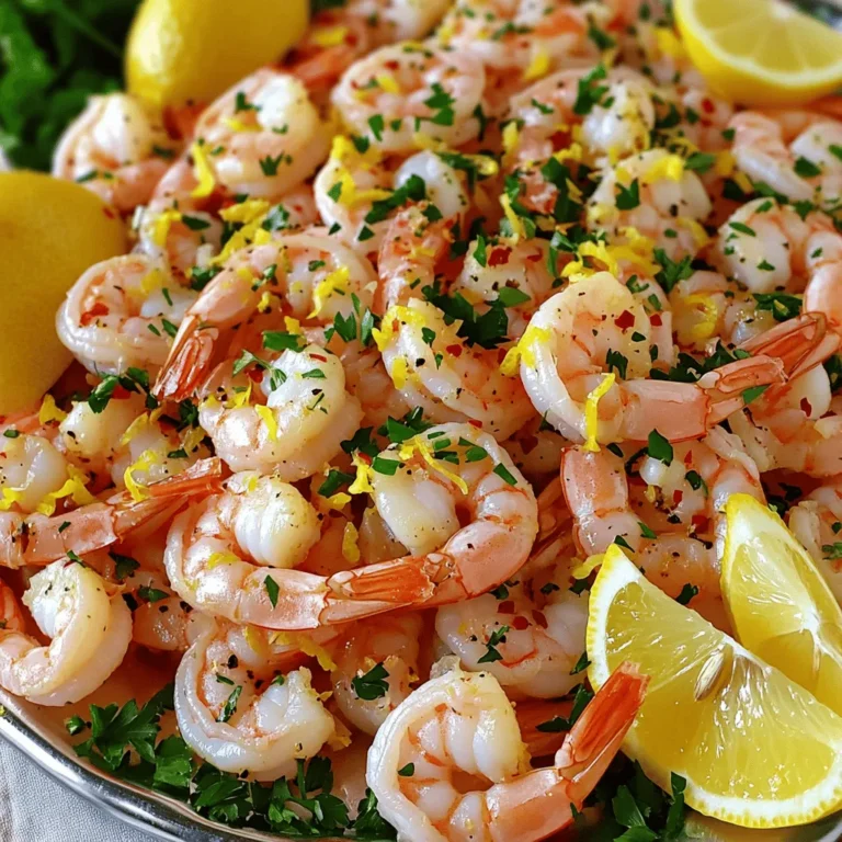 To make Zesty Lemon Garlic Shrimp, you need these simple ingredients: - 1 lb large shrimp, peeled and deveined - 4 cloves garlic, minced - Zest and juice of 2 fresh lemons - 1/4 cup extra virgin olive oil - 1 teaspoon red pepper flakes (adjust to your spice preference) - Sea salt and freshly cracked black pepper, to taste - 1/4 cup fresh parsley, finely chopped - Lemon wedges for serving These ingredients create a bright and tasty dish. The shrimp become juicy and flavorful, thanks to the garlic and lemon. If you can’t find some ingredients, don’t worry! Here are some easy swaps: - Shrimp: Use scallops or chicken for a different flavor. - Garlic: Garlic powder can replace fresh garlic in a pinch. - Lemon: Lime juice works well if you like a twist. - Olive oil: Avocado oil is a good substitute for cooking. - Red pepper flakes: Use fresh chili or omit for a milder dish. - Parsley: Fresh basil or cilantro can add a new taste. Feel free to mix and match based on what you have. Cooking is all about experimenting! Picking the right shrimp is key for this dish. Here are some tips: - Look for a clean scent: Fresh shrimp should smell like the sea and not fishy. - Check the color: Raw shrimp should be translucent and shiny. - Feel the texture: Fresh shrimp should feel firm, not mushy. - Frozen shrimp: If you buy frozen, ensure they are stored at a cold temperature. When you choose fresh shrimp, your dish will taste amazing. Enjoy the process of cooking! To make this dish, you need to follow a few simple steps. First, gather your ingredients. You will need large shrimp, garlic, lemons, olive oil, red pepper flakes, sea salt, black pepper, parsley, and lemon wedges. 1. Mix the Shrimp: In a large bowl, combine the shrimp, minced garlic, lemon zest, and lemon juice. 2. Add Olive Oil and Seasoning: Pour the olive oil over the mixture. Then sprinkle in red pepper flakes, salt, and pepper. Toss everything well. 3. Marinate: Let the shrimp sit for at least 15 minutes. This helps the flavors mix. 4. Heat the Skillet: Place a large skillet on medium-high heat. Wait until it's hot. 5. Cook the Shrimp: Arrange the shrimp in a single layer in the skillet. Cook for 2-3 minutes on each side. Look for a bright pink color and opaque texture. 6. Add Parsley: Remove the skillet from heat. Sprinkle chopped parsley over the shrimp and gently mix it in. 7. Serve: Serve your shrimp right away with lemon wedges. This gives an extra zesty flavor. Sautéing is quick and keeps the shrimp juicy. It also allows the flavors to blend well. You can easily control the heat when sautéing. Grilling adds a smoky taste but requires careful attention to avoid overcooking. Both methods work well, so choose what you prefer! To save time, prepare your ingredients first. Chop garlic and parsley ahead. Marinate the shrimp while you heat your skillet. This way, everything is ready when you need it. Also, keep the cooking time short. Shrimp cooks fast, so stay focused! For the complete recipe, check the Full Recipe. To make your Zesty Lemon Garlic Shrimp even better, add extra flavors. You can include fresh herbs like thyme or dill. These herbs brighten the dish. You might also try adding a splash of white wine. This adds depth and richness. A touch of honey can balance the tartness of lemon. If you like it spicy, consider adding diced jalapeños. This gives the dish a nice kick. Experimenting with these ingredients can lead to your perfect version. Avoid common mistakes to keep your shrimp tender. First, do not overcook shrimp. They cook fast and will turn rubbery if left too long. Second, do not skip the marinating step. It adds flavor and helps the shrimp absorb the garlic and lemon. Another mistake is using frozen shrimp without thawing properly. This can lead to uneven cooking. Always thaw shrimp in the fridge for best results. Lastly, do not crowd the pan. Cook shrimp in batches if needed to ensure they sear nicely. Cooking shrimp takes just a few minutes. Normally, cook shrimp for 2-3 minutes per side. They should turn pink and opaque. If they curl up tightly, they may be overcooked. Use a timer to keep track. If you want to check, cut one shrimp open. It should look white and firm inside. This way, you ensure each batch is cooked just right. Following these tips will help you create a delicious meal. For more detailed guidance, check the Full Recipe. {{image_4}} To spice up your Zesty Lemon Garlic Shrimp, add extra red pepper flakes. You can start with 1 teaspoon and adjust to your taste. If you want more heat, try using fresh jalapeños or chili peppers. Chop them finely and mix them in with the shrimp. This will give your dish a nice kick. The added heat enhances the lemon and garlic flavors, making it more exciting. For a Mediterranean twist, add capers and olives to your shrimp. Capers bring a briny flavor that complements the lemon. Just a tablespoon or two will do. Sliced black or green olives can also add a nice touch. Mix these into the shrimp before cooking. This variation takes your dish to a new level. It’s perfect for a casual dinner or a special occasion. If you're looking for a vegetarian option, try using mushrooms or zucchini. Both absorb flavors well and have a nice texture. For mushrooms, use large portobellos or shiitakes. Cut them into thick slices and marinate just like shrimp. Zucchini can be sliced into rounds or sticks. Both options give you a similar zesty taste without seafood. You can still enjoy the bright lemon and garlic flavors in a new way. For all these variations, refer to the Full Recipe for guidance. Enjoy experimenting with different flavors! Store leftover shrimp in an airtight container. This keeps them fresh and safe. Make sure to cool the shrimp to room temperature before sealing them. You can also cover the dish tightly with plastic wrap. Avoid leaving shrimp out for too long. Bacteria can grow quickly in warm temperatures. When you reheat shrimp, aim for low heat. Place them in a skillet over medium-low. Add a splash of olive oil or a bit of butter. This helps keep them moist. Heat for just a few minutes. Stir gently to avoid breaking the shrimp. You want them warm, not cooking them again. Zesty Lemon Garlic Shrimp lasts about 2 to 3 days in the fridge. After that, the quality may drop. Always check for any off smells or changes in texture before consuming. If you want to keep them longer, consider freezing them. This can extend their life for up to 2 months. Just remember to thaw them in the fridge before reheating. To peel and devein shrimp, hold the shrimp in one hand. With the other hand, start at the head end. Gently pull the shell off. You can remove the tail if you want. Next, use a sharp knife to make a shallow cut along the back. This cut will show the dark vein. Use the knife to lift it out. Rinse the shrimp well under cold water. Now they are ready for your Zesty Lemon Garlic Shrimp dish! You can tell shrimp are cooked when they turn a bright pink color. They should also look opaque. If they curl into a tight "C" shape, they are usually done. Cooking time is about 2-3 minutes per side, depending on size. Avoid overcooking; this makes shrimp rubbery. For the best results, check them closely as they cook. Yes, you can prepare Zesty Lemon Garlic Shrimp ahead of time! You can marinate the shrimp for up to 30 minutes before cooking. If you want to prep even more, you can peel and devein the shrimp a day before. Store them in the fridge until you are ready to cook. Just remember, shrimp are best fresh. So, try to cook them on the same day for the best taste. For the full recipe, check the earlier sections! This blog post covered key ingredients, cooking steps, and helpful tips for Zesty Lemon Garlic Shrimp. You learned about substitutions, cooking methods, and ways to enhance flavor. Avoid common mistakes to ensure your shrimp turns out perfect every time. Remember, experimenting with variations can lead to new and exciting meals. Lastly, proper storage and reheating will keep leftovers tasty. Use these insights to cook delicious shrimp dishes that impress. Enjoy the process, and happy cooking!