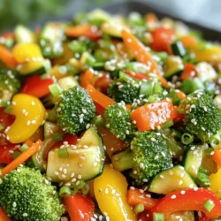 - Fresh broccoli florets - Red and yellow bell peppers - Carrots and zucchini - Snap peas I love using fresh vegetables for a quick stir-fry. Fresh broccoli florets add crunch. The red and yellow bell peppers bring color and sweetness. Carrots and zucchini give a nice texture. Snap peas add a delightful snap to every bite. - Minced garlic and grated ginger - Soy sauce and honey/maple syrup - Sesame oil Aromatics make your dish pop. Minced garlic and grated ginger give a fragrant base. Soy sauce adds saltiness and depth. Honey or maple syrup sweetens the mix, balancing flavors. Sesame oil adds a rich, nutty taste. - Cornstarch and water mixture - Salt and black pepper to taste If you like a thicker sauce, use a cornstarch and water mix. It helps bind the flavors together. Don't forget to season with salt and black pepper to taste. This step can elevate your dish, making it even tastier. You can find the Full Recipe for this easy veggie stir fry, which will guide you through the steps to create this delicious meal. Start by heating a large skillet or wok over medium-high heat. You want it hot for the best stir-fry. After a minute, pour in the sesame oil. Let it warm for a few seconds to get that delicious flavor. Now, add the minced garlic and grated ginger to the pan. Stir-fry these aromatics for about 30 seconds. You want them to smell great, but watch closely so they don’t burn. This step adds a lovely depth of flavor. Next, add the broccoli florets and julienned carrots. Stir-fry these veggies for 2-3 minutes. They should become tender but still crisp. After that, toss in the sliced red and yellow bell peppers and zucchini. Keep stirring for another 2-3 minutes until they look bright and slightly soft. Add the snap peas to the mix. Then drizzle the soy sauce and honey (or maple syrup) over the veggies. Toss everything to coat them well in the sauce. If you want a thicker sauce, mix cornstarch with water and add it now. Cook for another 1-2 minutes until the sauce thickens. Season with salt and black pepper to taste. Now you can remove the skillet from the heat. For the full recipe, check out the details above. Enjoy your vibrant veggie stir-fry hot with a sprinkle of toasted sesame seeds and chopped green onions! For a great stir-fry, high heat is key. It helps cook the veggies fast. Use a large skillet or wok to let everything move freely. Stir often to cook all the pieces evenly. This keeps them crisp and colorful. To make your stir-fry pop, add extra spices. Try red pepper flakes for heat. You can also mix in some ground coriander or cumin for depth. Fresh herbs like basil and cilantro brighten up the dish. Sprinkle them on right before serving for a fresh taste. For a beautiful presentation, serve your stir-fry over rice or quinoa. The grains soak up the sauce well. Choose colorful plates to show off the vibrant veggies. You can even add a lemon wedge on the side. This gives a nice burst of flavor and looks great! You can find the Full Recipe to create your own tasty version. {{image_4}} You can add protein to your stir-fry for more flavor and nutrition. Try using tofu, chicken, or shrimp. For tofu, cut it into cubes and fry until golden. If you choose chicken, slice it thinly and cook it before adding veggies. Shrimp cooks fast, so add it last. This way, it stays tender and juicy. Using seasonal veggies can make your stir-fry even better. In spring, try asparagus and snap peas. Summer is great for bell peppers and zucchini. In fall, use squash and carrots. Winter is perfect for broccoli and kale. Choose what’s fresh at your store. This helps you save money and get the best taste. Soy sauce is a classic choice, but you have options. Try teriyaki sauce for a sweet twist. You can also use coconut aminos for a soy-free option. For spice lovers, add sriracha or chili paste. Mix flavors to find what you love. Each sauce gives your stir-fry a unique taste. To keep your veggie stir fry fresh, store leftovers in airtight containers. Glass or plastic containers with tight lids work well. Make sure to let the stir fry cool down before sealing. This helps prevent condensation and keeps the veggies crisp. You can store your stir fry in the fridge for up to three days. When it’s time to reheat, use a skillet or a wok. Heat it over medium heat and add a splash of water or oil. This keeps the veggies moist. Stir often to heat evenly. Avoid using the microwave, as it can make the veggies soggy. If you do use the microwave, heat it in short bursts and stir in between. Enjoy your stir fry warm and fresh again! Yes, you can easily make this dish gluten-free. Simply use tamari instead of soy sauce. Tamari tastes similar but is made without wheat. It gives your stir fry the same great flavor without gluten. This recipe is quick! It takes about 10 minutes to prep and 10 minutes to cook. In just 20 minutes, you can have a tasty meal ready. Pair this stir fry with fluffy rice or quinoa for a filling meal. You can also serve it with a light salad or steamed dumplings. These sides complement the stir fry well. Yes! Frozen veggies can work great in this stir fry. Just make sure to thaw them first. Drain excess water before adding them to the pan. This way, your stir fry won't get soggy. Absolutely! This stir fry is perfect for meal prep. You can cook a big batch and store it in the fridge. It stays fresh for up to three days. Just reheat it before serving. If you have leftovers, get creative! You can mix them into a wrap or toss them with pasta. They also work well in a soup. The options are endless for using up that tasty stir fry. For the full recipe, check out the detailed instructions above. This blog post shared a simple and tasty vegetable stir-fry recipe. We covered fresh veggies, seasonings, and cooking tips. You learned how to prep the dish step-by-step, with options for proteins and sauces. In the end, stir-frying offers endless choices. Feel free to change ingredients and make it your way. Enjoy the fun of cooking!