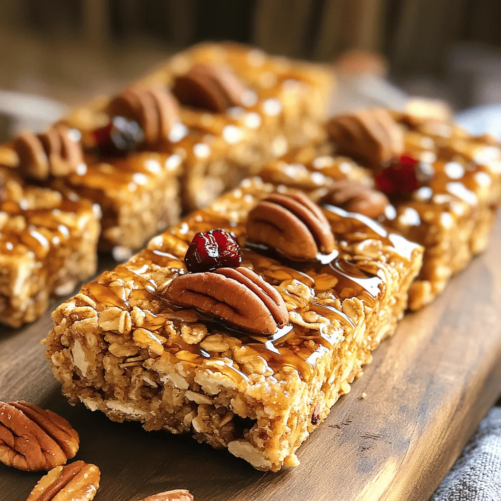 - 1 ½ cups rolled oats - ½ cup pecans, finely chopped - ½ cup almond butter - ½ cup pure maple syrup - ¼ cup honey or agave syrup - 1 teaspoon pure vanilla extract - ½ teaspoon salt - ½ cup dried cranberries or raisins - ¼ cup mini chocolate chips (optional) These ingredients are simple yet powerful. Each one plays a big role in making the bars tasty and healthy. Each serving has about 200 calories. The bars provide around 5 grams of protein, 9 grams of fat, and 30 grams of carbs. They also pack in 3 grams of fiber. This balance helps keep you full and satisfied. - Benefits of pecans: Pecans are rich in healthy fats. They can help lower bad cholesterol and support heart health. They also add a nice crunch to the bars. - Advantages of maple syrup: Maple syrup is a natural sweetener. It has antioxidants and minerals that support your health. It’s a great alternative to refined sugars. - Impact of oats on health: Oats are high in fiber. They help with digestion and can lower blood sugar levels. They also provide long-lasting energy, making them perfect for snacks. Using these ingredients, you can create a snack that is both good for you and delicious. For the full recipe, check out the [Full Recipe]. - First, preheat your oven to 350°F (175°C). This ensures even baking. - Next, prepare an 8x8 inch baking pan. Line it with parchment paper. Leave some overhang for easy removal later. - In a large mixing bowl, combine 1 ½ cups of rolled oats with ½ cup of finely chopped pecans. Stir well to mix them evenly. - In a small saucepan over low heat, combine ½ cup almond butter, ½ cup maple syrup, ¼ cup honey (or agave syrup), 1 teaspoon vanilla extract, and ½ teaspoon salt. Stir until it’s smooth and mixed well. Remove from heat. - Pour the warm almond butter mixture over the oat and pecan mix. Stir with a spatula until every piece is coated. - Add in ½ cup of dried cranberries (and mini chocolate chips, if you want). Gently fold them in. - Transfer the mixture into your prepared baking pan. Press it down firmly to make an even layer. - Bake in the preheated oven for 15-20 minutes, until the edges turn golden brown. - After baking, take the pan out of the oven and let it cool completely in the pan. This helps the bars firm up. - Once cool, lift the mixture out using the parchment paper. Place it on a cutting board and cut it into bars. Enjoy your homemade Maple Pecan Granola Bars! For the complete recipe, check out the [Full Recipe]. To get the best texture in your Maple Pecan Granola Bars, packing the mixture tightly matters. When you press the mixture into the pan, use your hands or a spatula to really push it down. This helps the bars hold their shape after baking. If you don’t pack them well, they may crumble later. Cooling is just as important. After baking, let the bars cool completely in the pan. This step allows them to firm up and makes them easier to cut. If you try to cut them too soon, they might fall apart. When serving your granola bars, consider a rustic wooden board or a clean white plate. It gives a nice touch. You can drizzle some extra maple syrup over the top for sweetness. Sprinkle a few whole pecans and dried cranberries on top for color and charm. If you want to impress, cut the bars into different shapes. Try squares, rectangles, or even fun shapes with cookie cutters. This makes them more fun for kids and guests alike. Sometimes, bars can fall apart. If this happens, it usually means you didn’t pack the mixture tightly enough. Next time, press down harder. If you find your bars too sweet or not sweet enough, you can adjust the recipe. For less sweetness, reduce the honey or maple syrup. For more sweetness, add a bit more maple syrup. Just remember to keep the overall balance of ingredients in mind. For the full recipe, check out the instructions above. {{image_4}} You can change the taste of your maple pecan granola bars easily. Adding spices like cinnamon or nutmeg can give them a warm flavor. Just sprinkle a teaspoon of your chosen spice into the oat mix. You can also mix in different nuts. Almonds, walnuts, or pistachios work great. They add crunch and flavor. If you want a vegan version, use agave syrup instead of honey. Almond butter is already vegan, so no changes are needed there. For those who need gluten-free options, make sure to use certified gluten-free oats. This way, everyone can enjoy these delicious bars. If you don't have almond butter, you can use peanut butter or cashew butter. Both will work well in this recipe. For sweetener swaps, try using maple sugar or coconut sugar. They can add a unique flavor and still make your bars sweet. Feel free to explore these variations to make the recipe your own! Check the Full Recipe for more ideas. To keep your maple pecan granola bars fresh, use airtight containers. This method helps to keep moisture out. You can also use plastic wraps, but they may not seal as well. Store the bars at room temperature for up to a week. If you want them to last longer, consider refrigeration. In the fridge, they can stay good for about two weeks. These granola bars taste best when fresh. They usually stay fresh for about one week at room temperature. If you notice a change in smell or texture, throw them out. Signs of spoilage include a hard texture or an off smell. Always trust your senses; if they seem off, it’s best to be safe. Freezing is a great option for longer storage. To freeze, wrap each bar in plastic wrap. Place them in a freezer bag or container. This method helps to avoid freezer burn. When you want a bar, simply take it out and let it thaw. You can eat them cold or warm them up in the microwave for a few seconds. Using frozen granola bars is easy; just grab one and enjoy! For the full recipe, check out the section above. To make these granola bars, follow these steps: 1. Preheat your oven to 350°F (175°C). Line an 8x8 inch pan with parchment paper. 2. Mix your dry ingredients. In a large bowl, combine 1 ½ cups rolled oats and ½ cup finely chopped pecans. 3. Combine the wet ingredients. In a small pan, heat ½ cup almond butter, ½ cup maple syrup, ¼ cup honey, 1 teaspoon vanilla, and ½ teaspoon salt. Stir until smooth. 4. Mix the wet and dry ingredients. Pour the almond butter mixture over the oats and pecans. Stir until well coated. 5. Add extras. Fold in ½ cup dried cranberries and optional mini chocolate chips. 6. Press into the pan. Transfer the mixture to the lined pan and press down firmly. 7. Bake. Place the pan in the oven and bake for 15-20 minutes until golden. 8. Cool and cut. Let it cool completely before cutting into bars. This recipe is simple and great for beginners. You can find the Full Recipe for more details. Yes, you can make these granola bars ahead of time. Here are some best practices for meal prepping: - Prepare in batches. Make a double batch and store extras for snacks. - Cool completely. Let them cool fully to achieve the right texture. - Store properly. Keep them in an airtight container to maintain freshness. - Freeze if needed. You can freeze them for longer storage. Just thaw them before eating. You can find pre-made Maple Pecan Granola Bars in many stores. Here are some options: - Top brands include: - Nature Valley - KIND - RXBAR - Store availability: - Most grocery stores have these brands. - Check online retailers for wider selections. These ready-made bars can be a quick snack if you don’t have time to bake! You now understand how to make delicious Maple Pecan Granola Bars. We've covered the key ingredients, the baking steps, and how to store them well. You learned nutritious benefits that support a healthy diet and enjoyed tips to perfect your bars. Whether you try different flavors or save some for later, these bars can fit into any routine. Keep our storage tips in mind to enjoy your tasty treats longer. I hope you feel inspired to create your own bars soon. Happy baking!